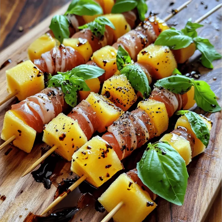 To make prosciutto melon skewers, you need only a few key items. Here’s what you will need: - 1 cantaloupe, cut into 1-inch cubes - 1 honeydew melon, cut into 1-inch cubes - 8 ounces thinly sliced prosciutto - 1 cup fresh basil leaves - 2 tablespoons balsamic glaze - Freshly cracked black pepper, to taste - Skewers (wooden or metal) These ingredients work well together. The sweet melons balance the salty prosciutto. The basil adds a nice touch of freshness. The balsamic glaze brings a sweet and tangy flavor, making every bite special. You can boost the taste with some optional ingredients. Consider adding: - Feta cheese, crumbled - Arugula for a peppery kick - A drizzle of olive oil - Lemon zest for brightness These extras can take your skewers to the next level. You can mix and match to find your favorite flavor combinations. Each serving of prosciutto melon skewers offers a tasty snack packed with nutrients. Here’s what you get per serving, based on one skewer: - Calories: 120 - Protein: 6 grams - Carbohydrates: 9 grams - Fat: 7 grams - Fiber: 1 gram This dish is light yet satisfying. It’s perfect for a summer gathering or a light meal. The balance of flavors keeps it interesting, and the fresh ingredients make it a healthy choice. For the full recipe, check out the details above. First, pick ripe melons. A sweet cantaloupe and a juicy honeydew work best. To cut the melons, slice them in half. Remove the seeds with a spoon. Next, scoop out the flesh and cut it into 1-inch cubes. Set the melon cubes aside. Now, take the prosciutto. You want it thinly sliced for easy wrapping. If it's too thick, it won't stick well to the melon. Grab a skewer. Start with a piece of prosciutto. Wrap it around a cube of cantaloupe. Make sure it covers the melon well. Next, thread the skewer through the wrapped melon. Add a fresh basil leaf for flavor. Then, place a cube of honeydew melon on the skewer. Keep repeating this until the skewer is full, but leave some space at the ends. This way, it's easier to hold when serving. For the best taste, drizzle balsamic glaze over the assembled skewers. This adds a sweet and tangy flavor. Then, sprinkle some freshly cracked black pepper on top. It gives a nice kick! Serve the skewers right away for a fresh taste. You can also chill them in the fridge for a bit before serving. This makes a refreshing appetizer that everyone will love. For more details, check the Full Recipe. Always pick ripe melons for your skewers. Look for a cantaloupe with a sweet smell. It should feel heavy for its size. The skin should have a slight netting and be firm. For honeydew, choose one that feels heavy too. The skin should be smooth and slightly waxy. When you tap a melon, it should sound hollow. This means it is ripe and juicy. To wrap your prosciutto well, keep it thin. Start at one end of the melon cube. Wrap it around tightly, but don't tear it. If you use too much, it can overpower the melon. A little goes a long way. You want the sweet and salty flavors to balance. Make sure to leave a bit of melon showing for a nice look. Use a large white platter for contrast. This makes the colors pop. Arrange the skewers in a circle or a line. Add fresh basil leaves around the skewers for color. Drizzle balsamic glaze over the top for shine. A sprinkle of cracked black pepper adds a nice touch. For a fun twist, use colorful skewers. This can make your dish more inviting. For the full recipe, check out the details above! {{image_2}} You can switch up the meat in your skewers. Try using salami or ham for a different taste. Each meat brings unique flavors that pair well with melon. For a lighter option, turkey or chicken can work too. Just cut the meat into thin slices. Wrap it around the melon cubes as you would with prosciutto. This keeps the dish simple and fresh. Feel free to get creative with fruits and veggies. You can include strawberries, peaches, or even cucumber. Each fruit adds its own sweetness and crunch. Slice them into bite-sized pieces. Mix and match to find your favorite combos. For a colorful plate, use a variety of fruits. Enhance your Prosciutto Melon Skewers with bold flavors. Consider adding cheese, like mozzarella or feta, for creaminess. A sprinkle of chili flakes can add heat. You might also drizzle honey for extra sweetness. Mix fresh herbs like mint or cilantro for a refreshing kick. These small changes can make a big difference in taste and presentation. For the full recipe, check out the details above. To keep your leftover prosciutto melon skewers fresh, wrap them tightly in plastic wrap. Place them in an airtight container. This helps keep the flavors intact. Refrigerate the container for up to two days. If you notice any ingredients starting to wilt, use them up quickly. When prepping for a gathering, consider making fresh skewers the day before. Store them in the fridge as mentioned above. If you want to save time, cut the melons and prosciutto ahead of time. Keep them separate until you're ready to assemble. This way, the prosciutto won't become soggy. Freezing skewers can be tricky since the texture changes. If you want to freeze them, remove the basil before freezing. Wrap the assembled skewers in plastic wrap and place them in a freezer bag. They can last up to a month. When you're ready to eat, thaw them in the fridge overnight. Enjoy them fresh, not frozen, for the best taste. The best types of melon for this recipe are cantaloupe and honeydew. These melons have a sweet taste and juicy texture. Cantaloupe adds a nice orange color, while honeydew brings a light green hue. Both flavors work well with the salty prosciutto. You can also try other melons, such as watermelon, if you want a twist. Yes, you can make Prosciutto Melon Skewers ahead of time. Prepare the skewers and store them in the fridge. This keeps them fresh and cool. I suggest eating them within a few hours for the best taste. If you make them too early, the melon may release juice and make the skewers soggy. If you want a substitute for prosciutto, try thinly sliced ham or turkey. Both options will give a similar salty flavor. You can also use smoked salmon for a different taste. If you need a vegetarian option, consider using marinated tofu or tempeh for added flavor. Each choice will change the overall dish, so choose what you like best. Yes, adding cheese to the skewers can enhance the flavor. Soft cheeses like mozzarella or goat cheese pair well with the sweet melon. You can cube the cheese and add it between the melon and prosciutto. This adds creaminess and richness to each bite. Feel free to experiment with flavors that you enjoy! To make Prosciutto Melon Skewers, we explored key ingredients, tips, and variations. You learned how to prepare, assemble, and serve these tasty bites with ease. Choosing the right melon and perfecting the prosciutto wrap can elevate your dish. If you follow storage tips, you can enjoy these skewers even later. Experimenting with different meats and fruits can create new flavors. Now, you have the knowledge to make this dish a hit at any event. Enjoy these fresh and simple skewers!