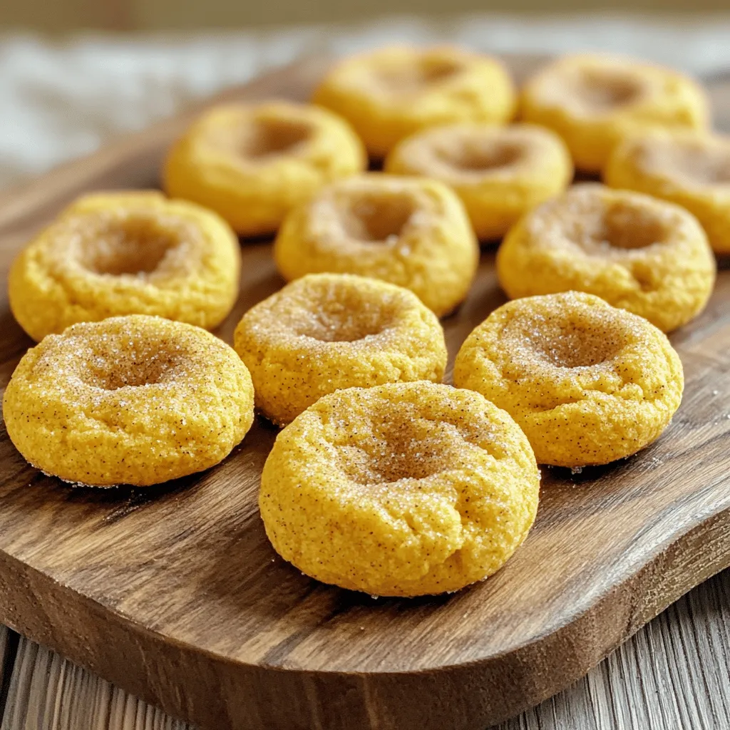 - 1 cup unsalted butter, softened - 1 cup granulated sugar - 1 cup packed brown sugar - 1 large egg - 1 teaspoon vanilla extract - 1 cup pumpkin puree - 4 cups all-purpose flour - 2 teaspoons cream of tartar - 1 teaspoon baking soda - 1 teaspoon ground cinnamon - 1 teaspoon pumpkin pie spice - ½ teaspoon salt - ½ cup sugar (for rolling) - 2 tablespoons ground cinnamon (for rolling) The star of these cookies is the pumpkin puree. It gives these snickerdoodles their signature flavor and softness. The mix of sugars creates a nice balance. Using both brown and granulated sugar adds depth. Butter is key for a rich taste. Make sure it is softened, as this helps to cream well. The egg adds moisture and helps bind everything together. Flour is the backbone of any cookie. The cream of tartar gives that classic snickerdoodle tang and helps the cookies rise. Baking soda helps them spread and become soft. Spices like cinnamon and pumpkin pie spice bring warmth. The extra sugar and cinnamon for rolling make the cookies extra sweet and fun. - Butter alternatives: You can use coconut oil or margarine for a dairy-free option. - Sugar substitutes: Try using coconut sugar or stevia if you want a lower-calorie choice. - Gluten-free flour options: A gluten-free flour blend can replace all-purpose flour for those with gluten sensitivities. These substitutions can adjust the flavor and texture. Each choice may change the final cookie, so keep that in mind. For the best results, stick to the main recipe for your first batch. Check out the Full Recipe for all the details! - Preheating the oven: Start by preheating your oven to 350°F (175°C). This step is key to baking your cookies evenly. - Creaming butter and sugars: In a large bowl, cream together 1 cup of softened unsalted butter, 1 cup of granulated sugar, and 1 cup of packed brown sugar. Mix until the mixture is light and fluffy. This step adds air, making your cookies soft. - Adding pumpkin and egg: Next, mix in 1 large egg, 1 teaspoon of vanilla extract, and 1 cup of pumpkin puree. Stir until everything is well combined. The pumpkin gives moisture and flavor. - Whisking dry ingredients together: In another bowl, whisk together 4 cups of all-purpose flour, 2 teaspoons of cream of tartar, 1 teaspoon of baking soda, 1 teaspoon of ground cinnamon, 1 teaspoon of pumpkin pie spice, and ½ teaspoon of salt. This blend creates the base for your dough. - Combining wet and dry mixtures: Gradually add the dry mixture to the wet ingredients. Stir gently until just combined. The dough may feel slightly sticky; that’s perfect! - Rolling dough and coating in cinnamon sugar: In a small bowl, mix ½ cup of sugar with 2 tablespoons of ground cinnamon for rolling. Scoop out small portions of the dough, about 1.5 tablespoons each, and roll them into balls. Then, roll each ball in the cinnamon-sugar mixture until fully coated. - Baking times and cooling instructions: Place the dough balls on a baking sheet lined with parchment paper, spaced 2 inches apart. Bake for 10-12 minutes, until the edges are lightly golden but the centers are still soft. After baking, let the cookies cool on the sheet for about 5 minutes before moving them to a wire rack to cool completely. This process leads to soft, irresistible pumpkin spice snickerdoodles. For the complete recipe, refer to the [Full Recipe]. To keep your pumpkin spice snickerdoodles soft, avoid overbaking them. Bake just until the edges turn golden. The centers should look soft and puffy. They will firm up as they cool. Using room temperature ingredients also helps. Make sure your butter and eggs are at room temperature before mixing. This gives the cookies a nice, smooth texture. You can make these cookies even better by adding chocolate chips. Dark or white chocolate pairs well with pumpkin spice. You can also experiment with nuts or dried fruit. Chopped walnuts or pecans add a nice crunch. Dried cranberries or raisins can bring sweetness and chewiness. For the best display, arrange your cookies on a rustic platter. A sprinkle of pumpkin pie spice on top adds a festive touch. You can also serve them with a dollop of whipped cream on the side. This makes for a fun dipping option. Pair your cookies with a warm drink, like apple cider or chai tea. The flavors will blend beautifully, creating a cozy experience. {{image_2}} You can easily change up your pumpkin spice snickerdoodles for fun. One great way is by adding white chocolate chips. They melt and create sweet pockets in your cookies. This sweet twist makes each bite even more delightful. Just mix in one cup of white chocolate chips when you combine your wet and dry ingredients. Another fun idea is to create a spicy version by adding ginger. A teaspoon of ground ginger can add a nice kick. This spice pairs well with pumpkin and cinnamon. You can taste the warmth and depth it brings to each cookie. You can adapt pumpkin spice snickerdoodles for any holiday. For Halloween, add festive sprinkles to the dough. For Thanksgiving, try shaping the cookies into leaves or pumpkins. These little touches make them extra special. You can also change the spices based on the season. In the spring, use lemon zest instead of pumpkin spice. In summer, add a hint of mint or citrus. These changes keep your cookies fresh and fun all year long. For the full recipe, check out the complete guide to making these treats. To keep your pumpkin spice snickerdoodles fresh, use an airtight container. This helps prevent them from drying out. A glass jar or plastic container works well. Ensure the lid is tightly sealed after each use. Store the cookies at room temperature for up to one week. For longer storage, consider the freezer. You can freeze snickerdoodles both before and after baking. If you freeze the dough, scoop it into balls and roll them in cinnamon sugar. Place the dough balls on a baking sheet, freeze them until firm, then transfer them to a zip-top bag. This way, you can bake fresh cookies whenever you want. If you've already baked the cookies, let them cool fully first. Then, layer them in an airtight container with parchment paper between layers. They will stay good in the freezer for up to three months. To thaw, simply take out the desired number of cookies. Let them sit at room temperature for about 30 minutes. For a warm treat, you can also pop them in the microwave for a few seconds. Enjoy freshly baked goodness anytime! You can use cream of tartar as a leavening agent. It helps cookies rise and stay soft. You will need to double the amount of cream of tartar. So, use 2 teaspoons instead of 1. This change will keep the cookies light and airy. Yes, but the flavors will change. Pumpkin pie filling contains spices and sugar. This means you might need to cut back on other spices and sugar in the recipe. You can also skip adding pumpkin pie spice. Adjust the flavor to keep it balanced. If your dough sticks too much, add more flour a little at a time. Mix it in until the dough is easier to handle. You can chill the dough for 20-30 minutes. This helps firm it up and makes it easier to roll. Making pumpkin spice snickerdoodles is simple and fun. You need common ingredients like butter, sugar, and pumpkin puree. Follow the steps to mix, shape, and bake your cookies. Use my tips for soft, flavorful treats and explore variations to match any season. These cookies are great for sharing or enjoying with your favorite drink. Store them well for long-lasting freshness. Dive into baking these delicious cookies and enjoy every bite!