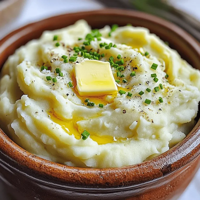 - 2 pounds Yukon Gold potatoes, peeled and cubed - 10 cloves of garlic, unpeeled - ½ cup unsalted butter, softened - 1 cup heavy cream - Salt, to taste - Freshly ground black pepper, to taste - ¼ cup freshly chopped chives (optional) You can add extra flavors to your mashed potatoes. Try adding: - Cream cheese for a tangy taste - Sour cream for added richness - Grated Parmesan for a cheesy kick If you need to swap ingredients, here are some great options: - Use Russet potatoes instead of Yukon Gold for a fluffier mash. - Olive oil can replace butter for a dairy-free dish. - Greek yogurt works well in place of heavy cream for a lighter option. - Chives can be switched with parsley or green onions for a fresh twist. To roast garlic, first preheat your oven to 400°F (200°C). Take 10 cloves of unpeeled garlic and place them on a piece of foil. Drizzle a little olive oil on top. Wrap the foil tightly around the garlic. Roast it in the oven for 30-35 minutes. The garlic should feel soft and look caramelized. Let it cool for a bit. Once cool, squeeze the soft garlic out of the skins and set it aside. While the garlic roasts, prepare the potatoes. Use 2 pounds of Yukon Gold potatoes. Peel and cube them into even pieces. Put the cubed potatoes in a large pot. Cover them with cold water and add a pinch of salt. Bring the water to a boil over medium-high heat. Let the potatoes cook for about 15-20 minutes. You want them to be fork-tender. Once cooked, drain the potatoes and return them to the pot. Now comes the fun part! Add the softened butter and roasted garlic to the tender potatoes. Also, pour in 1 cup of heavy cream. Use a potato masher or a hand mixer to mash the potatoes. Keep mashing until you get your desired texture. If you want them creamier, mix in more heavy cream. Finally, season the mashed potatoes with salt and freshly ground black pepper. Stir well to combine all flavors. Enjoy this creamy delight! To get the best texture in your mashed potatoes, start with Yukon Gold potatoes. They have a creamy texture when cooked. Cook them until they are fork-tender, about 15-20 minutes. After boiling, drain them well to remove excess water. For mashing, use a potato masher for a chunkier feel or a hand mixer for a smoother blend. If you want it creamier, add more heavy cream little by little. The roasted garlic adds a rich flavor to the potatoes. Don’t skip this step! When mashing, mix in softened butter for a silky texture. Season your potatoes with salt and freshly ground black pepper. Taste as you go to find your perfect balance. For an extra burst of flavor, fold in fresh chives right before serving. They add a nice touch and a pop of color. Presentation makes food more inviting. Serve your creamy mashed potatoes in a large bowl. Create a small well in the center and add a pat of melted butter. This looks great and adds more flavor. To finish, sprinkle extra chives on top. You can also use a sprinkle of paprika for added color. This makes your dish not just tasty but also visually appealing! {{image_2}} You can make your creamy roasted garlic mashed potatoes even richer by adding cheese. Cheddar cheese works well for a sharp taste. Parmesan offers a nutty flavor. Just mix in a cup of shredded cheese while mashing. This adds creaminess and a yummy twist to the dish. Herbs can change the flavor of your mashed potatoes. Fresh rosemary gives a woodsy note. Thyme adds a nice earthiness. Try mixing in a tablespoon of chopped herbs right before serving. This small change brings new life to your dish and makes it even more special. If you want dairy-free mashed potatoes, use plant-based milk. Almond milk or coconut milk can replace heavy cream. Vegan butter is a great swap for regular butter. Just mash the potatoes with these options for a creamy texture. Your guests will love the taste without the dairy! To keep your creamy roasted garlic mashed potatoes fresh, store them in an airtight container. Let them cool to room temperature first. This helps prevent moisture build-up, which can spoil the dish. You can keep leftovers in the fridge for up to three days. Remember to label the container with the date, so you know when to use them. When you're ready to enjoy your mashed potatoes again, reheating them properly is key. Add a splash of heavy cream or a little butter before reheating. This keeps the potatoes creamy and smooth. Use a microwave-safe dish and cover it with a damp paper towel to retain moisture. Heat in short bursts, stirring often until warm. If you want to save your mashed potatoes for later, freezing is a great option. Scoop the potatoes into freezer-safe bags or containers. Remove as much air as possible to prevent freezer burn. You can freeze them for up to two months. When you're ready to eat them, thaw them overnight in the fridge before reheating. Adding a bit of cream or butter will help restore the creamy texture. To make your mashed potatoes creamier, use more heavy cream. Start with the amount in the recipe, then adjust. Adding softened butter helps too. You can also try using a hand mixer for a smoother texture. Remember, Yukon Gold potatoes are creamy by nature, so choose those for the best results. Yes, you can use other potatoes, but results may vary. Russet potatoes are starchy and make fluffy mashed potatoes. They absorb more liquid, so adjust your cream and butter. Red potatoes are waxy, which gives a different texture. They can be chunkier but still taste great. Creamy mashed potatoes pair well with many dishes. They go great with roasted chicken or beef stew. You can also serve them with grilled fish or a veggie stir-fry. For a special touch, try them with a rich gravy or a hearty mushroom sauce. This blog post covered how to make delicious, creamy mashed potatoes. We discussed the key ingredients, step-by-step instructions, and helpful tips. You learned about variations, storage, and common questions. Remember, the best mashed potatoes are creamy and full of flavor. Use the techniques shared to impress your family and friends. Enjoy experimenting with different ingredients and serving styles. Trust me, your mashed potatoes will shine at any meal!