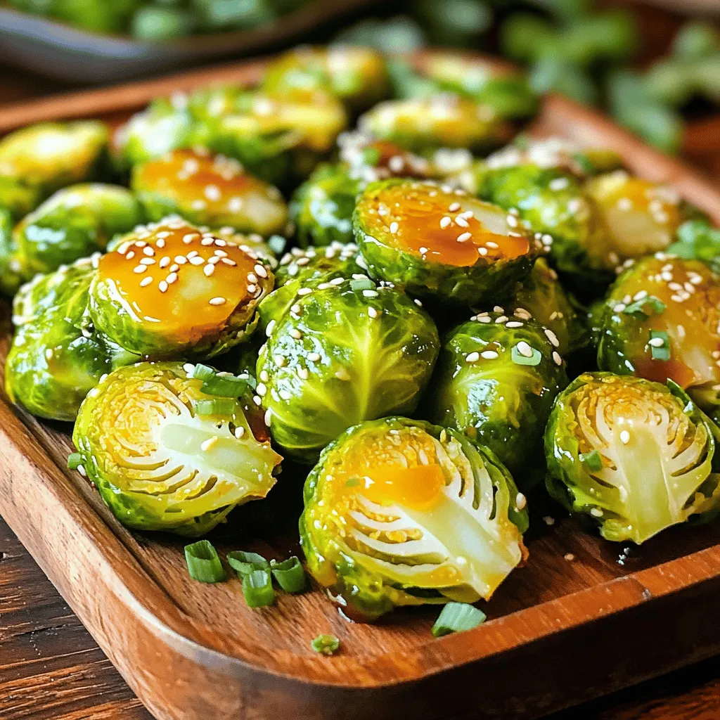 - 1 lb Brussels sprouts, trimmed and halved - 2 tablespoons olive oil - Salt and pepper to taste - 3 tablespoons honey - 2 tablespoons Sriracha sauce - 1 tablespoon soy sauce - 1 garlic clove, minced - 1 teaspoon sesame seeds (optional, for garnish) - Chopped green onion (for garnish) For Brussels sprouts, use fresh ones for the best taste. Frozen sprouts can work, but they may not crisp well. Olive oil adds richness, but you can swap it for avocado oil. Honey gives sweetness, but maple syrup is a great vegan option. For heat, adjust Sriracha to your liking or try chili paste. Soy sauce adds depth, but tamari works for gluten-free diets. - Calories: 150 - Total Fat: 8g - Saturated Fat: 1g - Cholesterol: 0mg - Sodium: 200mg - Total Carbohydrates: 19g - Dietary Fiber: 6g - Sugars: 8g - Protein: 4g This dish is rich in vitamins and minerals. Brussels sprouts are high in fiber and vitamin C. The honey adds natural sugars, while Sriracha brings that spicy kick. Enjoy this tasty twist on a classic veggie! First, gather your ingredients. You will need: - 1 lb Brussels sprouts, trimmed and halved - 2 tablespoons olive oil - Salt and pepper to taste - 3 tablespoons honey - 2 tablespoons Sriracha sauce - 1 tablespoon soy sauce - 1 garlic clove, minced - 1 teaspoon sesame seeds (optional, for garnish) - Chopped green onion (for garnish) Next, preheat your oven to 400°F (200°C). This step is key for crispy sprouts. In a mixing bowl, toss the halved Brussels sprouts with olive oil, salt, and pepper. Make sure every sprout gets a nice coat. This helps them roast evenly. Spread the coated Brussels sprouts on a baking sheet lined with parchment paper. This keeps them from sticking. Roast in the oven for 20-25 minutes. Halfway through, turn the sprouts for even cooking. They should be tender and crispy when done. While the sprouts roast, prepare your honey Sriracha sauce. In a small bowl, whisk together honey, Sriracha, soy sauce, and minced garlic. Mix until everything combines well. When the Brussels sprouts finish roasting, take them out of the oven. Drizzle the honey Sriracha sauce over them. Toss gently to coat all the sprouts. Return the baking sheet to the oven for an extra 5 minutes. This step allows the sauce to caramelize a bit, adding flavor. Finally, take them out and transfer to a serving dish. Garnish with sesame seeds and chopped green onions. Enjoy your delicious, flavorful meal! To get that ideal crunch, choose fresh Brussels sprouts. They should be bright green and firm. Trim the ends and cut them in half. This helps them roast evenly. Use enough olive oil to coat the sprouts well. Too little oil leads to soggy veggies. Roast them in a single layer on the baking sheet. This allows for proper airflow and crispness. Don’t overcrowd the pan; give each sprout space. Halfway through roasting, give them a good toss. This ensures all sides get that nice golden color we love. Feel free to tweak the honey Sriracha sauce. If you like it sweeter, add more honey. For extra heat, increase the Sriracha. Want a tangy twist? Try adding a splash of lime juice. You can also mix in some ginger for a warm, spicy kick. If soy sauce isn’t your thing, coconut aminos are a great swap. This keeps the flavor rich while being soy-free. Use a sturdy baking sheet for even roasting. A rimmed sheet prevents any sauce spills. Parchment paper is a must; it stops sticking and makes cleanup easy. A mixing bowl helps you toss the sprouts with oil and spices. Lastly, a whisk is handy for blending the sauce smoothly. These tools make your cooking process smooth and enjoyable. {{image_2}} For a vegan version, swap honey for maple syrup. It adds sweetness and keeps the dish plant-based. Use two tablespoons of maple syrup instead of honey. The Sriracha sauce remains the same. It brings the heat that we love. This small change makes the dish suitable for everyone. Trust me, the flavors stay bold and delicious. This recipe is already gluten-free if you choose the right soy sauce. Look for tamari, a great gluten-free option. It has a rich taste that compliments the Sriracha well. Make sure to check labels on your Sriracha. Some brands might contain gluten. With these easy swaps, you can enjoy Honey Sriracha Brussels Sprouts without worry. Brussels sprouts pair beautifully with many dishes. For meat lovers, serve them with grilled chicken or steak. The sweet and spicy sauce enhances the meat flavors. If you prefer a vegetarian dish, try serving them with quinoa or brown rice. This adds texture and makes a filling meal. For a lighter option, pair with a fresh salad. Mixing and matching helps fit any diet. Enjoy experimenting with your favorites! To keep your Honey Sriracha Brussels sprouts fresh, let them cool first. Place them in an airtight container. They can last in the fridge for about 3 to 4 days. Make sure to store them without any extra sauce. This helps keep them crisp for later. When you want to enjoy your leftovers, preheat your oven to 350°F (175°C). Spread the Brussels sprouts on a baking sheet. Heat them for about 10-15 minutes. This method helps them regain their crispness. You can also use a microwave, but they may turn soft. If using a microwave, heat them in short bursts, checking often. You can freeze Brussels sprouts, but it’s best to do it before cooking. First, wash and trim the sprouts. Blanch them in boiling water for 3 minutes, then cool them in ice water. Once cool, drain and pat dry. Place them in a freezer-safe bag or container. They can last up to 3 months in the freezer. When ready to cook, thaw them overnight in the fridge before roasting. Brussels sprouts take about 20 to 25 minutes to roast at 400°F (200°C). They should become tender and crispy. Remember to turn them halfway through cooking for even crispness. This helps them roast well and get a nice golden color. If your sprouts are larger, they may need a few extra minutes. Check for doneness with a fork. If it easily pierces the sprout, it's ready! Yes, you can! If you want to avoid Sriracha, try using another hot sauce. You could use chili garlic sauce for a similar kick. If you prefer a milder flavor, use sweet chili sauce or even barbecue sauce. Each option will give a unique taste to the Brussels sprouts. Mixing your favorite sauce can lead to tasty results. Just keep an eye on the balance of sweet and spicy. Honey Sriracha Brussels sprouts pair well with many dishes. Here are some great options: - Grilled chicken or shrimp - Quinoa or brown rice - Roasted sweet potatoes - A fresh green salad - Stir-fried vegetables These sides add color and flavor, making your meal more complete. Mix and match these sides to find your favorite combination! Understanding how to prepare Honey Sriracha Brussels sprouts can elevate your cooking. We covered essential ingredients, preparation steps, and tips for a perfect dish. You learned ways to customize the sauce and adapt the recipe for different diets. Proper storage and reheating ensure you enjoy leftovers without losing flavor. Keep these insights in mind as you experiment in your kitchen. I hope this helps you cook delicious Brussels sprouts that impress everyone at your table. Happy cooking!
