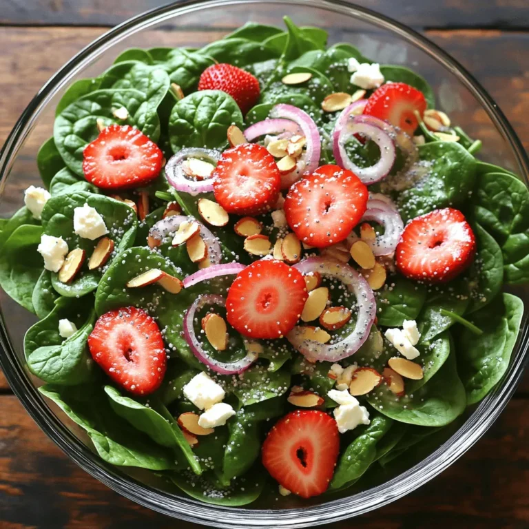 - 4 cups fresh spinach leaves, washed and dried - 2 cups strawberries, hulled and sliced - 1/2 cup crumbled feta cheese - 1/4 cup red onion, thinly sliced - 1/4 cup sliced almonds, toasted for extra flavor - 2 tablespoons poppy seeds - 1/4 cup olive oil - 2 tablespoons apple cider vinegar - 1 tablespoon honey - Salt and pepper to taste - Large salad bowl - Small mixing bowl - Whisk - Skillet The fresh ingredients are key to this salad's taste. Spinach gives a crisp base, while strawberries add sweetness. The feta cheese brings a creamy texture that balances the flavors. Red onion gives a sharp bite that contrasts nicely with the fruit. Toasted almonds add crunch and depth. Poppy seeds bring a fun visual touch and a slight nutty flavor. For the dressing, olive oil serves as a smooth base. Apple cider vinegar adds a tangy kick. Honey sweetens the mix, while salt and pepper enhance all the flavors. To prepare, gather your essential equipment. A large salad bowl helps you mix everything easily. A small mixing bowl and whisk are perfect for the dressing. Finally, a skillet is needed to toast the almonds and boost their flavor. With these ingredients and tools, you’re ready to create a delicious Strawberry Spinach Poppy Seed Salad! First, wash and dry 4 cups of fresh spinach leaves. This step is key. Clean spinach helps maintain a crisp texture. Next, add the spinach to a large salad bowl. Then, layer 2 cups of hulled and sliced strawberries evenly on top. The sweet strawberries add flavor and color. Now, sprinkle 1/2 cup of crumbled feta cheese over the strawberries. The feta brings creaminess and tang. Lastly, scatter 1/4 cup of thinly sliced red onion. This will add a nice bite to your salad. Toasting the almonds brings out their nutty flavor. Heat a dry skillet over medium heat. Add 1/4 cup of sliced almonds to the skillet. Stir them frequently for about 3-4 minutes. Watch closely, as they can burn easily. When they turn golden and fragrant, they are ready. Now, add the toasted almonds to the salad. Their crunch adds great texture to the mix. Now, let's make the dressing. In a small bowl, whisk together 1/4 cup of olive oil, 2 tablespoons of apple cider vinegar, and 1 tablespoon of honey. Add 2 tablespoons of poppy seeds, salt, and pepper to taste. Whisk until all the ingredients combine well. This dressing adds a sweet and tangy flavor to the salad. Drizzle the dressing over the salad just before serving. This keeps the spinach fresh and crisp. Finally, gently toss the salad to coat all the ingredients in the dressing. Enjoy this fresh and tasty salad right away! To keep your Strawberry Spinach Poppy Seed Salad fresh, proper storage is key. First, wash and dry spinach leaves thoroughly. Store them in a container lined with a paper towel to absorb moisture. Keep strawberries in a separate container in the fridge. This helps them stay firm and juicy. When it comes to dressing, add it just before serving. This keeps the salad crisp and prevents sogginess. Presentation matters, especially for a vibrant salad like this. Use a clear glass bowl to show off the bright colors. It makes the salad look more inviting. For a beautiful garnish, add whole strawberries on top. A sprinkle of poppy seeds adds a nice touch. These small details enhance the visual appeal and make your dish pop. You can boost the flavor of your salad with a few simple tweaks. Consider adding sliced avocado for creaminess or blueberries for extra sweetness. If you like a bit of crunch, try adding sunflower seeds. Adjust the seasoning to your taste. A pinch more salt or a dash of pepper can elevate the overall flavor. Always taste as you go to find the perfect balance. {{image_2}} You can change this salad with other fruits. Blueberries add a nice sweet touch. Raspberries bring a tart flavor that contrasts well with the strawberries. You can also try peaches in summer for a juicy twist. Cheese is another fun area to explore. While feta is creamy and rich, you could use goat cheese for a tangy flavor. Alternatively, try a sharp cheddar for a different taste. Each cheese brings its own spin to this fresh salad. Making this salad vegan is simple. Just skip the feta cheese and use avocado for creaminess. You can also add chickpeas for protein. They offer a nice texture and boost the salad's nutrition. If you need gluten-free options, you're in luck! All the ingredients are naturally gluten-free. Just ensure any dressing you use is also free from gluten. This way, everyone can enjoy the salad without worry. Dressing can change the whole vibe of your salad. If you want a citrus kick, try a lemon vinaigrette. It brightens the flavors nicely. For a creamier option, use yogurt mixed with herbs. Balancing flavors is key when switching dressings. If your new dressing is tangy, add a touch of honey to keep it sweet. You can also adjust the salt and pepper to match your choice. This way, your salad stays delicious no matter how you dress it! To keep your salad fresh, refrigerate leftovers right away. Place the salad in an airtight container. This helps maintain the crispness of the spinach and strawberries. Avoid dressing the salad until you're ready to eat. The dressing can make the greens soggy. For long-term storage, you can freeze some salad components. However, fresh spinach and strawberries do not freeze well. Instead, consider freezing leftover feta cheese or toasted almonds. They can last for up to three months in the freezer. When ready to use, thaw them in the fridge overnight. Check for signs of spoilage to ensure safety. Look for wilted spinach or mushy strawberries. If the salad smells off, it’s best to discard it. Proper storage practices help keep your ingredients fresh for longer. Always use clean utensils when serving to prevent bacteria. You can make this salad ahead of time with a few easy steps. First, wash and dry your spinach leaves. Store them in a dry container with a paper towel to absorb extra moisture. Keep the strawberries sliced and stored separately to avoid sogginess. You can also prepare the dressing in advance. Just mix olive oil, apple cider vinegar, honey, poppy seeds, salt, and pepper in a small jar. When you're ready to serve, toss everything together. This method keeps your salad fresh and tasty. Yes, you can easily swap nuts or seeds if you have allergies. If you can't use almonds, try walnuts, pecans, or sunflower seeds. Each option adds a unique taste and texture. For a nut-free version, pumpkin seeds work well. They give some crunch and a bit of nutrition. Make sure the substitutes fit your dietary needs. This salad pairs well with many dishes. It goes great with grilled chicken or fish for a light meal. You can also serve it alongside a warm quiche or a hearty sandwich. For a vegetarian option, enjoy it with a quinoa bowl or a veggie wrap. This salad's fresh flavors complement many main dishes, making it a versatile choice for any table. This blog post covered how to make a delicious Strawberry Spinach Poppy Seed Salad. You learned about fresh ingredients, how to prepare the salad, and make a tasty dressing. I shared tips for storage and serving ideas, along with variations to suit your needs. Remember, you can always adapt this salad with different fruits or dressings. Enjoy creating this refreshing dish in your kitchen!