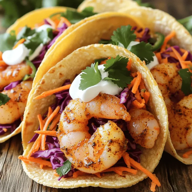 To make these tasty tacos, gather the following ingredients: - 1 lb shrimp, peeled and deveined - 2 tablespoons Cajun seasoning - 2 tablespoons olive oil - 8 small corn tortillas - 1 cup shredded red cabbage - 1 cup shredded carrots - 1/4 cup chopped fresh cilantro - 1/4 cup sour cream - 2 tablespoons lime juice - Salt and pepper to taste When choosing shrimp, look for a few key signs of freshness. First, fresh shrimp should have a clean, salty smell, not a strong fishy odor. Next, check the color. Shrimp should be firm and translucent, with a slight sheen. Avoid any shrimp that looks dull or has black spots. Lastly, if buying frozen, ensure the shrimp is properly sealed and frost-free, as freezer burn can affect taste. To whip up these Cajun shrimp tacos, you need a few basic tools: - A large mixing bowl for marinating shrimp and mixing the slaw - A skillet for cooking shrimp and warming tortillas - A spatula for flipping shrimp - A knife and cutting board for prepping vegetables - Measuring spoons for accurate ingredient portions With these ingredients and tools ready, you're set to create a bold and tasty meal that will impress anyone! Start by marinating the shrimp. In a bowl, combine the shrimp, olive oil, and Cajun seasoning. Toss until the shrimp are well coated. Let them sit for at least 15 minutes. This step helps the shrimp soak up all the bold flavors. Next, prepare the slaw. In a separate bowl, mix shredded red cabbage, shredded carrots, and chopped fresh cilantro. Add lime juice, salt, and pepper. Stir well to combine. Set this aside. The slaw adds a crunchy and fresh taste to your tacos. Now, it’s time to cook the shrimp. Heat a large skillet over medium-high heat. Add the marinated shrimp to the skillet. Cook for 2-3 minutes on each side. The shrimp should turn pink and opaque when done. Remove them from heat. While the shrimp cook, warm the tortillas. Use the same skillet to lightly warm the corn tortillas. Heat them for about 30 seconds on each side. This makes them soft and easy to fold. Now, assemble your tacos. On each tortilla, place a generous amount of spicy shrimp. Top with a scoop of the prepared slaw. The mix of flavors and textures will be perfect. For serving, drizzle sour cream over the tacos. You can also add more cilantro for extra color. These tacos are best enjoyed fresh. Serve them with lime wedges on the side for a zesty kick. To make the best Cajun seasoning, mix spices like paprika, garlic powder, and cayenne. I love using a blend of herbs for depth. You can adjust the heat by adding more or less cayenne. For a bolder taste, let the seasoning sit for an hour before using it. This allows the flavors to meld and become richer. For perfect shrimp, choose medium to large ones. They cook quickly and have a nice bite. Marinate them in olive oil and Cajun seasoning for at least 15 minutes. This step is key! Cook the shrimp on high heat for just 2-3 minutes per side. Look for a pink and opaque color to know they’re done. Overcooking makes shrimp tough, so watch closely! The slaw can really enhance your tacos. Try adding diced jalapeños for a spicy kick. You can also mix in some mango for a sweet touch. For crunch, add sliced radishes or green onions. Lime juice adds brightness, but you can experiment with apple cider vinegar too. Feel free to swap red cabbage for green or add some chopped nuts for texture! {{image_2}} You can easily make these tacos vegan. Swap the shrimp for firm tofu. Start by pressing the tofu to remove extra water. Cut it into cubes and marinate it with Cajun seasoning and olive oil. Cook the tofu in the skillet until golden. This brings a nice crunch and flavor to your tacos. If you like spice, boost the heat! Add cayenne pepper or chili powder to the Cajun seasoning. You can also mix in some sliced jalapeños when cooking the shrimp. This will give your tacos a fiery kick. Spice lovers will enjoy this addition a lot. Feel free to get creative with toppings! Try adding sliced avocado for creaminess. You can also use pico de gallo for a fresh touch. Instead of sour cream, try a spicy aioli or a zesty salsa. Each option adds a unique twist to your tacos. Explore different flavors and find your favorite combination! If you have leftover tacos, store them right. Place the shrimp and slaw in separate containers. This keeps the tortillas from getting soggy. Use airtight containers for the best results. Leftover tacos can last in the fridge for two days. To reheat the shrimp, use a skillet. Heat it over medium heat. Add the shrimp and cook for a few minutes. Stir often to warm them through. For the tortillas, warm them in the skillet for about 30 seconds on each side. This helps them stay fresh and tasty. Store leftover slaw in a sealed container. Keep it in the fridge. It can last for up to three days. If the slaw looks watery, drain some liquid before serving. For the best taste, eat it fresh. You can enjoy these tacos with a fresh side. Consider a simple salad or beans. A corn salad pairs well too. You might also like avocado slices for creaminess. For drinks, try a cold limeade or a light beer. These will balance the flavors and add fun. Yes, you can prep ahead. Marinate the shrimp and store it in the fridge. You can also make the slaw early. Keep it in a sealed container for freshness. Warm the shrimp and tortillas just before serving. This saves time and helps with busy days. To feed more people, simply double the ingredients. Use two pounds of shrimp and adjust the seasoning. Also, increase the tortillas and slaw. This keeps everything balanced. Remember to cook in batches if needed. This way, you ensure everyone gets a tasty taco. Yes, there are gluten-free tortillas available. Look for corn or rice-based options. These work well for this recipe. Check labels to ensure they fit your needs. Gluten-free tortillas will still hold the shrimp and slaw beautifully. Enjoying this dish can be easy for everyone! Cajun shrimp tacos are a fun dish to make and enjoy. We covered the best ingredients, shrimp selection tips, and essential tools. You learned how to marinate, cook, and serve the shrimp with slaw. I shared tricks to perfect seasoning and texture. You can even try vegan options or add heat. Lastly, we discussed storage and answers to common questions. Enjoy creating your tacos while exploring flavors that excite your taste buds.