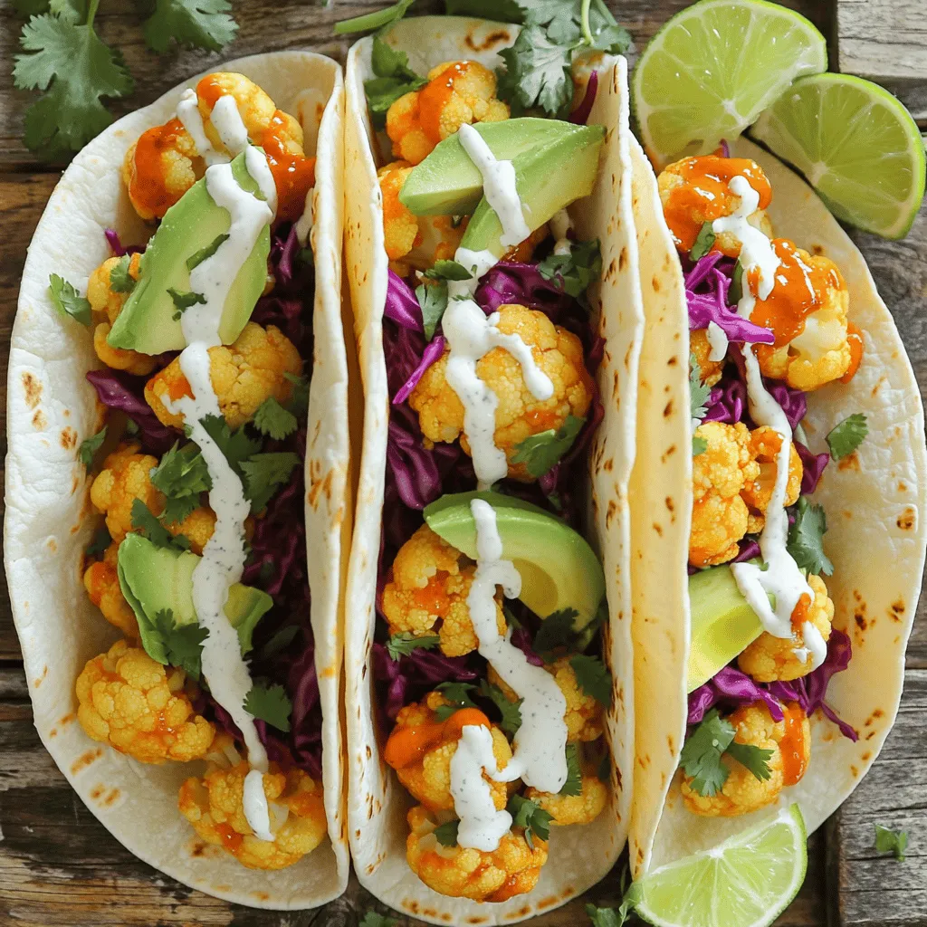- 1 medium head of cauliflower - 1 cup all-purpose flour - 1 cup water - 1 teaspoon garlic powder - 1 teaspoon onion powder - 1/2 teaspoon cayenne pepper - 1/2 teaspoon smoked paprika - Salt and pepper to taste - 1 cup buffalo sauce - 8 small corn tortillas - 1 ripe avocado, sliced - 1 cup shredded red cabbage - 1/4 cup fresh cilantro, chopped - 1 lime, cut into wedges - Ranch or dairy-free yogurt dressing, for drizzling (optional) The main ingredients in this recipe focus on cauliflower, which is the star. It provides a great texture and absorbs flavors well. Flour and water make a simple batter to coat the cauliflower. For seasoning, we use garlic powder and onion powder to add depth. The cayenne pepper gives heat, while smoked paprika adds a smokey flavor. Salt and pepper bring all these flavors together. Buffalo sauce is key. It gives that classic spicy kick we all love. For toppings, corn tortillas hold everything together. Avocado adds creaminess, while red cabbage brings crunch. Fresh cilantro brightens the dish, and lime juice adds zest. You can drizzle ranch or yogurt dressing on top for extra flavor. These ingredients work together to create tasty, satisfying tacos everyone will enjoy! - Preheat your oven to 450°F (232°C). - Line a baking sheet with parchment paper. - In a bowl, mix together 1 cup of flour and 1 cup of water. - Add 1 teaspoon of garlic powder, 1 teaspoon of onion powder, 1/2 teaspoon of cayenne pepper, 1/2 teaspoon of smoked paprika, salt, and pepper. - Whisk until the batter is smooth and well mixed. - Dip each cauliflower floret into the batter. Make sure each piece is well coated. - Place the florets on the prepared baking sheet in a single layer. - Bake for 20-25 minutes, until the cauliflower is golden and crispy. - Remove the baking sheet from the oven. - Toss the baked cauliflower with 1 cup of buffalo sauce until all pieces are covered. - Return the cauliflower to the oven and bake for another 10 minutes. - While the cauliflower bakes, warm 8 small corn tortillas in a dry skillet. - Heat each tortilla for 30 seconds on each side until soft. - To build your tacos, place a few pieces of buffalo cauliflower on each tortilla. - Top with sliced avocado, shredded red cabbage, and chopped cilantro. - If you like, drizzle ranch or dairy-free yogurt dressing on top. - Serve with lime wedges on the side for an extra zing. To get that nice crispness in your buffalo cauliflower, follow these tips: - Cut the cauliflower into small florets. Smaller pieces cook better and get crispier. - Use cold water in the batter. Cold batter helps the coating become crunchy when cooked. - Bake in a single layer. Give each floret space on the baking sheet to crisp up. Evenly coating each floret is key. This helps every bite get that delicious buffalo flavor. Make sure to dip each piece fully into the batter before baking. To elevate the taste of your tacos, consider these flavor adjustments: - Add more spices. Increase garlic powder or smoked paprika for a stronger flavor. - Experiment with different buffalo sauces. Choose a mild sauce for less heat or a more intense one for extra kick. You can also try homemade buffalo sauce for a fresh taste. Presentation makes a big difference. Here are some tips to make your tacos look great: - Layer colorful ingredients. Place vibrant red cabbage, green avocado, and bright cilantro on top. - Use a clean plate. A simple, clean plate can highlight the colors and textures of the food. - Serve with lime wedges. These add a fun touch and a burst of flavor when squeezed over the tacos. Pair your buffalo cauliflower tacos with a refreshing drink. A light soda or iced tea complements the spicy flavor. Enjoy your meal! {{image_2}} You can easily make these tacos vegan. Use dairy-free yogurt instead of ranch. Look for plant-based sauces that match your taste. You can also swap the butter for olive oil when cooking. This way, you keep all the flavor without any dairy. For a gluten-free version, use gluten-free flour. Almond flour or chickpea flour works well. You can also use cornstarch to coat the cauliflower. This keeps the texture crispy while ensuring you avoid gluten. Always check labels to make sure products are gluten-free. Want to mix things up? Add toppings like diced tomatoes or jalapeños. These add more flavor and texture. You can even use other veggies like zucchini or carrots. They cook well and taste great with buffalo sauce. Feel free to get creative and make these tacos your own! To keep your buffalo cauliflower tacos fresh, use airtight containers. Store leftovers in the fridge. They will last for about 3 days. If you want to save them longer, freezing is a great option. When reheating tacos, use an oven for the best results. Preheat your oven to 350°F (175°C). Place the tacos on a baking sheet for about 10 minutes. This method keeps the cauliflower crispy. You can also microwave them, but they may get soggy. To keep ingredients fresh, store toppings like avocado and cabbage separately. Add them just before serving to maintain their crunch and color. Yes, you can freeze buffalo cauliflower! To freeze, let the cooked cauliflower cool completely. Place it in a freezer-safe bag or container. Remove as much air as possible. It can stay in the freezer for up to 2 months. When you're ready to eat, thaw it overnight in the fridge. Reheat in the oven to get that crispy texture back. Enjoy your tasty tacos anytime! Buffalo cauliflower tacos last about 3 to 4 days in the fridge. Keep them in an airtight container. This helps to maintain their taste and texture. Yes, you can make buffalo cauliflower tacos in advance. Prepare the cauliflower and store it in the fridge. Warm them up before serving for the best taste. If you need a substitute, try hot sauce mixed with melted butter. You can use BBQ sauce for a milder flavor, too. Adjust the amount to match your taste. Buffalo cauliflower tacos can be spicy. The heat comes from the buffalo sauce and cayenne pepper. You can adjust the spice level by using less sauce. To lower calories, use less buffalo sauce or choose a lighter sauce. You can also skip the avocado or use less flour in the batter. Consider using lettuce wraps instead of tortillas for fewer carbs. This blog post guides you through making delicious buffalo cauliflower tacos. You learned about the key ingredients, cooking steps, and tasty toppings. I shared tips for getting the right texture and flavor. You can customize these tacos to fit your needs, whether vegan or gluten-free. Storing and reheating leftovers is also simple. These tacos are fun to make and eat. Enjoy them at your next meal or party. You’ll impress everyone with this tasty dish!