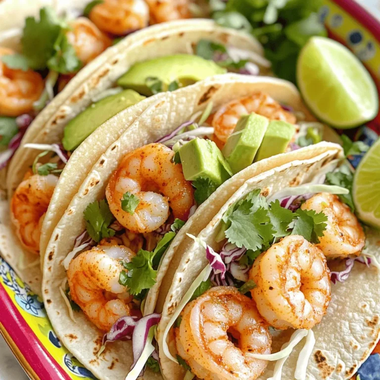 To make garlic chili shrimp tacos, you need these simple ingredients: - 1 lb large shrimp, peeled and deveined - 4 cloves garlic, minced - 2 tablespoons olive oil - 1 tablespoon fresh lime juice - 1 teaspoon chili powder - 1 teaspoon smoked paprika - 1/2 teaspoon cayenne pepper (adjust based on spice preference) - Salt and pepper to taste - 8 small corn or flour tortillas - 1 cup shredded cabbage (purple or green) - 1 avocado, sliced - Fresh cilantro, for garnish - Lime wedges, for serving Feel free to add your favorite toppings to make these tacos your own. Here are some ideas: - Diced tomatoes or pico de gallo - Sliced jalapeños for more heat - Sour cream or yogurt for creaminess - Cheese, like queso fresco or feta - Radish slices for crunch These garlic chili shrimp tacos can fit many diets: - Gluten-free: Use corn tortillas instead of flour. - Dairy-free: Skip cheese and sour cream. - Low-carb: Try lettuce wraps instead of tortillas. This dish is flexible, so you can enjoy it no matter your diet! Start by taking a medium bowl. Add the shrimp, minced garlic, olive oil, lime juice, chili powder, smoked paprika, cayenne pepper, salt, and pepper. Mix everything well until the shrimp are fully coated. Let the shrimp sit for about 15 minutes. This helps the flavors seep in. Heat a large skillet over medium-high heat. When the skillet is hot, add the marinated shrimp in a single layer. Cook the shrimp for 2-3 minutes on each side. You want them to turn pink and opaque. Avoid crowding the pan; if needed, cook in batches. This keeps the shrimp from steaming. While the shrimp cooks, grab a separate skillet. Set it over low heat. Warm the tortillas for about 30 seconds on each side. You want them soft and pliable, not crispy. This step makes it easier to fold them later. Now, it’s time to build your tacos! Place a generous scoop of shrimp in the center of each warm tortilla. Top with shredded cabbage and a few slices of avocado. Finish with fresh cilantro for flavor and color. Serve with lime wedges on the side, adding a splash of freshness to each bite. To cook shrimp right, start with fresh or thawed shrimp. Ensure they are peeled and deveined. Marinate the shrimp for 15 minutes using garlic, olive oil, lime juice, and spices. This adds flavor and keeps them juicy. When you cook, heat your skillet on medium-high. Add shrimp in a single layer. Cook for 2-3 minutes per side. Look for pink and opaque shrimp. Don't overcrowd the skillet; this can steam the shrimp instead of searing them. If you have a lot, cook in batches. You can boost the flavor of your tacos in simple ways. Add freshly chopped cilantro for a bright taste. Squeeze extra lime juice over the tacos before serving. This adds zest and freshness. Try using different spices like cumin or garlic powder for variety. You can also add a dash of hot sauce for more heat. If you love crunch, pickled red onions are a great topping. They add tang and texture. When serving your tacos, aim for a colorful display. Use a bright platter to make the tacos pop. Stack the tacos neatly and sprinkle extra cilantro on top. Add lime wedges around the tacos for a fresh look. You can also serve your tacos with a small bowl of salsa on the side. This invites guests to customize their meal. A side of chips can complete the presentation and makes it fun. {{image_2}} You can switch shrimp for chicken, fish, or tofu. For chicken, use boneless thighs. Cut them into bite-sized pieces. Marinate them just like the shrimp. For fish, try flaky white fish like cod or tilapia. Cut it into chunks, and follow the same steps. If you prefer tofu, use firm tofu. Press it to remove extra water. Cut it into cubes and marinate briefly. Each protein offers a unique taste and texture. Toppings can change the flavor of your tacos. Instead of cabbage, use shredded lettuce or carrots. You can also add diced tomatoes or radishes. For creaminess, a dollop of sour cream or yogurt works well. Try a mango salsa for a sweet twist. Just chop mango, onion, and cilantro, then mix. If you want heat, add diced jalapeños. These toppings make your tacos more fun and flavorful. Adjusting the spice level is easy. If you like mild flavors, skip the cayenne pepper. Use just chili powder and smoked paprika. For more heat, increase the cayenne or add hot sauce. You can also use fresh chili peppers in your marinate. Taste the shrimp as you cook. This way, you can find the right heat for you. Spice adjustments let you enjoy these tacos just how you like them. To keep your leftover shrimp tacos fresh, place them in an airtight container. Make sure to separate the shrimp from the tortillas and toppings. This helps prevent sogginess. You can store them in the fridge for up to two days. When you’re ready to enjoy your tacos again, heat the shrimp in a skillet over medium heat. Cook for about three to four minutes until heated through. Warm the tortillas in a separate skillet for about 30 seconds on each side. This keeps them soft. If you want to freeze the shrimp, it’s best to do so before cooking. Place the marinated shrimp in a freezer-safe bag. Squeeze out as much air as possible. This will keep them fresh for up to three months. When ready to use, thaw them in the fridge overnight before cooking. Yes, you can use frozen shrimp. Just make sure to thaw them first. Place the shrimp in cold water for about 15-20 minutes. Pat them dry before marinating. This way, they absorb all the flavors well. If you want to switch it up, try lettuce wraps or pita bread. Corn or flour tortillas are traditional, but these options work too. They add a fun twist and keep it light. The spice level depends on your taste. The cayenne pepper adds heat, but you can adjust it. If you prefer less spice, use less cayenne or skip it altogether. The chili powder and smoked paprika give flavor without too much heat. Yes, you can prepare the shrimp ahead of time. Marinate them and store in the fridge for up to two hours. Just cook them right before serving for the best texture. Enjoy the fresh taste of each bite! In this blog post, we covered how to make Garlic Chili Shrimp Tacos. I shared key ingredients and options to customize your dish. You learned step-by-step instructions, tips for perfect shrimp, and creative variations. I also provided storage advice and answered common questions. Enjoy exploring this recipe. With simple steps, you can make a tasty meal at home. Dive into flavor, and don’t be afraid to try your own ideas!