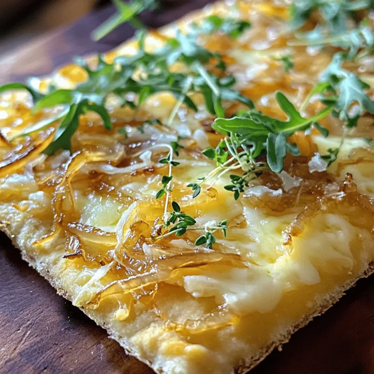 - 1 large pre-made flatbread or pizza dough - 2 medium yellow onions, thinly sliced - 1 tablespoon olive oil - 1 teaspoon balsamic vinegar - 1 teaspoon sugar - 1 cup grated Gruyere cheese - Salt and pepper - 1/2 cup fresh arugula (for topping) - 1 tablespoon fresh thyme leaves (optional) - Skillet - Baking sheet - Parchment paper - Knife and cutting board Using the right ingredients makes all the difference. For this flatbread, I love using yellow onions. Their sweetness shines when caramelized. The Gruyere cheese adds richness and a nutty flavor. I suggest using a pre-made flatbread for ease. It saves time and still tastes great. If you want to make it special, fresh arugula on top adds a peppery bite. You can also play with flavors. Add salt and pepper to taste for balance. Fresh thyme leaves are optional but add a lovely herbal note. Gather your tools before you start. A skillet is key for cooking the onions. A baking sheet lined with parchment paper makes clean-up easy. Have your knife and cutting board ready for slicing the onions. These simple yet flavorful ingredients help you create a delightful dish that everyone will enjoy! 1. Heat a skillet over medium heat. Add 1 tablespoon of olive oil. 2. Slice 2 medium yellow onions thinly. Add the onions to the hot oil. 3. Cook the onions for about 20 to 25 minutes. Stir them often until they turn soft and golden brown. 4. Add 1 teaspoon of balsamic vinegar, 1 teaspoon of sugar, salt, and pepper. Stir well and cook for another 5 minutes. 5. Remove the skillet from heat and set the onions aside. 1. Preheat your oven to 425°F (220°C). 2. Place your large flatbread or pizza dough on a baking sheet lined with parchment paper. 3. Spread the caramelized onions evenly over the flatbread. Use a spoon to ensure every bite gets some onion. 4. Grate 1 cup of Gruyere cheese and sprinkle it generously on top of the onions. 1. Bake the flatbread in the preheated oven for about 12 to 15 minutes. Watch for the cheese to bubble and the edges to turn golden brown. 2. Once done, remove it from the oven. Let it cool for a minute. 3. Top with fresh arugula and optional thyme leaves. 4. Slice the flatbread into squares and serve warm. - Ideal cooking temperature: Cook onions over medium heat. This helps them brown slowly. If the heat is too high, they might burn. - Stirring techniques for even cooking: Stir the onions every few minutes. This keeps them from sticking and helps them cook evenly. - Why choose Gruyere? Gruyere melts well and has a rich, nutty flavor. It adds depth to the flatbread. - Alternative cheese options for flavor variations: Try mozzarella for a milder taste or goat cheese for a tangy kick. - Pairing with salads or appetizers: Serve this flatbread with a fresh arugula salad. The peppery greens balance the sweetness of the onions. - Ideal wine pairings: A light white wine, like Sauvignon Blanc, complements the flavors nicely. {{image_2}} You can use many bases for your flatbread. Whole wheat flatbreads add more fiber. They have a nutty flavor. Gluten-free options are great for those who avoid gluten. You can find pre-made gluten-free flatbreads at many stores. If you want to make your own dough, try using almond flour or chickpea flour for a unique twist. To make this flatbread special, think about adding herbs. Fresh basil or rosemary can boost the taste. You might also want to add spices like smoked paprika for warmth. For extra toppings, consider sautéed mushrooms or sweet bell peppers. They will add more texture and flavor to your flatbread. If you follow a vegan diet, you can substitute cheese. Try using a plant-based cheese that melts well. Nutritional yeast is another option for a cheesy flavor. For the caramelization process, you can lower the sugar. Use maple syrup or honey to keep it sweet without too much sugar. This way, you can enjoy a delicious flatbread that fits your needs. To keep your flatbread fresh, store it in the refrigerator. Place it in an airtight container. You can also wrap it tightly in plastic wrap. This keeps moisture out and helps it last longer. If you want to save it for later, freezing is a great option. Wrap individual pieces in plastic wrap, then place them in a freezer bag. This method helps it stay fresh for up to three months. When you are ready to enjoy your flatbread again, use the oven for reheating. Preheat your oven to 350°F (175°C). Place the flatbread directly on the oven rack or on a baking sheet. This method keeps the crust crispy. Heat for about 10 minutes or until warm. If you prefer the microwave, use it, but be aware it may make the flatbread soft. To maintain crispiness, reheat for short intervals. Your caramelized onion and Gruyere flatbread will stay fresh in the fridge for about 3 to 4 days. Always check for signs of spoilage before eating. If you see any mold or if it smells sour, it’s time to toss it. Keeping it stored properly will help you enjoy it longer. Yes, you can use other cheeses. Here are some great options: - Fontina: It melts well and has a rich flavor. - Mozzarella: This cheese gives a lovely stretch and mild taste. - Goat cheese: This adds a tangy twist and creamy texture. - Feta: Crumbled feta can add a salty kick. Feel free to mix and match! Making flatbread is easy! Here’s a simple way: 1. Mix equal parts of flour and water. 2. Add a pinch of salt and knead the dough. 3. Roll it out into thin circles. 4. Cook on a hot skillet for 2-3 minutes on each side. That's it! You now have fresh flatbread. This flatbread pairs well with many sides. Here are some ideas: - A fresh green salad with a light vinaigrette. - Roasted vegetables for added flavor and color. - A bowl of tomato soup for a comforting meal. - A cheese platter with assorted cheeses and fruits. These sides enhance the flatbread's taste and make a nice meal. This blog post covered how to make delicious caramelized onion and Gruyere flatbread. I shared the key ingredients, tools, and step-by-step instructions. You learned tips for perfecting caramelization and different ways to customize your dish. Flatbread is versatile and fun to make. Enjoy trying various flavors and pairings. Your culinary skills will surely impress anyone who tries your tasty creation! Now, it's time to gather your ingredients and start cooking!