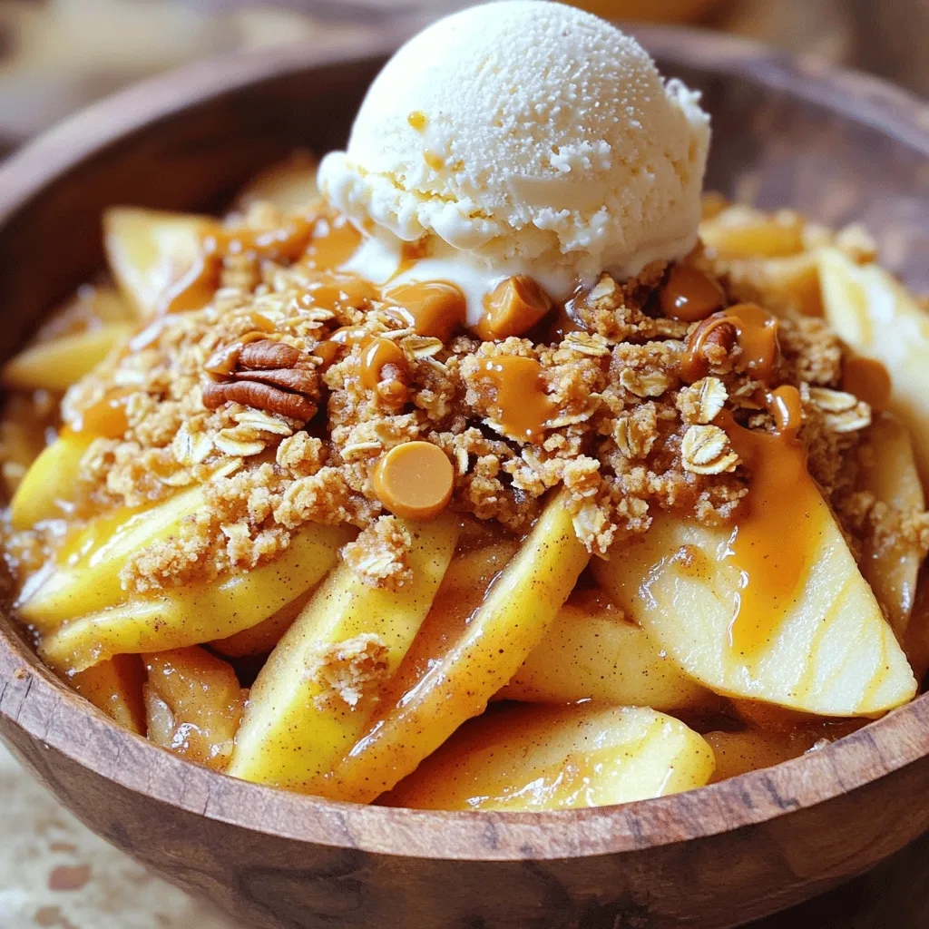- 6 medium apples (such as Granny Smith or Honeycrisp), peeled, cored, and sliced - 1 cup brown sugar, packed - 1 cup rolled oats - 1 cup all-purpose flour - 1 teaspoon cinnamon - 1/2 teaspoon nutmeg - 1/2 cup unsalted butter, melted - 1/2 cup butterscotch chips - 1/4 teaspoon salt - 1/4 cup chopped pecans (optional) - Vanilla ice cream, for serving You can swap apples for any firm variety. Try Fuji or Braeburn for a sweeter touch. Use coconut sugar if you want a less processed sweetener. For a gluten-free option, substitute all-purpose flour with almond flour or a gluten-free blend. If you want a nut-free version, you can skip the pecans. You can also use chocolate chips instead of butterscotch chips for a fun twist. This recipe serves 6-8 people. Each serving contains about 350 calories. It has around 14 grams of fat and 52 grams of carbs. The fiber content is about 3 grams, which adds a bit of health. If you add vanilla ice cream, remember that adds extra calories and sugar. You can reduce calories by cutting back on sugar or using less butter. First, pick 6 medium apples. I love using Granny Smith or Honeycrisp. They add a nice tartness. Peel, core, and slice the apples. In a large bowl, mix the sliced apples with half a cup of brown sugar, cinnamon, nutmeg, and salt. Toss well until all apples are coated. Let them sit for a bit. This helps the flavors blend and the apples soften. In another bowl, gather your dry ingredients: ½ cup of brown sugar, 1 cup of rolled oats, and 1 cup of all-purpose flour. Pour in ½ cup of melted unsalted butter. Mix until it looks crumbly. This topping is key for that perfect crisp. For a fun twist, stir in butterscotch chips and, if you like, some chopped pecans. They add a nice crunch. Now, layer the apple mixture into the bottom of your slow cooker. Spread it out evenly for the best results. Next, sprinkle the crumbly topping over the apples. Make sure to cover them fully. This will create a nice crust. Put the lid on the slow cooker and set it to low. Cook for 4 to 5 hours. Check for tenderness in the apples and a golden topping. When done, remove the lid and let it sit for about 15 minutes. This helps it firm up before serving. Enjoy your warm treat with a scoop of vanilla ice cream on top! For the best slow cooker butterscotch apple crisp, choose the right apples. I recommend Granny Smith or Honeycrisp. These apples have a nice balance of sweet and tart flavors. They also hold up well during cooking. Other good options include Fuji and Braeburn. Just avoid soft apples like Red Delicious. Their texture won't give you that perfect crisp. To get a crispy topping, use rolled oats and all-purpose flour. Mix them well with melted butter. This creates a crumbly texture that bakes nicely. Ensure you cover your apples evenly with the topping. If you want an extra crunch, add chopped pecans. They add flavor and texture. Just remember to watch your cooking time. If you overcook it, the topping can get soggy. Serve your butterscotch apple crisp warm in bowls. A scoop of vanilla ice cream on top makes it special. You can drizzle extra butterscotch sauce for added sweetness. For a fun twist, try serving it with caramel sauce. Pairing it with a cup of warm cider is also delightful. Enjoy this cozy dessert with family and friends! {{image_2}} You can make this butterscotch apple crisp a bit healthier. Swap brown sugar for coconut sugar. It has a similar taste but fewer calories. Use whole wheat flour instead of all-purpose flour. This adds fiber to your dish. You can also replace butter with coconut oil. This change gives it a nice flavor and makes it dairy-free. While apples shine in this recipe, you can try other fruits. Pears can add a juicy twist. You might also enjoy peaches or plums in summer. In fall, consider adding cranberries for a tart kick. Just remember to adjust the sugar if you use tart fruits. This keeps the balance of sweetness just right. The crumb topping is where you can get creative. Instead of oats, you can use crushed nuts for a nutty crunch. Almond flour is a great gluten-free option too. For a fun twist, sprinkle some chocolate chips on top. You could even add spices like ginger or cardamom for extra warmth. Don’t forget to add a drizzle of caramel for a sweet touch! After you enjoy your slow cooker butterscotch apple crisp, store leftovers in an airtight container. This keeps the crisp fresh and tasty. Place it in the fridge for up to three days. If you want to keep it longer, consider freezing it. To reheat your apple crisp, take it out of the fridge. You can use an oven or microwave. If you use an oven, preheat it to 350°F. Put the crisp in an oven-safe dish and cover it with foil. Heat for about 15-20 minutes. If you use a microwave, heat individual portions for 30 seconds to 1 minute until warm. You can freeze your apple crisp for up to three months. To freeze, let it cool completely. Then, wrap it tightly in plastic wrap and aluminum foil. This helps prevent freezer burn. When you're ready to eat it, thaw it in the fridge overnight. Reheat it in the oven for the best taste. Enjoy it warm with vanilla ice cream! Yes, you can use different sugars. White sugar works, but it will change the flavor. If you want a deeper taste, try using coconut sugar or maple sugar. Both options will add a nice twist to the apple crisp. Check the apples for tenderness and the topping for a golden color. The crisp cooks for 4-5 hours on low. You can poke an apple slice with a fork. If it goes in easily, the crisp is ready. Let it sit for about 15 minutes before serving. Yes, you can bake it in the oven. Preheat your oven to 350°F. Layer the apples in a baking dish and top with the crumb mixture. Bake for about 30-35 minutes or until the topping is golden brown. Enjoy the same great taste! In this blog post, we explored the key ingredients for a tasty apple crisp. We covered the best apples, how to make a crumb topping, and cooking in a slow cooker. Plus, I shared tips for crispy texture and serving ideas. Don't forget the variations, like healthier swaps or different fruit. Finally, I outlined how to store and reheat your leftovers. With these steps, you can create a delicious dessert that everyone will love. So grab your ingredients and start cooking!