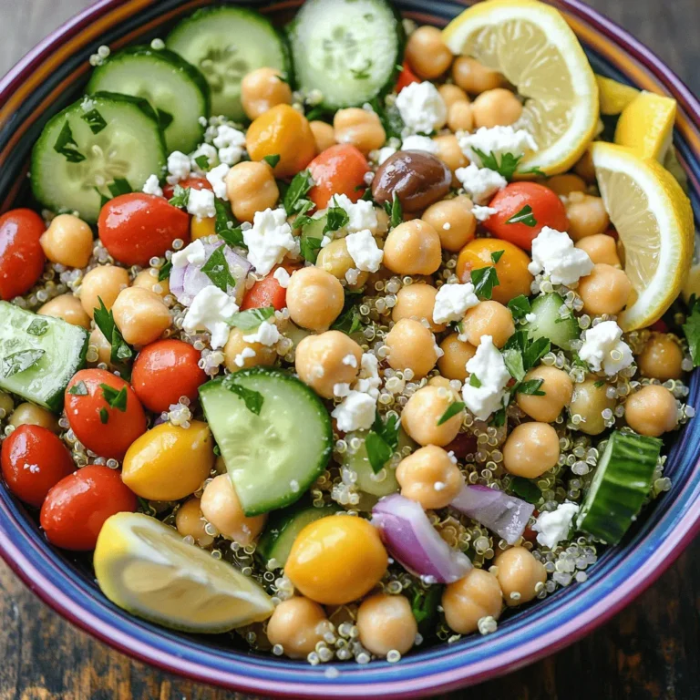- 1 cup quinoa, rinsed - 2 cups vegetable broth or water - 1 can (15 oz) chickpeas, drained and rinsed - 1 cucumber, diced - 1 cup cherry tomatoes, halved - 1/2 red onion, finely chopped - 1/2 cup Kalamata olives, pitted and sliced - 1/4 cup fresh parsley, chopped Quinoa is the star here. It is packed with protein and fiber. Rinsing helps remove the bitter coating. Chickpeas add a nice texture and extra protein. Fresh veggies like cucumber and tomatoes bring crunch and color. Red onion gives a sharp bite. Kalamata olives add a salty flavor. Fresh parsley brightens up the dish and adds freshness. - 1/4 cup feta cheese, crumbled (optional for a vegan version) - 3 tablespoons olive oil - 2 tablespoons lemon juice - Salt and pepper to taste Adding feta cheese can make this salad creamier and richer. If you want a vegan dish, skip the cheese. The dressing is simple yet effective. Olive oil and lemon juice create a zesty finish. Don't forget to add salt and pepper to enhance the flavors. To cook quinoa, start by rinsing it under cold water. This helps remove any bitterness. In a medium saucepan, add 1 cup of rinsed quinoa and 2 cups of vegetable broth or water. Bring this mixture to a boil over medium heat. Once it starts boiling, reduce the heat to low. Cover the pan and let it simmer for about 15 minutes until the quinoa is fluffy and all the liquid is absorbed. After cooking, remove it from the heat and let it cool for a few minutes. While the quinoa cools, grab a large mixing bowl. Add 1 can of drained and rinsed chickpeas, diced cucumber, halved cherry tomatoes, finely chopped red onion, sliced Kalamata olives, and chopped parsley. These fresh veggies make the salad colorful and healthy. Once the quinoa is cool, add it to the bowl with the chickpeas and veggies. Gently mix everything together, so all the ingredients combine well. Now it’s time to make the dressing. In a small bowl, combine 3 tablespoons of olive oil, 2 tablespoons of lemon juice, and some salt and pepper to taste. Use a whisk to mix it until it's smooth. Pour this dressing over the salad and toss everything gently. If you want to add some extra flavor, sprinkle crumbled feta cheese on top and give it a final gentle toss. To make great quinoa, you must rinse it first. Rinsing removes a bitter coating called saponin. Use a fine mesh strainer for this step. Rinse until the water runs clear. Next, cook your quinoa in vegetable broth or water. This gives it more flavor. Start by boiling the liquid, then add the rinsed quinoa. Cover and reduce the heat. Let it simmer for about 15 minutes. Once all the liquid is gone, remove it from heat and let it cool. Fluff it with a fork for the best texture. To add even more taste to your quinoa, try mixing in spices. A pinch of garlic powder or some herbs like oregano can work wonders. You can also add a splash of lemon juice right after cooking for brightness. This salad is a blank canvas. You can add any vegetables you like. Try bell peppers for crunch. Carrots or radishes also work well. If you want some extra protein, consider grilled chicken or cubed tofu. Both options make the salad heartier. You can even mix and match! Feel free to experiment with flavors. Adding avocado can bring creaminess. Try different dressings too. A yogurt dressing can work if you want something rich. The key is to enjoy the process and make it your own! {{image_2}} You can easily change up the flavors in your Mediterranean quinoa chickpea salad. Try using different herbs like basil or mint instead of parsley. These herbs add a fresh taste that brightens the dish. You can also swap in ingredients like artichokes or sun-dried tomatoes for a unique twist. Artichokes add a tender bite, while sun-dried tomatoes bring a rich, sweet flavor. If you want a vegan version, simply skip the feta cheese. This salad still tastes great without it. For a gluten-free option, make sure to use gluten-free quinoa. You can also replace the vegetable broth with water if you want to keep it simple and still gluten-free. These small changes help everyone enjoy this salad while sticking to their dietary needs. To keep your Mediterranean quinoa chickpea salad fresh, store it in an airtight container. This helps prevent moisture and air from spoiling your salad. Place it in the fridge within two hours of making it for the best quality. Your salad will stay fresh for about 3 to 5 days in the fridge. If you notice any wilting or changes in color, it's best to toss it. Always check for smell and taste before eating leftovers to ensure freshness. You can enjoy this salad cold, straight from the fridge. If you prefer it warm, gently reheat it in a pan over low heat. Add a splash of olive oil or broth to keep it moist. Avoid using high heat to maintain the flavors and texture. For leftovers, consider topping it on a bed of greens for a new meal. You can also mix it with cooked pasta or use it as a filling for wraps. This makes your meal fun and keeps it exciting! This salad stays fresh for about 3 to 5 days in the fridge. To keep it tasty, store it in a sealed container. If you notice any signs of spoilage, toss it out. Always check for a strange smell or color before eating. Yes, you can make this salad ahead of time. It tastes even better after a day in the fridge. To prep, mix all the ingredients and store them in the fridge. Just add the dressing right before you serve it. This helps keep the salad crisp and bright. If you don’t have chickpeas, use other beans. Black beans or kidney beans work well. You can also use lentils for a different texture. These options still give you protein and fiber, making your salad hearty and filling. This blog showed how to make a tasty quinoa salad. You learned about key ingredients like quinoa, chickpeas, and fresh veggies. I explained steps for cooking quinoa and mixing your salad. Also, I shared tips for perfecting flavor and customizing the dish. In the end, this salad is easy to make and good for you. Use this recipe to enjoy a healthy meal that you can tweak to your taste. Happy cooking!