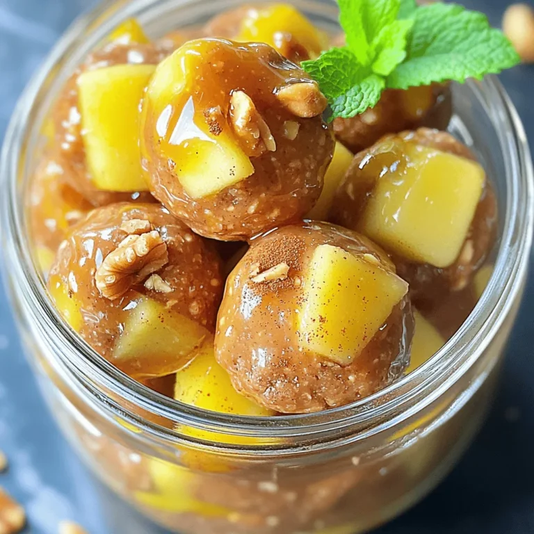 To make No-Bake Peanut Butter Apple Energy Bites, you will need: - 1 cup rolled oats - 1/2 cup natural peanut butter - 1/2 cup diced apple (I suggest sweet types like Fuji or Honeycrisp) - 1/4 cup honey or maple syrup - 1/4 cup finely chopped walnuts - 1/4 teaspoon cinnamon - 1/4 teaspoon vanilla extract - Pinch of salt These ingredients blend well to give you a tasty, healthy snack. If you need a peanut butter substitute, try almond or cashew butter. These work great and have a similar texture. Sunflower seed butter is a good nut-free option. Each choice brings its own flavor, adding a twist to your bites. You can use honey or maple syrup in this recipe. Honey adds a rich sweetness. It also helps bind the mixture. Maple syrup gives a unique flavor. It is a great vegan option too. You can adjust the amount based on how sweet you like it. Try both to see which one you prefer! Start by taking a large mixing bowl. Add 1 cup of rolled oats and 1/2 cup of diced apple. You can use sweet apples like Fuji or Honeycrisp for the best flavor. Next, add 1/2 cup of natural peanut butter. This gives our bites a creamy texture and rich taste. Pour in 1/4 cup of honey or maple syrup for sweetness. Then, add 1/4 teaspoon of vanilla extract for extra flavor. Sprinkle in 1/4 cup of finely chopped walnuts, 1/4 teaspoon of cinnamon, and a pinch of salt. These add crunch and warmth. Mix everything together using your hands or a spatula. The mixture should feel sticky but hold together well. If it feels too crumbly, add a bit more honey or peanut butter. Once the mixture is well combined, it's time to shape the energy bites. Scoop out tablespoon-sized portions. Roll each portion into a ball using your hands. It can be messy, but that’s part of the fun! Place the shaped bites on a baking sheet lined with parchment paper. Make sure they have some space between them. This helps them not stick together. You should get about 12 to 15 energy bites from the mixture. Now, we need to chill the energy bites for a perfect texture. Place the baking sheet in the fridge for at least 30 minutes. This helps the bites firm up and makes them easier to eat. Once chilled, they are ready to enjoy. You can serve them in a small bowl or jar. A sprig of mint on top adds a nice touch! Enjoy these bites as a snack or before your workout for a boost of energy! To get the perfect texture, start by mixing all the dry ingredients first. This includes oats, walnuts, and cinnamon. Then, add the wet ingredients like peanut butter and honey. If the mixture feels too dry, add a little more peanut butter. If it is too wet, add more oats. The mix should be sticky, but hold shape well. You want to roll it into neat balls. Store any leftover energy bites in an airtight container. They will stay fresh in the fridge for up to a week. For longer storage, you can freeze them. Just place them in a freezer bag and remove as much air as possible. They can last for about three months in the freezer. You can make these bites more fun by adding extras. Try mixing in mini chocolate chips for sweetness. Dried fruits like cranberries or raisins work well too. You can also toss in seeds like chia or flax for extra crunch. Each add-in gives a new twist to the flavor profile. Experiment to find your favorite mix! {{image_2}} You can switch up the nut butter for a new taste. Almond butter adds a smooth, nutty flavor. Sunflower seed butter works well too. It’s great for nut-free diets. Cashew butter gives a creamy, rich taste. Just ensure it’s a natural option without added sugars. Adding seeds boosts nutrition and crunch. Chia seeds or flaxseeds are perfect for this. You can also mix in dried fruits like raisins or cranberries. These add sweetness and chewiness. Just remember to chop them small so they blend well. Chocolate chips can make these bites a sweet treat. Dark chocolate adds a rich taste, while white chocolate is creamier. For a tropical twist, add shredded coconut. It gives a chewy texture and a hint of sweetness. Mix and match to find your favorite combo! To keep your No-Bake Peanut Butter Apple Energy Bites fresh, store them in an airtight container. This helps prevent them from drying out. You can keep them in the fridge for up to one week. If you want to take them on the go, pack a few in a small bag. This makes a great snack for school or work. If you want to save energy bites for later, freezing is a great option. Place them in a single layer on a baking sheet first. Freeze them for about an hour. Once they are firm, transfer them to a freezer-safe bag or container. They can last in the freezer for up to three months. This way, you always have a healthy snack ready. To enjoy your frozen energy bites, take out only what you need. Let them sit at room temperature for about 15 minutes. This will make them soft and tasty again. You can also microwave them for 10-15 seconds if you want them warm. Enjoy your snacks anytime! Yes, you can make these energy bites vegan! To do this, swap honey for maple syrup. Both work well in this recipe. Use a natural peanut butter that contains only peanuts and salt. This simple change makes your bites plant-based and just as tasty. These energy bites can last about a week in the fridge. Store them in an airtight container. If you want them to last longer, you can freeze them. Just take out what you need, and they will quickly thaw at room temperature. Absolutely! You can use any sweet apple. Fuji and Honeycrisp are great choices, but feel free to experiment. Try Gala, Pink Lady, or even a tart apple for a different flavor. Just make sure to dice them small for the best texture. You now have a clear guide to making delicious energy bites. We covered the key ingredients, helpful steps, and tips to get the best texture. You learned about substitutions and how to store leftovers. Feel free to explore variations with different nut butters and add-ins for flavor. These bites are easy to customize and perfect for a quick snack. Enjoy making them your own!