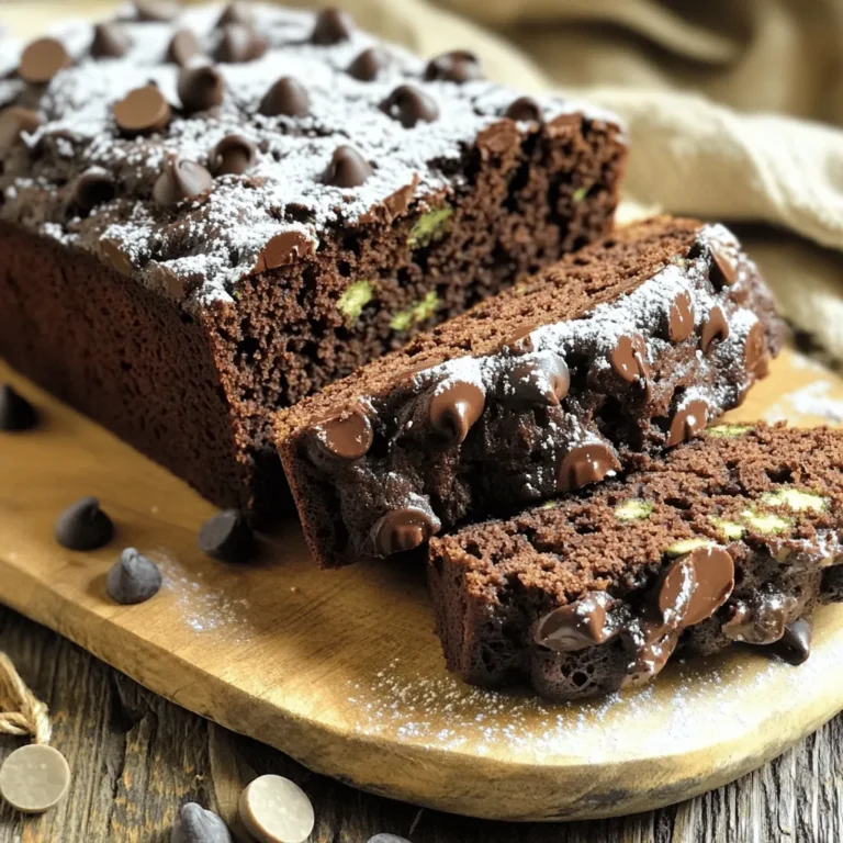 For our delicious double chocolate zucchini bread, you will need: - 2 cups grated zucchini (about 2 medium zucchinis) - 1 cup all-purpose flour - 1/2 cup unsweetened cocoa powder - 1 teaspoon baking soda - 1/2 teaspoon baking powder - 1/2 teaspoon salt - 1 teaspoon ground cinnamon - 1/2 cup granulated sugar - 1/2 cup brown sugar, packed - 1/2 cup vegetable oil - 2 large eggs - 1 teaspoon vanilla extract - 1 cup chocolate chips (semi-sweet or dark) - Optional: 1/2 cup chopped walnuts or pecans Grated zucchini adds moisture and nutrition. It helps keep the bread soft. Choose medium zucchinis for the best flavor. Make sure to squeeze out extra water. This step prevents a soggy loaf. The cocoa powder gives that rich chocolate taste. Use high-quality chocolate chips for the best results. They melt beautifully and enhance the flavor. If you like nuts, feel free to add them. Walnuts or pecans add a nice crunch. If you need a gluten-free option, use a gluten-free flour blend. Almond flour can also work well. You can swap vegetable oil for melted coconut oil. For a lighter sugar option, try using honey or maple syrup. These alternatives will change the flavor slightly but still taste great. If you want a vegan version, replace the eggs with flax eggs. Mix 1 tablespoon of ground flaxseed with 2.5 tablespoons of water for each egg. This makes a great binder and keeps the bread moist. 1. First, heat your oven to 350°F (175°C). 2. Grease and flour a 9x5-inch loaf pan. You can also use parchment paper. 3. Grate two medium zucchinis. Place them in a bowl with a pinch of salt. 4. Let the zucchini sit for 10 minutes. This helps remove extra moisture. 5. After 10 minutes, use a clean kitchen towel to squeeze out the liquid. 1. In a large bowl, whisk together the flour, cocoa powder, baking soda, baking powder, salt, and cinnamon. 2. In another bowl, mix the granulated sugar, brown sugar, vegetable oil, eggs, and vanilla extract. Stir until smooth and creamy. 3. Fold the grated zucchini into the wet mixture. Make sure it blends well. 4. Gradually add the dry mix to the wet mix. Stir gently until just combined. Avoid overmixing. 5. Fold in the chocolate chips and optional nuts if you like. 1. Pour the batter into the prepared loaf pan. Spread it evenly. 2. You can sprinkle a few extra chocolate chips on top for decoration. 3. Bake in the oven for 50-60 minutes. Check with a toothpick; it should come out clean or with a few moist crumbs. 4. Let the bread cool in the pan for about 10 minutes. Then, transfer it to a wire rack to cool completely. To get the best texture in your double chocolate zucchini bread, you need to squeeze the grated zucchini well. This removes extra moisture. If you skip this step, your bread may turn out too wet. Mix the dry and wet ingredients just until combined. Overmixing can lead to a tough loaf. One common mistake is not using fresh zucchini. Old zucchini can taste bitter and affect the flavor. Another mistake is mismeasuring the flour or cocoa powder. Use dry measuring cups for accuracy. Lastly, don’t skip the baking soda and baking powder. They are key for a good rise. When grating zucchini, use a box grater or a food processor. Both methods work well. Make sure to grate the zucchini with the skin on for added nutrition. After grating, sprinkle a little salt and let it sit for ten minutes. This helps draw out moisture. Squeeze it dry with a clean towel before adding it to the batter. {{image_2}} You can make this bread healthier with a few simple swaps. Use whole wheat flour instead of all-purpose flour. This adds fiber and nutrients. You can also reduce the sugar by half. It will still taste sweet with the chocolate chips. Instead of vegetable oil, try applesauce. This adds moisture with fewer calories. To boost the flavor, add a splash of almond extract. It pairs well with chocolate and zucchini. You can also mix in spices like nutmeg or ginger for warmth. If you love a crunch, add nuts like walnuts or pecans. They add texture and a nutty taste. Another option is to fold in dried fruit like raisins or cranberries for sweetness. If you want a gluten-free version, use a gluten-free all-purpose flour blend. Make sure it has xanthan gum for the right texture. You can also try almond flour or coconut flour. Just remember, these flours absorb more liquid. Adjust the wet ingredients as needed to keep the batter moist. To keep your double chocolate zucchini bread fresh, store it in an airtight container. This helps keep it moist and prevents it from drying out. You can also wrap it tightly with plastic wrap or foil. If you plan to eat it within a few days, keep it at room temperature. For longer storage, refrigeration is best. Freezing this bread is easy and keeps it tasty. First, let the bread cool completely. Then, wrap it tightly in plastic wrap. After that, place the wrapped bread in a freezer bag. Make sure to remove as much air as possible. You can freeze it for up to three months. To enjoy your thawed double chocolate zucchini bread, preheat your oven to 350°F (175°C). Unwrap the bread and place it on a baking sheet. Heat it for about 10-15 minutes. This warms it through and brings back its lovely texture. If you prefer, you can also microwave a slice for about 20-30 seconds to enjoy it warm. Yes, you can use frozen zucchini. Just thaw it first. Drain any extra water. This helps keep the bread from getting too wet. Frozen zucchini works well since it blends smoothly into the batter. You can use applesauce or mashed banana as a substitute. Use 1/4 cup for each egg. This keeps the bread moist and tasty. You can also use flaxseed meal mixed with water. Mix 1 tablespoon of flaxseed meal with 2.5 tablespoons of water and let it sit for a few minutes. The bread stays fresh for about 3-4 days at room temperature. Store it in an airtight container. If you want to keep it longer, you can freeze it. Wrapped well, it can last for up to 3 months in the freezer. Just thaw it overnight in the fridge before serving. This article covered how to make delicious double chocolate zucchini bread. We explored ingredients, step-by-step instructions, tips for perfect texture, and variations. I shared storage info for keeping your bread fresh, and answered common questions. Double chocolate zucchini bread is simple and fun to make. With these tips and tricks, you can create a tasty treat that delights everyone. Remember, practice makes perfect, so try different variations to find your favorite! Enjoy baking!