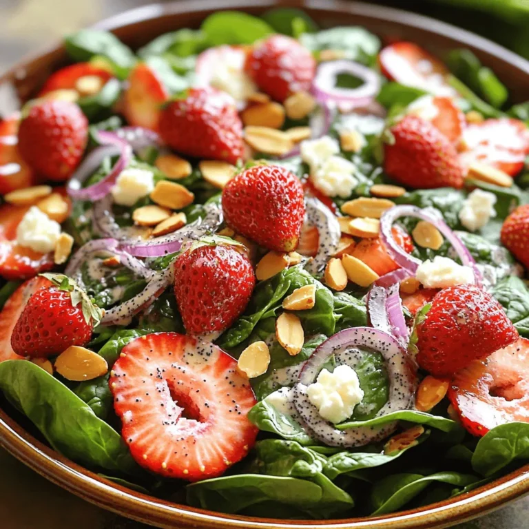 - 4 cups fresh baby spinach, washed and dried - 2 cups fresh strawberries, hulled and sliced - 1/2 cup crumbled feta cheese - 1/3 cup sliced almonds, toasted - 1/4 cup red onion, thinly sliced Fresh ingredients make this salad shine. Baby spinach is crisp and tender. It provides a great base. Fresh strawberries add sweetness and color. Feta cheese brings a creamy and salty touch. Sliced almonds give a nice crunch. Red onion adds a zesty flavor. Each ingredient has its role. Together, they create a balanced dish that excites the taste buds. - 1/4 cup olive oil - 2 tablespoons apple cider vinegar - 2 tablespoons honey - 1 tablespoon poppy seeds - Salt and pepper to taste The dressing pulls it all together. Olive oil creates a smooth texture. Apple cider vinegar adds tanginess. Honey sweetens the mix perfectly. Poppy seeds provide a unique crunch and visual appeal. Salt and pepper elevate the flavors. This dressing is quick to make and enhances each bite. With just a few simple ingredients, you can create a delightful topping that makes the salad feel special. Start by whisking the dressing ingredients in a small bowl. Use these items: olive oil, apple cider vinegar, honey, poppy seeds, salt, and pepper. Mix them well until they blend smoothly. This is key for a great taste. Next, let the dressing sit for a few minutes. This allows the flavors to meld together, creating a richer taste. Now, grab a large salad bowl. Add 4 cups of fresh baby spinach to the bottom. Then, layer on 2 cups of sliced strawberries. They add a sweet touch. Don't forget to sprinkle in 1/4 cup of thinly sliced red onion. This gives the salad a nice crunch and a bit of zing. Next, add 1/2 cup of crumbled feta cheese. It brings a creamy flavor. Finally, sprinkle 1/3 cup of toasted sliced almonds on top for extra crunch. Drizzle your prepared poppyseed dressing over the salad. Now, gently toss everything together. Make sure the greens and toppings are well coated in dressing. This helps every bite burst with flavor. After tossing, take a moment to taste the salad. Adjust the seasoning if needed. You might want more salt or pepper. Serve the salad right away for the best fresh taste. Enjoy your Strawberry Spinach Salad with Poppyseed Dressing! To make the poppyseed dressing just right, adjust the sweetness and tanginess. If you like it sweeter, add more honey. For extra tang, add a bit more apple cider vinegar. Taste as you go to find your perfect mix. You can try other dressings too. A balsamic vinaigrette adds a nice twist. A lemon vinaigrette can also brighten the flavors. Feel free to get creative! Layering your salad will make it look stunning. Start with the fresh baby spinach at the bottom. Then, add the sliced strawberries and red onion on top. This way, you see all the colors and textures. When mixing, gently toss the greens with your hands. This helps keep the spinach from wilting. You want everything to blend well without crushing the delicate leaves. This salad pairs well with grilled chicken or fish. The light flavors of the salad balance nicely with richer dishes. For leftovers, store the salad in a sealed container in the fridge. Enjoy it within one day for the best taste. If you have extra dressing, keep it separate to avoid soggy greens. {{image_2}} Other fruit options You can switch strawberries for other fruits. Try blueberries, raspberries, or diced peaches. Each fruit brings a new flavor. Feel free to mix and match to create your favorite taste. Cheese alternatives If you want a cheese swap, try goat cheese or even no cheese at all. Vegan cheese works well too. Each option will change the salad's texture and taste. Gluten-free options This salad is naturally gluten-free. All the ingredients are safe for gluten-free diets. Just ensure your dressing ingredients are gluten-free as well. Vegan adaptations To make this salad vegan, skip the feta cheese. Use avocado for creaminess. For the dressing, replace honey with maple syrup. This will keep the sweetness while staying plant-based. Using seasonal fruits and nuts In the summer, use fresh berries. In the fall, add apples or pears. Nuts like walnuts or pecans can add unique flavors based on the season. Change the salad with what is fresh around you. Adjusting for different times of the year Think about adding roasted squash in winter. You can also include citrus fruits in winter months for brightness. This keeps your salad fresh and exciting all year long. To keep your strawberry spinach salad fresh, store it in an airtight container. This helps prevent moisture loss and keeps the ingredients crisp. It's best to keep the dressing separate until serving. The salad stays fresh for about 1-2 days in the fridge. After that, the spinach may wilt, and the strawberries can become mushy. I do not recommend freezing the salad. Freezing changes the texture of fresh ingredients. However, you can freeze the poppyseed dressing. Pour it into a freezer-safe container, leaving space for expansion. Thaw it in the fridge overnight before using. When serving leftovers, do not reheat the salad. Instead, serve it cold straight from the fridge. If the salad seems dry, add a little extra dressing to brighten the flavors. For the best taste, enjoy the salad within two days after making it. To reduce the sweetness of the dressing, cut back on honey. You can also add more apple cider vinegar. This will give you a nice tang. Another option is to add a bit of mustard. Mustard adds flavor without extra sugar. Taste as you adjust. This way, you get the flavor balance just right. You can try many nuts in this salad. Walnuts add a rich taste. Pecans give a sweet crunch. Cashews offer a buttery texture. Experiment with your favorites. Just remember to toast them for extra flavor. The crunchiness will enhance the salad’s texture. Yes, but some parts should be added later. You can wash and dry the spinach ahead of time. Store it in a sealed bag. Slice strawberries and keep them in the fridge. Add the dressing just before serving. This keeps the salad fresh and crisp. Enjoy making it ahead for quick meals! This blog post walks you through making a tasty salad using fresh ingredients. We covered the key components, from baby spinach to feta cheese. You learned how to whisk a simple dressing and layer your salad for the perfect look. Remember, you can customize with different fruits or nuts based on your taste. Store leftovers correctly to keep them fresh. Enjoy experimenting with your salad mix. Each bite can be a new adventure in flavor!