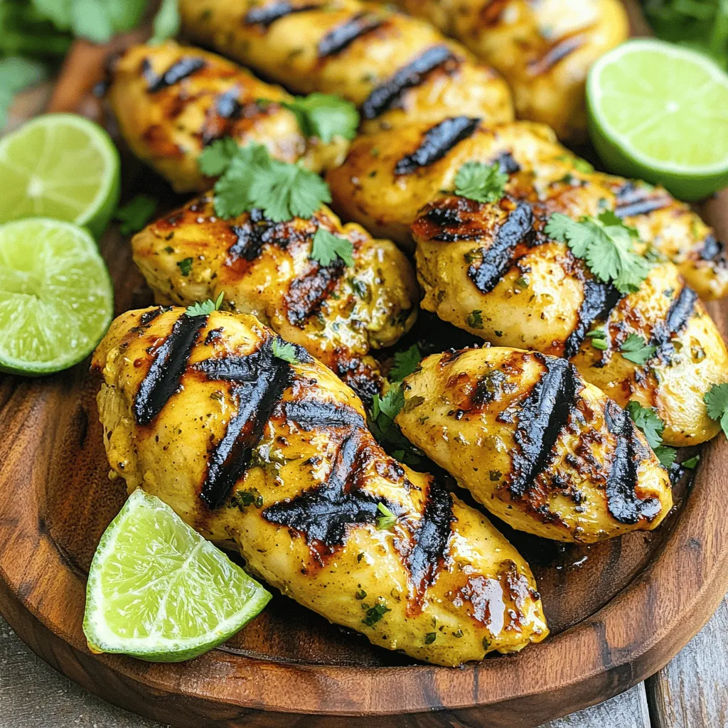 - 4 boneless, skinless chicken breasts - 1/4 cup honey - 1/4 cup fresh lime juice The main ingredients set the stage for this dish. Boneless, skinless chicken breasts offer a lean protein source. Honey adds a touch of sweetness, while fresh lime juice brings zesty flavor. Together, they create a perfect balance. - 2 tablespoons olive oil - 2 cloves garlic, minced - 1 teaspoon ground cumin - 1 teaspoon smoked paprika The marinade gives depth to the chicken. Olive oil keeps it moist. Garlic adds aroma and flavor. Ground cumin and smoked paprika bring warmth and spice. This mix brightens up your dish. - Salt and pepper to taste - Fresh cilantro for garnish (optional) Seasoning is key. Salt and pepper enhance all the flavors. Fresh cilantro adds a pop of color and brightness. Use it if you love fresh herbs. It's optional, but it makes the dish look great! To start, I whisk together the marinade ingredients. You will need honey, lime juice, olive oil, minced garlic, ground cumin, and smoked paprika. I add salt and pepper to taste. Make sure to mix until everything is well combined. This step is key for a great flavor. Next, I pour the marinade over the chicken. If I use a resealable bag, I seal it tightly. If I use a dish, I cover it well. This ensures that every piece gets an even coating of the marinade. An even coat means more flavor! For the best flavor, I recommend marinating the chicken for at least one hour. If you can, marinate it overnight. The longer the chicken sits in the marinade, the better the taste. When marinating, I place the chicken in the fridge. This helps keep it safe and fresh. I also flip the bag or stir the chicken in the dish halfway through. This way, every part gets the marinade. Before I grill, I preheat the grill to medium-high heat. This step is important for getting nice grill marks on the chicken. Once the grill is hot, I remove the chicken from the marinade. I let the extra marinade drip off. I discard the leftover marinade to avoid any risk of bacteria. I then place the chicken on the grill. I grill it for about 6-7 minutes on each side. I always check that the internal temperature reaches 165°F (74°C). This ensures the chicken is safe to eat. After grilling, I remove the chicken from the grill. I let it rest for about 5 minutes. Resting helps the juices stay inside the chicken, making it tender and juicy. When ready to serve, I slice the chicken and sprinkle fresh cilantro on top if I like. Serving it with lime wedges adds a nice touch. You can also place it on a platter for a beautiful presentation. Enjoy your meal! To get those nice grill marks, preheat your grill to medium-high heat. Make sure it's hot before you place the chicken on it. This helps create those beautiful lines. Press the chicken down gently with a spatula for a few seconds after placing it on the grill. This step can help you get even better marks. To check doneness, use a meat thermometer. Insert it into the thickest part of the chicken. The ideal temperature is 165°F (74°C). If you don’t have a thermometer, cut into the chicken. The juices should run clear, not pink. For the best flavor, marinate the chicken for at least one hour. However, if you have time, let it sit overnight. This allows the flavors to soak in deeply. When marinating, make sure the chicken is fully coated with the marinade. You can use a resealable bag or a dish. For even marinating, flip the chicken halfway through the time. This helps each piece absorb the marinade equally. You can add extra spices or herbs to boost the flavor. Consider adding chili powder for some heat. Fresh herbs like thyme or rosemary can also add a nice touch. Just mix them into the marinade before adding the chicken. Pair your Honey Lime Grilled Chicken with sides like rice, salad, or grilled veggies. The sweet and tangy flavors go well with many dishes. Lime wedges on the side also add a fresh kick. {{image_2}} You can swap chicken breasts for chicken thighs. Chicken thighs have more fat, making them juicy. They also soak up the marinade well. This change gives you a richer flavor. You can also try using shrimp instead. Shrimp cooks quickly and takes on the honey lime taste beautifully. Just be sure to watch the cooking time. Shrimp usually cooks in just a few minutes. You can add citrus variations for more depth. Try orange or lemon juice in place of lime juice. Each fruit gives a different twist. You can mix them for a fun flavor blast. Using different herbs can also change the taste. Fresh basil or mint adds a sweet touch. Cilantro is great, but don't be afraid to experiment. Find what you love! Grilling is the classic way to cook this dish. It gives the chicken nice grill marks and a smoky flavor. But you can also oven-bake it if it's rainy. Set the oven to 400°F (200°C) and bake for about 25-30 minutes. Using a skillet is another option. Heat some oil in a pan over medium heat. Cook the marinated chicken for about 6-7 minutes per side. This method is quick and keeps the chicken moist. To keep your Honey Lime Grilled Chicken fresh, store it in the fridge. Place the chicken in an airtight container. This helps prevent it from drying out. You can keep it in the fridge for up to three days. If you have more leftovers, consider freezing the chicken. Wrap each piece in plastic wrap. Then place the wrapped chicken in a freezer bag. This method helps maintain flavor and texture. Frozen grilled chicken lasts for about three months. When reheating, avoid drying out the chicken. The best method is to use an oven. Preheat your oven to 350°F (175°C). Place the chicken on a baking sheet. Cover it with foil to keep moisture in. Heat for about 15-20 minutes, or until warm. You can also reheat on the stovetop. Use a skillet over medium heat. Add a splash of water or broth to keep it moist. Heat each side for about 4-5 minutes. Always check the internal temperature before serving. It should reach 165°F (74°C) for safety. Enjoy your tasty leftovers! For the best flavor, I recommend marinating the chicken for at least one hour. If you have more time, let it marinate overnight. The longer it sits, the more the flavors blend into the meat. Yes, you can use different sweeteners. Maple syrup or agave nectar works well as a substitute. These options will give a similar sweet taste, but each will add its own twist to the flavor. The chicken should reach an internal temperature of 165°F (74°C). This ensures it is safe to eat and remains juicy. Use a meat thermometer to check this for perfect results. You can prepare the marinade ahead of time. Marinate the chicken and keep it in the fridge. This makes it easy to grill when you are ready. Just remember to let it rest after grilling for full flavor. Many side dishes work great with this chicken. Here are a few ideas: - Grilled vegetables - Rice or quinoa - Fresh salad - Corn on the cob These sides balance the flavors and make your meal complete. In this blog post, I shared a simple recipe for Honey Lime Grilled Chicken. You learned about the main ingredients, marinade components, and the best cooking methods. I provided tips to perfect your grilling and variations for different proteins. Remember to store leftovers properly and follow reheating guidelines for the best taste. Grilling this dish can create a healthy and tasty meal. I hope you feel excited to try this recipe and enjoy diverse flavors as you cook.