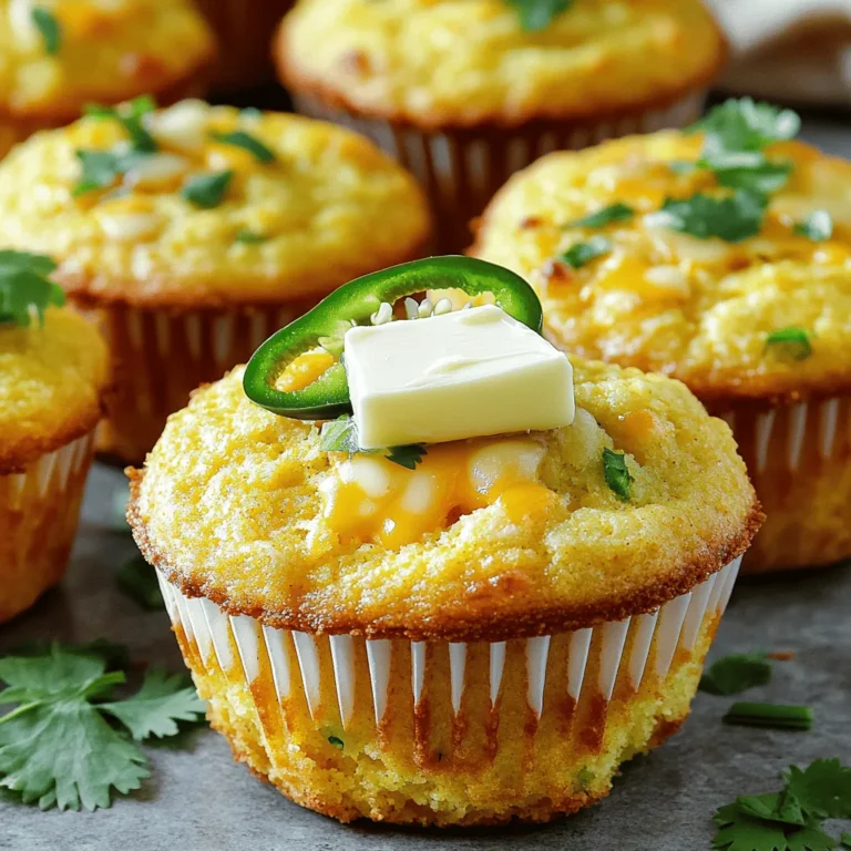 To make Jalapeño Cheddar Cornbread Muffins, you will need the right base ingredients. Gather these items: - 1 cup cornmeal - 1 cup all-purpose flour - 1 tablespoon baking powder - 1/2 teaspoon salt - 1/4 teaspoon black pepper - 1 cup buttermilk (or milk with a splash of vinegar) - 1/4 cup honey - 1/4 cup vegetable oil - 2 large eggs Start by measuring each ingredient carefully. Mix the cornmeal, flour, baking powder, salt, and black pepper in a large bowl. This mix creates the fluffy base for your muffins. The cheese you choose can make a big difference. I recommend using sharp cheddar cheese for a bold flavor. It melts well and adds richness. You could also try pepper jack for extra spice or even a mix of both! Cheese brings a gooey texture and complements the heat from the jalapeños. Fresh jalapeños pack a punch with their crispness and flavor. Use 1-2 fresh jalapeños, deseeded and finely chopped, for the best taste. If you prefer dried jalapeños, remember they are less spicy. Dried jalapeños won’t give the same fresh kick, so adjust the quantity accordingly. Fresh jalapeños add brightness and enhance the muffin's overall taste. Start by preheating your oven to 400°F (200°C). This gets it hot and ready for baking. Next, line a muffin tin with paper liners or lightly grease each cup with oil. This helps the muffins release easily after baking. In a large bowl, whisk together the cornmeal, all-purpose flour, baking powder, salt, and black pepper. Make sure these dry ingredients blend well. This step builds the foundation for our muffins. The cornmeal gives a nice texture, while the flour binds everything together. In another bowl, mix the buttermilk, honey, vegetable oil, and eggs until smooth. If you don't have buttermilk, use milk with a splash of vinegar. This mix adds moisture and flavor. Honey brings a touch of sweetness, balancing the spice of the jalapeños. Pour the wet mix into the dry mix. Stir gently until just combined; do not overmix. Now, fold in the shredded cheddar cheese and chopped jalapeños. If you like, add chopped cilantro for more flavor. This step gives the muffins their signature taste and exciting kick. Spoon the batter into the prepared muffin tin, filling each cup about 2/3 full. Bake in the oven for 15-20 minutes. You’ll know they’re ready when they turn golden and a toothpick inserted in the center comes out clean. Let them cool for a few minutes in the tin, then transfer to a wire rack. Enjoy your fresh Jalapeño Cheddar Cornbread Muffins warm! To get soft and fluffy muffins, use a mix of cornmeal and flour. This blend gives the muffins a nice crumb. Make sure to measure your dry ingredients using a spoon. Spoon the flour and cornmeal into the measuring cup and level it off. This method keeps the muffins light. Overmixing can lead to dense muffins, so stir gently when combining wet and dry ingredients. For extra flavor, try adding cheese. Sharp cheddar works best, but you can mix it with pepper jack for a spicy twist. Fresh cilantro adds a bright taste, too. If you want more heat, add extra jalapeños or some chopped green chilies. You can also mix in a handful of corn kernels for a sweet crunch. Bake your muffins at 400°F (200°C) for 15-20 minutes. Check them at 15 minutes with a toothpick. If it comes out clean, your muffins are ready. If not, give them a few more minutes. Keep an eye on them to avoid overbaking. Each oven is different, so adjust time as needed. {{image_2}} If you like sweet and spicy, add corn or diced peaches. These fruits add a sweet twist. You can also mix in some brown sugar for extra sweetness. Balance the heat of jalapeños with a splash of honey. This combo makes a fun flavor mix. To make these muffins gluten-free, swap the all-purpose flour for a gluten-free blend. Look for a blend that has xanthan gum. This helps with texture and rise. You can still use cornmeal for a tasty base. Your muffins will be fluffy and delicious without the gluten. These muffins pair well with soups and salads. Serve them with chili for a hearty meal. They also go well with a fresh garden salad. The muffins add warmth and fun to any dish. Try them alongside a bowl of creamy tomato soup for a cozy vibe. Enjoying these muffins with your favorite soups or salads makes for a complete meal. To keep your Jalapeño Cheddar Cornbread Muffins fresh, store them in an airtight container. This helps keep moisture in and prevents them from drying out. If you have leftovers, let them cool completely first. Then, layer them with parchment paper to avoid sticking. You can keep them at room temperature for up to two days. For longer storage, place them in the fridge for up to a week. When you're ready to enjoy your muffins again, reheating is easy. You can use a microwave or an oven. For the microwave, just heat one muffin for about 20-30 seconds. If you want a crispier texture, use the oven. Preheat the oven to 350°F (175°C). Wrap the muffins in foil and heat for about 10-15 minutes. This will refresh them nicely! Freezing is a great option if you want to save muffins for later. Allow the muffins to cool completely. Then, wrap each one in plastic wrap and place them in a freezer bag. They can last up to three months in the freezer. When you're ready to eat, thaw them in the fridge overnight. Reheat them as mentioned above for the best taste. Enjoy these muffins anytime! Yes, you can use regular milk. Just add a splash of vinegar to make it tangy. This helps mimic buttermilk's flavor and acidity in the recipe. Store the muffins in an airtight container. Keep them at room temperature for up to three days. For longer storage, place them in the fridge. These muffins pair well with chili, soups, or salads. They also make a great side for grilled meats. The spicy and cheesy flavor enhances your meal. The spice level depends on how many jalapeños you use. One jalapeño adds mild heat. Two jalapeños bring more spice. Adjust according to your taste. Absolutely! You can prepare the batter a day in advance. Store it in the fridge until you're ready to bake. This helps the flavors meld nicely. You learned how to make delicious Jalapeño Cheddar Cornbread Muffins. We covered ingredients, from fresh to dried jalapeños and types of cheese. You discovered step-by-step instructions to bake these muffins with perfect texture. Tips and tricks helped enhance the flavor. Various serving options were provided, along with storage tips for leftovers. Now, you can enjoy these tasty muffins anytime. Happy baking!