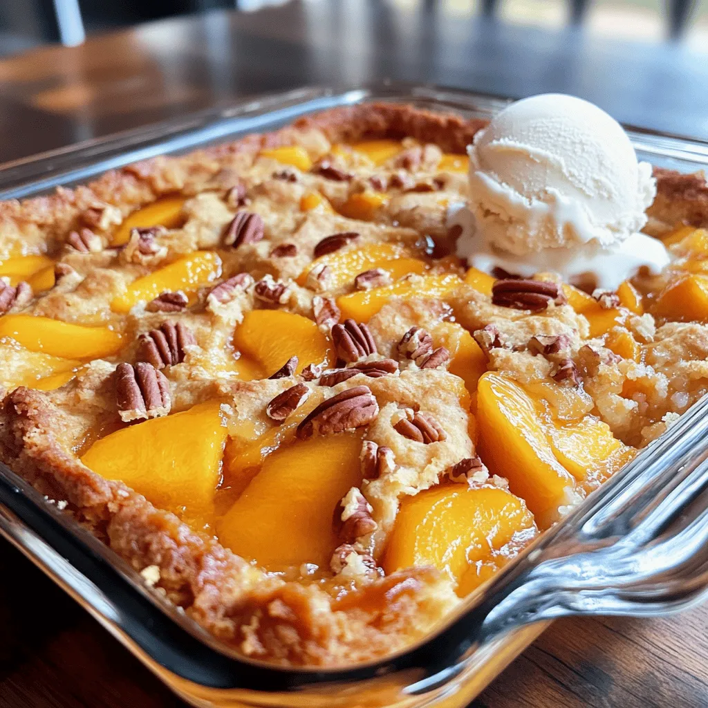 You can use fresh or canned peaches. If using fresh, slice four cups. Make sure they are ripe for the best flavor. If using canned, drain them well. Both options work well in this dessert. You will need one cup of granulated sugar. This adds sweetness to the peaches. Don't forget one teaspoon of cinnamon. It gives the dish a warm, inviting flavor. Mix both with your peaches for a tasty blend. Choose a box of yellow cake mix. A 15.25 oz box is perfect. This mix makes it easy and quick. It adds a nice, fluffy texture. You can also use white cake mix if you prefer. The choice is yours! Start by preheating your oven to 350°F (175°C). In a large bowl, mix together the sliced peaches, sugar, and cinnamon. If you use fresh peaches, let them sit for 10 minutes. This step helps the peaches release their tasty juices. After they sit, give the mix a gentle stir to combine all the flavors. Pour the peach mixture into a greased 9x13-inch baking dish. Spread it out evenly so every bite has good flavor. Next, sprinkle the dry yellow cake mix over the peach layer. Make sure to cover the peaches completely with a nice, even layer. This helps create a soft cake on top. Then, take your melted butter and drizzle it evenly over the cake mix. This step adds richness and helps the cake bake up golden. If you want a crunchy texture, sprinkle chopped pecans on top. They add a nice twist to your dessert. Place the baking dish in the preheated oven. Bake for 35-40 minutes. Keep an eye on the top; it should turn golden brown. You’ll know it’s done when the peach filling bubbles around the edges. Once it’s ready, take it out and let it cool for about 10 minutes. Serving it warm with vanilla ice cream makes each bite even better. Enjoy the sweet and warm flavors! To get the best texture, use fresh peaches. If you use canned peaches, make sure to drain them well. Mixing the peaches with sugar and cinnamon helps them become sweet and juicy. Let the peach mix sit for about 10 minutes. This step lets the peaches release their juices, making the filling more flavorful. Spread the peach mixture evenly in the baking dish. When you sprinkle the cake mix, cover the peaches completely. This keeps the cake moist and adds a nice crust on top. Serve your peach cobbler dump cake warm for the best taste. Adding a scoop of vanilla ice cream on top makes it even better. The cold ice cream melts slightly, creating a creamy layer. You can also serve it with whipped cream for a lighter touch. For extra crunch, sprinkle some chopped pecans on top before baking. They add flavor and a nice texture contrast. Consider pairing it with a cup of coffee or tea for a cozy dessert time. One common mistake is not draining canned peaches. This can make your dessert too watery. Another mistake is skipping the cooling time. Letting it cool for 10 minutes helps the filling set. Avoid using too much butter, as it can make the cake soggy. Finally, don't skip the even layer of cake mix. If it’s uneven, some parts may bake faster than others. Following these tips will help you make the perfect peach cobbler dump cake every time! {{image_2}} You can change the fruit in this recipe. Try apples, blueberries, or cherries. Each fruit brings its own taste. Apples work well with cinnamon, making it warm and cozy. Blueberries add a sweet burst, and cherries give a nice tartness. Just swap the peaches for your choice. Keep the sugar amount the same or adjust to your taste. If you need a gluten-free option, use gluten-free cake mix. Many brands offer good choices now. Also, check for gluten-free oats as a topping. You can mix them in with the cake mix for extra texture. This way, everyone can enjoy a slice of this tasty treat. To boost the flavor, add some extra spice. Vanilla or almond extract adds a nice touch. You can also fold in some nuts for crunch. Chopped pecans or walnuts work great. If you like a sweeter taste, drizzle some honey or maple syrup on top after baking. These small changes can make this dessert even more delightful. To store leftover Peach Cobbler Dump Cake, first let it cool to room temperature. Then, cover the dish tightly with plastic wrap or aluminum foil. You can also use an airtight container. This keeps the cake fresh. Store it in the fridge for up to 3 days. If you want to save some for later, freezing works well. Cut the cobbler into squares. Wrap each piece in plastic wrap. Then place them in a freezer bag. Squeeze out as much air as you can. You can freeze it for up to 3 months. When you are ready to eat it, just thaw it in the fridge overnight. To reheat the cobbler, preheat your oven to 350°F (175°C). Place the cobbler in an oven-safe dish. Heat it for about 15-20 minutes, or until warm. You can also use a microwave. Heat it in short bursts of 30 seconds. Check often to avoid overheating. Enjoy it warm, especially with a scoop of vanilla ice cream! Yes, you can use frozen peaches. Just thaw them first. Drain any extra liquid. This will help keep your dump cake from getting too soggy. Frozen peaches work well if you are not in peach season. They can still give you that sweet, juicy taste. To boost flavor, try adding a splash of vanilla extract. You can also mix in some nutmeg or ginger. These spices add warmth and depth. For a twist, add some lemon juice to the peach mix. It brightens the flavors and enhances the sweetness. Serve your dump cake warm with vanilla ice cream. The cold ice cream melts into the warm dessert, making it extra yummy. You can also top it with whipped cream or a drizzle of caramel sauce. Fresh berries make a nice touch, too. Enjoying it with friends makes it even better! This blog post covered how to make a delicious Peach Cobbler Dump Cake. We explored fresh peach options, sugar and spice, and cake mix choices. The step-by-step guide showed you how to prepare the peach mixture, layer the ingredients, and bake it. Tips for getting the right consistency and ideas for serving were included. We also talked about variations, storage, and answered common questions. Now, you can enjoy a tasty treat that’s easy to make and share. Happy baking!