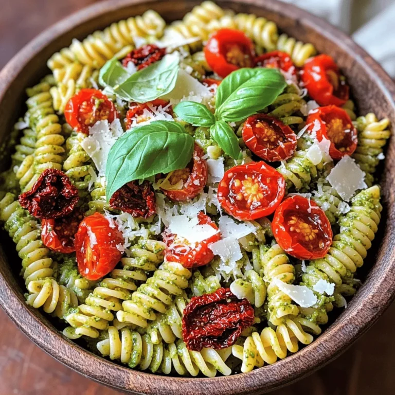 - Pasta options: You can use 300g of any pasta you like. Fusilli or penne work best. They hold the sauce well and add great texture. - Sun-dried tomatoes: Use 100g of sun-dried tomatoes. Drain them and chop into smaller pieces. They add a rich, tangy flavor to our dish. - Essential herbs and nuts: Fresh basil leaves are a must. You need about 50g for a bright taste. Add 30g of pine nuts for crunch and depth. - Cheese alternatives: Use 50g of grated Parmesan cheese for creaminess. If you want a vegan option, try nutritional yeast instead. It gives a cheesy flavor without dairy. - Additional flavorings: You’ll need 2 garlic cloves for a punch of flavor. Use 100ml of olive oil to help blend the pesto. Don’t forget salt and pepper to taste. These simple seasonings enhance all the flavors. This dish is easy to make and packed with flavor. Enjoy the process and have fun in the kitchen! To cook the pasta well, use a large pot. Fill it with water and add salt. Bring the water to a rolling boil. This helps give your pasta great flavor. Add the pasta and stir gently. Cook the pasta according to the package time. For al dente, check it a minute early. The pasta should be firm but not hard. Once ready, drain it, saving about 1 cup of the water. Set the pasta aside. Now, let’s make the sun-dried tomato pesto. Grab a food processor and add the sun-dried tomatoes, fresh basil, pine nuts, Parmesan, and garlic. Pulse these until they are finely chopped. Next, with the processor on, slowly pour in the olive oil. This helps the mixture blend into a smooth paste. If your pesto is too thick, add a bit of the reserved pasta water. This helps it become creamy and easy to mix. In a large bowl, mix the cooked pasta with the sun-dried tomato pesto. Toss well until every piece is coated. If it looks dry, add more pasta water. Season with salt and pepper to your taste. For a pop of color, add halved cherry tomatoes. They also add nice flavor. Serve your pasta warm. Garnish with extra Parmesan cheese and fresh basil leaves for a beautiful finish. Enjoy your meal! To store homemade pesto, keep it in an airtight container. Cover the top with a thin layer of olive oil to prevent browning. This keeps the fresh taste for about one week in the fridge. You can also freeze pesto in ice cube trays. This way, you can use just what you need later. For flavor enhancement, try adding a squeeze of lemon juice. This brightens the taste. You can also mix in some red pepper flakes for a bit of heat. If you want a creamier texture, add more olive oil or a splash of cream. Common pasta cooking mistakes include not salting the water. Use a good amount of salt; it should taste like the sea. Also, don’t rinse the pasta after draining. This removes the starch that helps the sauce stick. For the best texture, cook the pasta until it's al dente. This means firm but not hard. Check the package for timing, but start tasting a minute early. Pair your dish with grilled chicken or shrimp for extra protein. A side of roasted vegetables adds color and nutrition. For a light meal, serve it with a fresh salad. When plating, use a large, shallow bowl to showcase the pasta. Garnish with extra Parmesan and fresh basil leaves for a nice touch. If you have leftovers, warm them gently on the stove. Add a splash of water to keep the pasta moist. {{image_2}} You can easily swap ingredients in this recipe. For a vegan version, use nutritional yeast instead of cheese. It gives a nice, cheesy flavor without dairy. If you want a different texture, try using walnuts or cashews in the pesto. Both nuts add a creamy feel. To make this dish more filling, add proteins like grilled chicken or shrimp. Both pair well with the sun-dried tomatoes. If you like heat, spice it up with red pepper flakes. A dash of lemon zest adds a bright flavor that livens up the dish. Seasonal ingredients can take your pasta to the next level. Add fresh vegetables like zucchini or spinach for extra color and nutrients. Herbs like parsley or arugula also boost flavor. Adapting to what’s fresh can make your dish taste even better. To keep your sun-dried tomato pesto pasta fresh, store it in an airtight container. Make sure the pasta cools to room temperature before sealing. This helps avoid extra moisture, which can lead to sogginess. If you want to save your pesto, freeze it in ice cube trays. Once frozen, pop the cubes into a bag. You can use these cubes later in other dishes, like soups or sauces. When reheating your pasta, avoid the microwave if you can. Instead, use a skillet over low heat. Add a splash of water or olive oil to keep it moist. Stir gently until warmed through. This method helps prevent overcooking and keeps the flavors intact. You can also reheat it in the oven. Place the pasta in a baking dish and cover with foil. Heat at 350°F (175°C) for about 15 minutes. This method works well if you want to serve a larger portion. In the fridge, your sun-dried tomato pesto pasta can last up to three days. Make sure it stays sealed tightly to keep its flavor. If you freeze the pasta, it will last about two months. Just remember to label your container with the date. This way, you can enjoy this dish whenever you like! How long does it take to make sun-dried tomato pesto pasta? It takes about 25 minutes to make sun-dried tomato pesto pasta. You can prep your ingredients while the pasta cooks. Can I make sun-dried tomato pesto ahead of time? Yes, you can make the pesto ahead of time. Store it in the fridge for up to one week. Just add a bit of olive oil on top to keep it fresh. What can I substitute if I don’t have sun-dried tomatoes? If you don't have sun-dried tomatoes, try using roasted red peppers. They add a sweet taste and a nice red color. Is sun-dried tomato pesto pasta gluten-free? The dish can be gluten-free if you use gluten-free pasta. Many brands offer great options that taste just as good. What is the best type of pasta for pesto? Fusilli and penne are both great choices for pesto. Their shapes hold the sauce well, making every bite tasty. Can this recipe be served cold as a salad? Yes, this dish can be served cold. Simply chill the pasta and add fresh veggies for a nice pasta salad. How to adjust this recipe for a larger or smaller serving size? You can easily adjust the recipe. Just increase or decrease the pasta and ingredients in the same ratio. This way, you keep the flavors balanced. Calorie count and macro breakdown per serving Each serving contains about 500 calories. You get around 20g of protein, 45g of carbs, and 30g of fat. Health benefits of key ingredients in the recipe - Sun-dried tomatoes: Packed with vitamins and antioxidants. - Basil: Offers anti-inflammatory properties and is rich in vitamins. - Pine nuts: Full of healthy fats and protein, great for energy. - Olive oil: Supports heart health and adds a nice flavor. This article covered everything you need for sun-dried tomato pesto pasta. We explored ingredients, step-by-step cooking, and tips for serving. You learned how to store leftovers and adjust flavors to your taste. As you try this recipe, feel free to get creative with variations. Cooking should be fun and satisfying. Enjoy experimenting with your own twists! Remember, the best meals come from your kitchen.