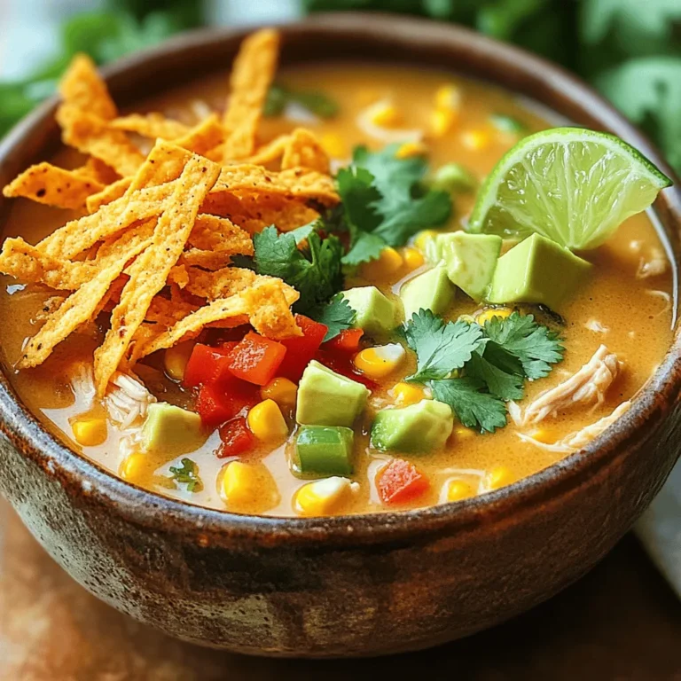 To make creamy chicken tortilla soup, gather these ingredients: - 2 tablespoons olive oil - 1 onion, chopped - 2 cloves garlic, minced - 1 jalapeño, seeded and diced - 1 red bell pepper, diced - 2 cups cooked chicken, shredded - 4 cups chicken broth - 1 can (14 oz) diced tomatoes with green chilies - 1 teaspoon ground cumin - 1 teaspoon chili powder - Salt and pepper to taste - 1 cup corn kernels (fresh or frozen) - 1 cup heavy cream - Juice of 1 lime - Tortilla strips, for garnish - Fresh cilantro, for garnish - Avocado, diced, for garnish If you don’t have some ingredients, don’t worry. You can swap them out: - Use vegetable oil instead of olive oil. - Any onion type works, but yellow onion is best. - Swap jalapeño for a milder pepper, like a bell pepper. - Canned chicken works if you lack fresh cooked chicken. - Use vegetable broth for a vegetarian option. - Coconut cream can replace heavy cream for a dairy-free soup. Fresh ingredients make the soup taste better. Here’s how to choose: - Look for onions that feel firm and have no soft spots. - Garlic should be plump and not sprouting. - Pick bell peppers that are shiny and have a smooth skin. - Choose corn that is bright and has a sweet smell. - For cilantro, select leaves that are vibrant green and fresh. - Avocados should be slightly soft but not mushy. Using the best ingredients enhances flavor and texture. Enjoy your cooking! Start by gathering your ingredients. You need olive oil, onion, garlic, jalapeño, red bell pepper, cooked chicken, chicken broth, diced tomatoes, cumin, chili powder, salt, pepper, corn, heavy cream, lime, and garnishes like tortilla strips, cilantro, and avocado. 1. Heat two tablespoons of olive oil in a large pot over medium heat. 2. Add one chopped onion and cook until it turns clear, about three to four minutes. 3. Next, add two minced garlic cloves, one diced jalapeño (make sure to remove the seeds), and one diced red bell pepper. Cook for another two to three minutes. You want the veggies soft. Now, it’s time to build flavor. 1. Stir in two cups of shredded chicken, four cups of chicken broth, one can of diced tomatoes, one teaspoon of ground cumin, and one teaspoon of chili powder. 2. Add salt and pepper to taste. Bring the mix to a boil. 3. Once it boils, reduce the heat to low. Let it simmer without a lid for about 15 minutes. This step helps the flavors mix well. After simmering, it’s nearly time to serve. 1. Add one cup of corn kernels and one cup of heavy cream to the pot. Stir well. 2. Let it simmer for another five minutes. 3. Remove the pot from the heat. Squeeze in the juice of one lime for a fresh taste. 4. Taste the soup and adjust seasoning if needed. When serving, ladle the soup into bowls. Top each bowl with crispy tortilla strips, fresh cilantro, and diced avocado. Enjoy the beautiful colors and flavors of your creamy chicken tortilla soup! To get a smooth, creamy soup, use heavy cream. It adds richness without making it too thick. When you stir in the cream, do it slowly. This helps mix it well without curdling. Always taste your soup after adding the cream. You may want to add more spices or salt to balance the flavors. One common mistake is cooking the cream too long. If you let it boil, it can split. Always add cream at the end and keep the heat low. Another mistake is not seasoning enough. A little salt and pepper go a long way. Taste often as you cook to get it just right. This soup pairs well with tortilla chips or fresh bread. You can also serve it with a side salad for a complete meal. For garnish, use crispy tortilla strips, fresh cilantro, and diced avocado. These toppings add color and extra texture to your bowl. Consider a squeeze of lime for extra zing. Enjoy your meal! {{image_2}} You can easily make this soup vegetarian or vegan. Start by swapping chicken for beans. Black beans or chickpeas add protein and texture. Use vegetable broth instead of chicken broth. For a creamy base, replace heavy cream with coconut milk or cashew cream. These options make it rich and tasty without dairy. If you love heat, kick up the spice! Add more jalapeños or use a hotter pepper. Chipotle peppers in adobo sauce bring a smoky flavor. You can also sprinkle in some cayenne pepper for an extra kick. Adjust the heat to your taste. Toppings bring fun and flavor to your soup. Try crispy tortilla strips for crunch. Fresh cilantro adds brightness. Diced avocado gives creaminess and richness. You might also add cheese or sour cream for a tangy touch. Lime wedges on the side add a fresh zing. Mix and match toppings based on your mood! To keep your creamy chicken tortilla soup fresh, store it in an airtight container. Let the soup cool to room temperature before sealing. This helps prevent bacteria growth. You can store it in the fridge for up to 4 days. Make sure to label the container with the date. This way, you’ll know when to use it. When you're ready to enjoy your leftovers, pour the soup into a pot. Heat it over medium heat on the stove. Stir often to help it warm evenly. If the soup is too thick, add a splash of chicken broth or water. This will help bring back its creamy texture. You can also reheat it in the microwave. Use a microwave-safe bowl and heat it in 1-minute bursts. Stir between each burst until it's hot. If you want to save the soup for later, freezing is a great option. Let the soup cool completely first. Then, pour it into freezer-safe bags or containers. Press out as much air as possible before sealing. Label the bags with the date. You can freeze it for up to 3 months. When you're ready to eat, thaw it in the fridge overnight. Reheat it as mentioned before for a warm, comforting meal. You can use half-and-half or whole milk. For a lighter option, try Greek yogurt. These swaps will change the texture a bit, but they will still taste great. To add heat, include more jalapeño or add diced serrano peppers. You can also sprinkle in some cayenne pepper. If you want a kick, use a hot sauce to taste. Yes, rotisserie chicken works perfectly. Just shred the chicken and add it to the soup. This saves time and adds great flavor. The soup lasts about three to four days in the fridge. To keep it fresh, store it in an airtight container. Reheat on the stove or in the microwave. This blog post covered the key ingredients for a tasty soup, from fresh choices to substitutions. I shared clear steps for preparation and cooking, plus tips for a smooth texture. We looked at fun variations, ways to store leftovers, and answered common questions. Now you have the tools to make this soup your own. Get creative and enjoy every bowl!