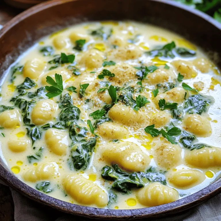 - 500g potato gnocchi - 2 cups fresh spinach, chopped - 1 cup heavy cream - 1 cup grated Parmesan cheese - 2 tablespoons olive oil - 3 cloves garlic, minced - Salt and pepper to taste - 1/2 teaspoon nutmeg - Fresh parsley, chopped for garnish Each ingredient in this dish plays a big role in taste. The potato gnocchi gives a soft base. Fresh spinach adds color and nutrients. Heavy cream makes the sauce rich and smooth. Parmesan cheese brings a salty and nutty flavor. Garlic adds warmth, while nutmeg gives a hint of spice. - Salt - Black pepper These pantry staples are simple but important. Salt boosts flavors, while black pepper adds a touch of heat. Always taste your dish as you cook. Adjust seasoning as needed for the best flavor. When choosing fresh spinach, look for bright green leaves. Avoid any yellow or wilting leaves. For garlic, choose firm cloves with no soft spots. Fresh potatoes for gnocchi should feel smooth and firm. Finally, select good-quality Parmesan cheese. It should have a strong aroma and a hard texture. Quality ingredients make a happy dish. To cook the gnocchi, start by filling a large pot with water. Add a good amount of salt to the water. Bring the water to a boil over high heat. When the water boils, add the potato gnocchi. Cook them until they float to the top, which usually takes just a few minutes. This shows they are done. Once they float, drain the gnocchi in a colander. Set them aside while you make the sauce. For the creamy spinach sauce, take a large skillet and add olive oil. Heat it over medium heat. Once the oil is warm, add minced garlic. Sauté the garlic for about one minute until it smells great. Then, add the chopped spinach to the skillet. Cook the spinach until it wilts, which should take about two to three minutes. Next, pour in the heavy cream. Stir it well and let it simmer for around five minutes. This helps the sauce get a bit thick. After that, mix in the grated Parmesan cheese and nutmeg. Season with salt and pepper to taste. Stir until the cheese melts and the sauce becomes creamy. Once the creamy sauce is ready, it’s time to combine everything. Add the cooked gnocchi to the skillet with the sauce. Gently toss the gnocchi so they get coated in the creamy goodness. Cook for an additional two minutes to heat everything through. Remove the skillet from the heat. Now, you can serve your creamy spinach Parmesan gnocchi right away. Garnish with chopped fresh parsley for a nice touch. Enjoy your tasty dish! To get that rich, creamy sauce, use heavy cream. This will give your dish a nice body. When you heat the cream, do it gently. If you cook it too fast, it may curdle. Stir the sauce often to keep it smooth. Adding Parmesan cheese at the right time helps too. Mix it in when the cream is hot but not boiling. This lets the cheese melt perfectly. One mistake is overcooking the gnocchi. Cook them just until they float. If you let them go too long, they will turn mushy. Another mistake is rushing the sauce. Let it simmer for a bit. This helps the flavors blend and thicken. Make sure you season well with salt, pepper, and nutmeg. A little seasoning goes a long way. If you don’t have heavy cream, use half-and-half. It won't be as rich, but it works. For a lighter option, try Greek yogurt. Just add it at the end for creaminess. You can swap out the Parmesan cheese too. Use any hard cheese you like, such as Pecorino. If you need a dairy-free version, almond or coconut cream can do the trick. Just check for taste, as they may change the flavor a bit. {{image_2}} You can add protein to make this dish heartier. Chicken or shrimp work great. Simply cook the protein in the skillet before adding garlic. This adds flavor and richness. For a plant-based option, try tofu or chickpeas. Cook them until golden for a nice texture. This dish is easy to make vegetarian or vegan. For a vegetarian version, use vegetable broth instead of cream. You can also use a plant-based cheese. For a vegan take, swap the heavy cream for coconut milk. This gives a nice creaminess too. Boost the flavor with a few simple add-ins. Add sun-dried tomatoes for a sweet twist. Fresh herbs like basil can brighten the dish. For a spicy kick, sprinkle in some red pepper flakes. You can even add lemon zest for a fresh taste. These small changes can create exciting new flavors. To keep your creamy spinach parmesan gnocchi fresh, place it in an airtight container. Make sure it cools to room temperature first. Store it in the fridge for up to three days. Avoid letting it sit out too long, as this can spoil the dish. If you want to keep it longer, freezing is a great option. When you're ready to enjoy the leftovers, reheat gently. You can use a skillet over low heat. Add a splash of cream or water to help loosen the sauce. Stir often to keep the gnocchi from sticking. Heating in the microwave is quick, but it might dry out the dish. Heat in 30-second bursts, stirring in between, until warm. To freeze your gnocchi dish, let it cool completely. Portion it into freezer-safe bags or containers. Squeeze out as much air as possible before sealing. This helps prevent freezer burn. You can freeze it for up to two months. When ready to eat, thaw it overnight in the fridge before reheating. Yes, you can use different cheeses. Mozzarella gives a nice stretch. Feta adds a tangy flavor. Cheddar gives a sharp taste. You can mix cheeses for more flavor. Just remember to adjust salt as needed. Each cheese will change the sauce's taste. To make this dish gluten-free, choose gluten-free gnocchi. Many brands offer it now. You can make your own gnocchi using gluten-free flour. Check labels for hidden gluten in any sauces or ingredients. This way, you enjoy the dish without worry. Yes, you can prepare this dish ahead. Cook the gnocchi and sauce separately. Store them in the fridge. When ready to eat, combine and heat. This keeps the gnocchi from getting mushy. Just add a splash of cream if it thickens too much. You learned how to make creamy spinach parmesan gnocchi from scratch. We covered key ingredients, step-by-step cooking, and tips for the perfect dish. I shared ways to add protein and make this meal vegetarian or vegan. Storing and reheating your leftovers keeps this dish fresh and delicious. Now, you can impress others with your cooking skills. Enjoy every bite and make this dish your own!