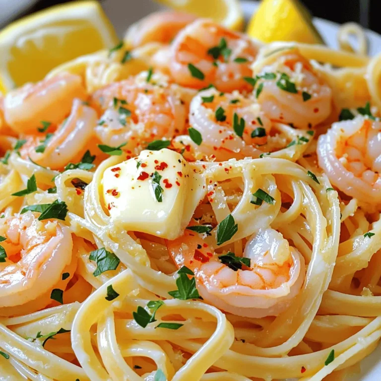 - 8 ounces linguine or spaghetti - 1 pound large shrimp, peeled and deveined - 4 tablespoons unsalted butter - 4 cloves garlic, minced - 1 teaspoon crushed red pepper flakes - Juice of 1 lemon - Zest of 1 lemon - 2 tablespoons fresh parsley, chopped - ½ cup grated Parmesan cheese (optional) - Large pot - Large skillet - Cooking utensils The main ingredients for garlic butter shrimp scampi pasta are simple. You need linguine or spaghetti, which brings a nice texture. Use large shrimp for better bites. Unsalted butter adds richness while garlic gives great flavor. The seasoning and garnish bring life to the dish. Crushed red pepper flakes add heat. Lemon juice and zest brighten the flavors. Fresh parsley gives a pop of color and freshness. You can add Parmesan cheese for creaminess, but it's optional. You will need a large pot to boil the pasta and a large skillet to sauté the shrimp. Having good cooking utensils helps mix everything well. With these ingredients and tools, you're ready to make a tasty meal in just 15 minutes! - Boil a large pot of salted water. - Add 8 ounces of linguine or spaghetti. - Cook according to the package until al dente. - Drain the pasta and save ½ cup of the pasta water. - In a large skillet, melt 2 tablespoons of unsalted butter over medium heat. - Add 4 cloves of minced garlic and let it cook for 30 seconds. - Toss in 1 pound of large shrimp, and sprinkle with salt, pepper, and crushed red pepper flakes. - Cook the shrimp for 2-3 minutes until they turn pink and opaque. - Squeeze the juice of 1 lemon into the skillet. - Add the zest of 1 lemon and the drained pasta. - Toss everything together so they mix well. - Taste your dish and adjust the seasoning as needed. - Stir in 2 tablespoons of chopped fresh parsley. - If you like, add ½ cup of grated Parmesan cheese for extra flavor. To get the best sauce, adjust the pasta water. When you drain the pasta, save some water. This helps make the sauce creamy. Start by adding a little at a time. Then mix it until it feels right. Lemon plays a big role in balancing flavors. The juice adds freshness. The zest gives a punch. Don’t skip these steps. They brighten the shrimp and pasta. Adjust the lemon to your taste, too. To sauté shrimp correctly, heat your skillet first. Use medium heat and add butter. Wait until it melts, then add garlic. After 30 seconds, add the shrimp. Cook them until they turn pink. This takes about 2 to 3 minutes. Don’t overcook, or they’ll be tough. Cooking pasta perfectly is key. Boil water with salt for flavor. Add the pasta when it’s bubbling. Stir it gently. Cook until it’s al dente, which means it should still have a bite. Drain and reserve that pasta water for the sauce. When serving, choose a large bowl or individual plates. This makes it look special. Garnish with fresh parsley for color. A sprinkle of Parmesan cheese adds richness. For a fresh touch, add lemon wedges on the side. This makes your dish inviting and beautiful. {{image_2}} You can change the shrimp in this dish. Chicken or scallops work well. For chicken, use boneless pieces. Cook them until golden and then add garlic. For scallops, sear them for a few minutes until they turn golden brown. They add a nice touch to the pasta. If you want a vegetarian dish, try mushrooms or zucchini. Both soak up the sauce well. You can also use chickpeas for more protein. Just sauté them with garlic and butter like you do with the shrimp. To make garlic butter shrimp scampi even tastier, add white wine. A splash of dry white wine adds depth. Pour it in after cooking the shrimp. Let it cook down for a minute. This step enhances the sauce's flavor. You can also adjust the spice levels. If you love heat, add more crushed red pepper flakes. For a milder taste, skip them or use less. This recipe is your canvas, so paint it how you like! You can swap the pasta for a gluten-free option. Brown rice pasta or quinoa pasta is great. They cook similarly and taste yummy. If you want to try different noodles, go for fettuccine or penne. Both will hold the sauce well and add a nice twist. Remember, the goal is to enjoy your meal, so pick what you love! - How to Store Leftovers: Let the pasta cool first. Place it in an airtight container. Cover it well to keep moisture in. You can also use plastic wrap over a bowl. - Shelf Life in the Fridge: Store your garlic butter shrimp scampi pasta in the fridge for up to three days. After that, it may lose its taste and texture. - Best Methods for Reheating without Drying Out: Use a skillet over low heat. Add a splash of water or broth. Stir often until heated through. This keeps the pasta moist and tasty. - Safe Microwave Tips: If you use a microwave, place the pasta in a microwave-safe dish. Add a bit of water. Cover it with a lid or microwave-safe wrap. Heat in short bursts, stirring in between, to ensure even heating. This dish is quick and easy. It takes only 15 minutes to make. Here’s the breakdown: - Prep Time: 5 minutes - Cook Time: 10 minutes - Total Time: 15 minutes With this simple plan, you can enjoy a tasty meal in no time. Yes, you can make this dish ahead of time. Here are some tips: - Storage: Keep leftovers in an airtight container. Store in the fridge for up to 2 days. - Reheating: Reheat gently in a skillet. Add a splash of water to keep it moist. You can also use the microwave. This way, you can savor the flavors later without losing taste. This pasta pairs well with many sides. Here are some ideas: - Side Dish Suggestions: - Garlic bread - Steamed vegetables - A simple green salad - Pairing with Appetizers and Salads: - Caprese salad - Bruschetta - Shrimp cocktail These options will enhance your meal and make it even more delightful. This post covered how to make garlic butter shrimp scampi pasta. We explored the key ingredients and kitchen tools you need. I shared step-by-step cooking instructions and tips for perfecting your dish. We also looked at different variations, storage methods, and FAQs. In conclusion, this dish is easy to make and full of flavor. Enjoy trying your own twists on it! Make it your own and share it with loved ones.