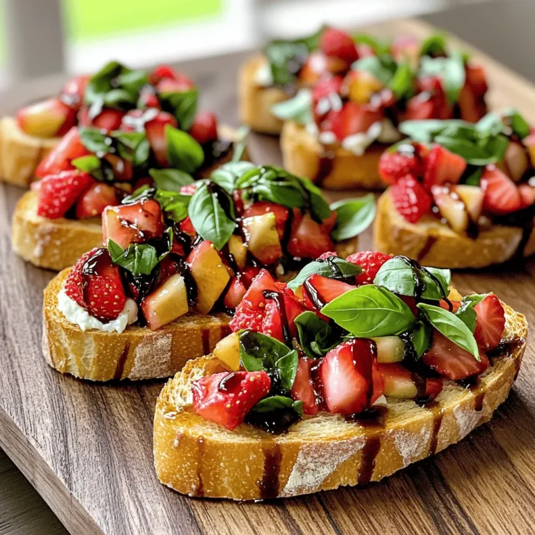 - 1 baguette, sliced into 1/2-inch pieces - 1 cup fresh strawberries, hulled and diced - 1/4 cup fresh basil leaves, chopped - 1 tablespoon balsamic glaze - 1 tablespoon honey - 1/2 teaspoon lemon zest - 1/4 teaspoon salt - 1/4 teaspoon black pepper - 1/2 cup ricotta cheese (optional for spreading) - Olive oil for brushing - Baking sheet - Medium bowl - Oven The main ingredients for this bruschetta are simple yet fresh. You need a crispy baguette, sweet strawberries, and fragrant basil. These three items create a bright flavor. For the additional ingredients, balsamic glaze adds tang. Honey gives a touch of sweetness. The lemon zest adds a bright note, while salt and black pepper balance the flavors. If you want creamy texture, ricotta cheese works well. Lastly, a little olive oil helps the bread crisp up nicely in the oven. You'll need a baking sheet to toast the bread, a medium bowl to mix the toppings, and an oven to bake the slices. With these ingredients and tools, you're ready to make a delicious and fresh appetizer. - Preheat oven to 400°F (200°C). - Slice the baguette into 1/2 inch pieces and arrange on a baking sheet. - Brush each slice with olive oil. To start, you want to get your oven nice and hot. This helps the bread toast evenly. Slicing the baguette should be easy if you use a sharp knife. Make sure to lay the slices flat on the baking sheet. The olive oil adds flavor and helps the bread crisp up. - Bake for 8-10 minutes until golden and crisp. - Remove from oven and let cool slightly. While the bread toasts, keep an eye on it. You want a nice golden color, which means it's ready. Let the slices cool for a bit. This makes them easier to handle when you add toppings. - Combine strawberries, basil, balsamic glaze, honey, lemon zest, salt, and black pepper in a bowl. - Toss gently and let sit for 5-10 minutes to meld flavors. For the topping, chop the strawberries and basil before adding them to a bowl. The balsamic glaze adds a sweet tang. The honey and lemon zest enhance the flavors. Letting the mix sit allows the tastes to blend. - Spread a dollop of ricotta cheese on each toasted slice (optional). - Spoon the strawberry and basil mixture over the toasted baguette slices. - Drizzle with extra balsamic glaze if desired. Now comes the fun part! If you choose to use ricotta, spread a little on each slice for creaminess. Then, spoon the strawberry mixture on top. A drizzle of balsamic glaze adds a nice touch and looks pretty too. - Look for ripe, sweet strawberries. - Avoid mushy or overly soft fruit. When picking strawberries, I always check for bright color. I want them to smell sweet too. Fresh strawberries will add a burst of flavor to your bruschetta. Look for berries that are firm and shiny. The best ones will have a deep red hue. - Bake until golden brown for enhanced texture. - Optionally, grill the bread for added flavor. Toasting the bread is key. I bake the sliced baguette until it’s golden brown. This gives a nice crunch. If you prefer, grilling the bread adds a lovely smoky taste. Both methods will bring out the best in your bruschetta. - Use high-quality balsamic glaze for depth of flavor. - Add a pinch of fresh cracked pepper for added spice. For the best taste, I choose a rich balsamic glaze. It adds a sweet and tangy touch. A pinch of fresh cracked black pepper kicks up the flavor, making each bite exciting. These small changes can elevate your bruschetta to a whole new level. {{image_2}} You can switch up the cheese for more flavor. Substitute ricotta with goat cheese for a tangy twist. Goat cheese adds a creamy, sharp taste that pairs well with strawberries. If you want a richer texture, try cream cheese. This gives a smooth and creamy base that enhances the flavors of the topping. Strawberries are great, but you can try other fruits too. Raspberries offer a tart flavor that complements the sweetness. Peaches add a juicy, sweet touch that's perfect for summer. You can also add diced avocado for a creamy and buttery touch. It creates a nice balance with the sweet toppings. To boost the flavor, consider adding minced garlic to the topping. It adds a savory note that plays well with the sweetness of the strawberries. For a sweeter taste, drizzle the bruschetta with honey or agave syrup. This extra sweetness will make every bite a delight. After enjoying your strawberry basil bruschetta, store any leftovers in an airtight container. This keeps the flavors fresh. Enjoy them within two days for the best taste. Freezing assembled bruschetta is not a good idea. The fresh ingredients lose their texture. However, you can freeze the toasted baguette slices. Once frozen, you can use them later, making it easy to whip up a quick snack. To reheat, use a toaster oven. This method keeps the bread crispy and tasty. Avoid the microwave, as it can make the bread chewy and soft. Yes, prepare the toppings in advance but wait to assemble until serving. This way, the bread stays crisp and the toppings fresh. Prepping the mixture ahead saves you time. Just remember to store the toppings in the fridge until you are ready to serve. Pair with a fresh salad or a charcuterie board. A light salad enhances the flavors. A charcuterie board adds variety and fun to your meal. Both options balance the sweetness of the bruschetta well. Increase ingredients proportionately and assemble just before serving. This makes sure everyone gets a taste. It's easy to multiply the recipe. Just keep the toppings ready and toast the bread when guests arrive. Yes, all ingredients are vegetarian-friendly. The fresh strawberries and basil shine in this dish. It’s a great choice for any gathering, ensuring everyone can enjoy it. This blog post showed you how to create a delicious Strawberry Basil Bruschetta. You learned to choose fresh ingredients, make a simple topping, and toast baguette slices. Remember, fresh strawberries and quality balsamic glaze make all the difference. Try different cheeses or fruits to mix it up. Enjoy your creation right away for the best taste. Keep leftovers in the fridge and reheat in the toaster oven. This recipe will impress your friends at any gathering. Enjoy every bite!