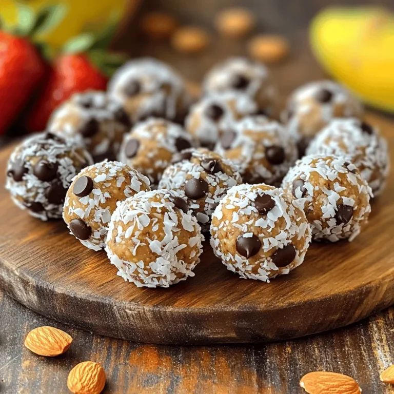 - 1 cup rolled oats - 1 cup shredded unsweetened coconut - ½ cup almond butter - ¼ cup honey or maple syrup - ½ cup dark chocolate chips - ½ cup chopped almonds - 1 teaspoon vanilla extract - A pinch of salt Gathering the right ingredients is key to making Almond Joy Energy Balls. The rolled oats give the balls a hearty texture. Shredded coconut adds sweetness and a tropical twist. Almond butter is creamy and rich, while honey or maple syrup brings a natural sweetness. Dark chocolate chips add a touch of indulgence. Chopped almonds give a nice crunch and boost the flavor. A teaspoon of vanilla extract enhances all the tastes, while a pinch of salt balances the sweetness. - Mixing bowls - Baking sheet - Parchment paper - Measuring cups and spoons You will need a few simple tools for this recipe. Mixing bowls help combine the ingredients easily. A baking sheet lined with parchment paper makes cleanup a breeze. Measuring cups and spoons ensure you get the right amounts. This equipment makes the process smooth and fun! - Combine dry ingredients in a large mixing bowl. - Mix wet ingredients in a separate bowl. - Combine both mixtures until well mixed. Start by adding the rolled oats, shredded coconut, and chopped almonds into a big bowl. This mix gives the energy balls a crunchy base. Make sure to stir well to break up any clumps. In another bowl, mix the almond butter, honey or maple syrup, vanilla extract, and a pinch of salt. Stir until smooth and creamy. Now, pour this wet mix into the dry bowl. Use a spatula to combine, ensuring every bit is mixed. - Scoop out portions and roll into balls. - Place on baking sheet lined with parchment paper. Next, grab a small scoop of the mixture. Roll it into a ball, about the size of a golf ball. You want them to be bite-sized and easy to eat. Once you have rolled all the mixture, place each ball on a baking sheet lined with parchment paper. This prevents sticking and makes cleanup easy. - Refrigerate for at least 30 minutes. - Store in an airtight container. Now, it’s time to chill. Place the baking sheet in the fridge for at least 30 minutes. This helps the energy balls set and hold their shape. After they are firm, transfer them to an airtight container. Store them in the fridge for up to a week. Enjoy these tasty bites whenever you need a quick energy boost! If you run out of almond butter, try using peanut butter. It gives a nice taste too. Sunflower seed butter is great if you need a nut-free option. For sweeteners, honey works well, but maple syrup is a tasty swap. You can even use agave nectar for a different flavor. To get the right consistency, make sure you mix dry and wet ingredients well. If the mix feels too dry, add a tiny bit of water. To make the balls less sticky, wet your hands before rolling them. This simple trick helps the mix not stick to your fingers. You can add fun mix-ins to boost flavor. Try dried fruits like cranberries or apricots for a sweet twist. A pinch of cinnamon or nutmeg can make them extra special. For toppings, coat the balls in more shredded coconut or drizzle melted chocolate on top. Get creative and make them your own! {{image_2}} To make these energy balls even more chocolatey, you can add cocoa powder. Just mix in about two tablespoons with the dry ingredients. You can also use chocolate almond butter instead of regular almond butter. This change gives a rich chocolate flavor without extra steps. Either way, you deepen the taste and keep the fun texture. If you want to make vegan Almond Joy Energy Balls, you can swap out honey for maple syrup. This keeps them plant-based. Also, be sure to check that all ingredients are vegan-friendly. Choose dark chocolate chips that do not have milk. With these small changes, everyone can enjoy this tasty treat. For a nut-free version, replace almond butter with sunflower seed butter. This option keeps a creamy texture without nuts. You’ll also want to skip the chopped almonds. Instead, consider adding pumpkin seeds for crunch. This way, you still get a satisfying bite while making it safe for those with nut allergies. To keep your Almond Joy Energy Balls fresh, use airtight containers. These containers block air and moisture, which can spoil the taste. Store them in a cool, dark place or in the fridge. The fridge is best for keeping them tasty longer. In the refrigerator, these energy balls last up to a week. If you want to keep them longer, freeze them. Place the balls in a single layer on a baking sheet. Once frozen, transfer them to a freezer-safe bag. They can last for up to three months in the freezer. These energy balls pair well with drinks like almond milk or coconut water. You can also enjoy them with fresh fruit like bananas or apples. For a fun snack platter, arrange the energy balls on a wooden board and sprinkle shredded coconut on top. This way, they look great and taste even better. Almond Joy Energy Balls stay fresh for about a week. Store them in an airtight container in the fridge. If you want them to last longer, you can freeze them. Just thaw them when you are ready to eat. Yes, you can make these energy balls gluten-free. Just use certified gluten-free oats. This small change makes them safe for those with gluten sensitivities. Enjoy them without worry! Almond Joy Energy Balls are a great snack choice. Each ball has good fats, fiber, and some protein. They provide energy while being delicious. You can expect around 150 calories per ball, depending on size and ingredients. Absolutely! You can use carob chips or white chocolate chips if you prefer. You might even try chopped dark chocolate or dried fruits for a twist. This way, you can create a flavor that you love. Yes, kids love these energy balls! They are tasty and packed with nutrients. You can feel good serving them as a snack or dessert. Just make sure to watch for any nut allergies. These Almond Joy Energy Balls are easy to make and tasty. You combine simple ingredients, like oats and chocolate. You can customize them with your favorite flavors and serve them as healthy snacks. Storing them in the fridge keeps them fresh longer. I hope you see how fun and healthy these energy balls can be. Enjoy making your own versions!