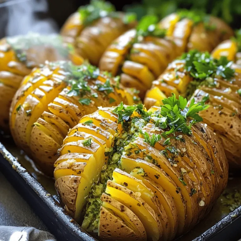 To make Garlic Herb Butter Hasselback Potatoes, you will need: - 4 medium-sized russet potatoes - 4 tablespoons unsalted butter, melted - 3 cloves garlic, minced - 1 teaspoon dried rosemary - 1 teaspoon dried thyme - 1 teaspoon dried oregano - Salt and pepper to taste - Fresh parsley, chopped (for garnish) These ingredients come together to create a dish that is both tasty and visually appealing. If you run out of something, don’t worry! Here are some easy swaps: - Potatoes: You can use Yukon Gold or sweet potatoes instead of russet. - Butter: Olive oil works well if you want a lighter option. - Herbs: Fresh herbs can replace dried ones. Just use three times more fresh herbs. - Garlic: Garlic powder can be used in a pinch. Use about 1 teaspoon for the taste. Using fresh ingredients can really change the flavor. Fresh garlic adds a strong, vibrant taste. Fresh parsley gives a bright finish. Quality potatoes provide a better texture. The fresher your ingredients, the more delicious your dish will be. Always choose what looks best at the store or market. This ensures that your Garlic Herb Butter Hasselback Potatoes are a hit every time! Start by washing the russet potatoes. Make sure they are clean and dry. Keep the skin on for a crispy texture. Using a sharp knife, cut thin slits in each potato. Aim for even spacing, about a quarter-inch apart. Cut down two-thirds of the way, but don’t cut all the way through. This is the Hasselback style. It helps the butter and herbs soak in as they bake. In a small bowl, mix melted butter with minced garlic. Add the dried rosemary, thyme, and oregano. Don’t forget to sprinkle in salt and pepper. Stir it all together until well combined. This mixture gives the potatoes a rich, savory flavor. You can adjust the herbs based on your taste. Now, preheat your oven to 425°F (220°C). Place the slitted potatoes on a baking sheet lined with parchment paper. Use a spoon or brush to coat each potato with the garlic herb butter. Make sure to get some butter between the slits. This step is key for flavor. Bake the potatoes for 40 to 45 minutes. Check that they are tender and crispy. Halfway through, brush more garlic herb butter on top. This adds extra flavor and color. After baking, let the potatoes cool slightly. Top them with fresh chopped parsley for a nice touch. To get that classic Hasselback style, slice the potatoes carefully. Use a sharp knife to make thin cuts. Aim for about 1/4 inch apart, but don’t cut all the way down. Leave a bit at the bottom intact. This keeps the potato together while cooking. You can also place chopsticks on each side of the potato. This will stop your knife from cutting too deep. For even cooking, make sure your potatoes are of similar size. Wash them well and dry them before slicing. When you bake them, use a baking sheet lined with parchment paper. This helps them cook evenly and makes cleaning easy. Brush the potatoes with the garlic herb butter mixture. Do this well, especially between the cuts. Halfway through baking, brush them again for extra flavor. To boost flavor, mix fresh herbs with the butter. You can use fresh garlic if you like a stronger taste. Adding cheese between the slits can give a creamy touch. Try different herbs like basil or chives for variety. A sprinkle of lemon juice right before serving can add a nice zest. Don't forget a pinch of salt and pepper to really bring out the taste. {{image_2}} You can add cheese for a creamy twist. Choose your favorite cheese, like cheddar or mozzarella. Slice the potato just like before, but make the cuts a bit deeper. Stuff the slits with cheese slices before adding the garlic herb butter. This will melt into gooey goodness as the potato bakes. The cheese adds a rich flavor and a fun surprise in each bite. If you like some heat, spice up your garlic herb butter. Add red pepper flakes or cayenne pepper to the butter mix. Start with a pinch and taste as you go. This adds a nice kick that pairs well with the garlic. The heat and herbs blend beautifully, lifting the potatoes to a new level of flavor. You can easily make this dish vegan. Swap the butter for vegan butter or olive oil. Use the same herbs and garlic for flavor. This keeps the dish rich and tasty without animal products. Just be sure to check the labels on your butter or oil to ensure it meets your dietary needs. To store your leftover Garlic Herb Butter Hasselback Potatoes, let them cool first. Use an airtight container for better freshness. They can last up to three days in the fridge. Make sure to keep them in a single layer to avoid squishing. When you’re ready to enjoy the leftovers, preheat your oven to 350°F (175°C). Place the potatoes on a baking sheet. Reheat for about 15-20 minutes. This keeps the edges crispy and warms the inside nicely. You can also use a microwave for quick reheating if you prefer. Freezing Hasselback Potatoes is possible, but they may lose some texture. After cooking, let them cool completely. Wrap each potato tightly in plastic wrap. Then, place them in a freezer-safe bag. They can last up to three months in the freezer. To eat, thaw them in the fridge overnight before reheating. I find that medium-sized russet potatoes work best for Hasselback. They have a starchy texture that turns creamy and fluffy when cooked. Their skin crisps nicely, giving you that perfect bite. Other good choices include Yukon Golds or red potatoes. These options also hold their shape well during cooking. Yes, you can prep these potatoes in advance. You can slice them and even coat them with garlic herb butter. Just keep them in the fridge until you are ready to bake. This makes it easy to serve a tasty side dish quickly. Just remember to add a few extra minutes to your baking time if they are cold. You can tell the potatoes are done when they are tender. You can test this by poking them with a fork. If the fork goes in easily, they are ready. The edges should also be crispy and golden. Always let them cool slightly before serving for the best flavor and texture. This article covers everything you need to make Hasselback potatoes. We discussed the best ingredients, how to prep, and step-by-step cooking methods. I shared tips for the perfect bake and fun variations to try. Remember, fresh ingredients make a big difference. You can easily store and reheat leftovers for later. Whether you want a cheesy twist or a spicy kick, there’s a version for everyone. Enjoy your cooking, and have fun experimenting with flavors!
