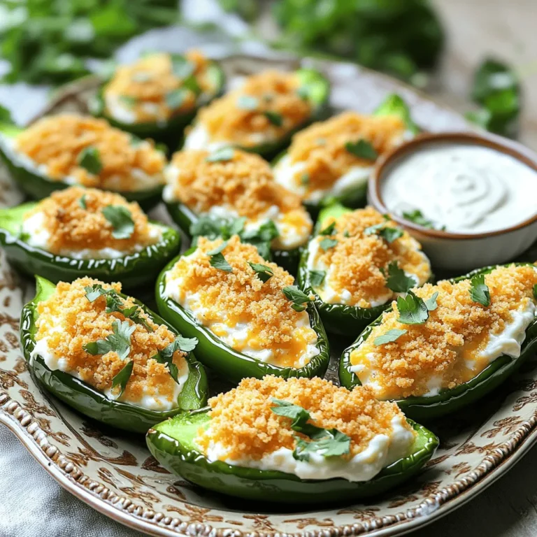 To make the best air fryer jalapeño poppers, gather these items: - 8 large fresh jalapeño peppers - 1 cup cream cheese, softened - 1/2 cup shredded cheddar cheese - 1/4 cup grated Parmesan cheese - 1/2 teaspoon garlic powder - 1/2 teaspoon onion powder - 1/2 teaspoon smoked paprika - Salt and pepper to taste - 1/2 cup panko bread crumbs - 1 tablespoon olive oil When picking jalapeños, look for bright green and firm peppers. The skin should be smooth and free of wrinkles. Avoid any with dark spots or soft areas. Freshness matters. The flavor is best when they are at peak ripeness. You can mix up the cheese for different flavors. Cream cheese is a must, but you can try: - Goat cheese for a tangy twist - Pepper jack for extra heat - Mozzarella for a milder taste Experiment with your favorites to find a blend you love! Start by preheating your air fryer to 375°F (190°C). This step helps the jalapeño poppers cook evenly and become crispy. Next, take 8 large fresh jalapeño peppers. Slice them in half lengthwise. Use a spoon to remove the seeds and membranes. This step makes the poppers less spicy if you want. In a medium bowl, mix together: - 1 cup cream cheese, softened - 1/2 cup shredded cheddar cheese - 1/4 cup grated Parmesan cheese - 1/2 teaspoon garlic powder - 1/2 teaspoon onion powder - 1/2 teaspoon smoked paprika - Salt and pepper to taste Stir until the mixture is smooth and creamy. This cheese filling adds a rich flavor to each popper. Take the cheese mixture and spoon it into each jalapeño half. Fill them generously. Make sure each half has enough cheese. In a small bowl, combine: - 1/2 cup panko bread crumbs - 1 tablespoon olive oil Mix until the crumbs are well-coated. This topping gives your poppers a crunchy texture. Place the stuffed jalapeños in the air fryer basket. Arrange them in a single layer, leaving space between them. Cook for 10-12 minutes. Look for a golden brown and crispy top. When done, remove them from the air fryer and let them cool for a couple of minutes. Enjoy your delicious jalapeño poppers! Set your air fryer to 375°F (190°C). This heat cooks the jalapeño poppers evenly. The high heat helps the cheese melt and the panko crisp. Keep an eye on them for the last few minutes. You want a nice golden brown color. To control the heat, remove all seeds and membranes from the jalapeños. This step reduces the spiciness. If you like it hot, leave some seeds in. You can also mix in a bit of hot sauce into the cheese filling for an extra kick. Serve the poppers on a colorful platter. Add a side of ranch or chipotle sauce for dipping. This adds flavor and fun to your dish. Garnish with chopped cilantro or green onions. It makes the dish look fresh and appealing. {{image_2}} You can easily make these poppers vegetarian. Just skip the cheese with a mix of beans and spices. Use mashed avocado or cashew cream for a vegan twist. These swaps keep the flavor and texture great, while still being meat-free. Want to jazz them up? Try adding crispy bacon bits for a savory crunch. Fresh herbs like cilantro or chives can add a nice touch too. You can also mix in other cheeses, like pepper jack, for an extra kick. Dipping sauces make these poppers even better. Ranch is a classic choice, but try chipotle sauce for a smoky flavor. You could also use salsa or guacamole for a fresh taste. Each sauce adds a new layer of flavor, making each bite fun! To keep your jalapeño poppers fresh, place them in an airtight container. Store them in the fridge for up to three days. Make sure they cool down before sealing the container. This will help keep them crispy and tasty. To reheat, set your air fryer to 350°F (175°C). Place the poppers in the basket and heat for about 5-7 minutes. This method keeps them crispy. You can also use an oven. Preheat it to 350°F (175°C) and bake for about 10-15 minutes. Check them often to avoid burning. You can freeze jalapeño poppers for later. To freeze, place them on a baking sheet in a single layer. Freeze them for about two hours until firm. Then, transfer them to a freezer bag. They can last up to three months. When ready to cook, you can air fry them from frozen. Just add a few minutes to the cooking time. Yes, you can use frozen jalapeños. They may be softer after cooking. Thaw them first for best results. Always check for quality and flavor. Jalapeño poppers pair well with ranch dressing or chipotle sauce. You can also serve them with fresh veggies or tortilla chips. A cold drink like soda or beer complements the heat too. Look for a golden brown color on top. The cheese should be bubbly and the panko crispy. If unsure, you can check with a fork. They should feel firm but soft inside. Yes, you can prepare them a few hours in advance. Just cover them and keep them in the fridge. Cook them right before serving for the best texture. Any air fryer that can reach 375°F works well. A model with a basket style helps with even cooking. Look for one with a good capacity to fit all your poppers at once. In this blog post, we explored how to make perfect jalapeño poppers. We discussed ingredient selection, including fresh jalapeños and cheese alternatives. You learned step-by-step instructions for preparing and air frying them. We also covered tips for spice levels, presentation, and even variations like vegetarian options. Don't forget about proper storage and reheating methods. Now, you can impress friends and family with your air fryer skills. Enjoy making these tasty treats!