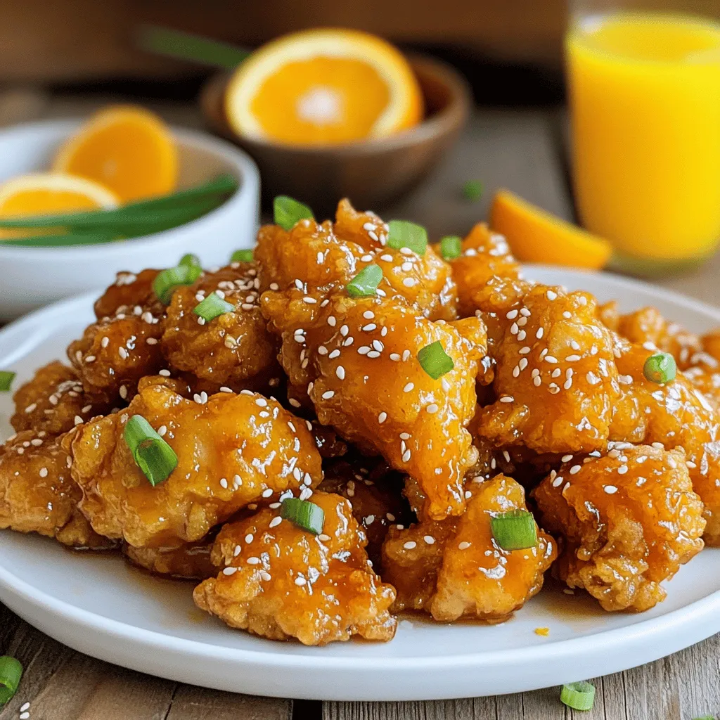 - 1 lb boneless, skinless chicken thighs - 1 cup cornstarch - 1 teaspoon salt - 1 teaspoon black pepper - 2 large eggs - Oil for frying - 1 cup freshly squeezed orange juice - Zest of 1 orange - 2 tablespoons soy sauce - 3 tablespoons honey - 1 tablespoon rice vinegar - 1 teaspoon fresh ginger, minced - 2 garlic cloves, minced - Sesame seeds - Chopped green onions I love using boneless, skinless chicken thighs for this dish. They stay juicy and tender. You will need cornstarch to create that perfect crunchy coating. Salt and black pepper add a simple yet essential flavor base. For the sauce, freshly squeezed orange juice brings a bright taste. The zest of one orange adds even more citrus scent. Soy sauce gives depth, while honey adds sweetness. Rice vinegar balances the flavors, and ginger and garlic add a nice kick. When ready to serve, sprinkle sesame seeds and chopped green onions on top. This makes the dish look vibrant and inviting. Enjoy the layers of flavor and the crispiness that make this recipe special. First, mix the marinade ingredients in a bowl. Combine 1 cup of orange juice, the zest of 1 orange, 2 tablespoons of soy sauce, 3 tablespoons of honey, 1 tablespoon of rice vinegar, 1 teaspoon of minced ginger, and 2 minced garlic cloves. Add 1 pound of cut chicken thighs to the bowl. Make sure the chicken gets coated well. Let it marinate for at least 30 minutes, or up to 2 hours for more flavor. In one shallow dish, mix together 1 cup of cornstarch, 1 teaspoon of salt, and 1 teaspoon of black pepper. In another shallow dish, beat 2 large eggs until smooth. This will help your chicken get a nice crispy coating. Heat a large skillet or deep fryer with about 1 to 2 inches of oil. Aim for a temperature of 350°F (175°C). Carefully add the coated chicken pieces in batches. Fry them until they turn golden brown and crispy, which takes about 5 to 7 minutes per batch. Use a slotted spoon to remove the chicken. Place it on paper towels to drain any extra oil. In a saucepan, pour in the reserved marinade. Heat it over medium heat until it begins to simmer. Cook for about 5 minutes until the sauce thickens slightly. This sauce packs a punch and will coat the chicken beautifully. Once you finish frying the chicken, add it to the sauce. Toss everything gently to make sure each piece is coated evenly. Plate your crispy orange chicken and sprinkle sesame seeds and chopped green onions on top. Serve it hot to enjoy at its best! To get that perfect crispiness, start with the right frying temperature. Heat your oil to about 350°F (175°C). This helps create a nice golden brown crust. If the oil is too cool, the chicken will soak up the oil and become soggy. Avoid overcrowding the pan. Fry the chicken in batches to keep the temperature steady. When you add too many pieces at once, the heat drops. This can lead to uneven cooking and less crispy chicken. Marinating the chicken longer gives it a deeper flavor. I suggest at least 30 minutes, but letting it sit for up to 2 hours works wonders. This allows the chicken to soak up all those tasty ingredients. You can also customize the sauce ingredients to fit your taste. Want it sweeter? Add more honey. Feel like a kick? Toss in some chili flakes. A little creativity goes a long way! Using the right tools makes cooking easier. I recommend a heavy, deep skillet for frying. A cast-iron skillet holds heat well and gives great results. A slotted spoon is also handy to lift the chicken out of the oil. A digital thermometer will help you track the oil's temperature accurately. This ensures your chicken fries perfectly every time. {{image_2}} You can switch up the protein in crispy orange chicken. If you prefer a leaner option, use chicken breast. It will still taste great. For a plant-based choice, try tofu. Just make sure to press the tofu to remove excess water. This helps it absorb the marinade well. Cut either option into bite-sized pieces like the chicken thighs. Want some heat? Spice things up by adding chili flakes or chili sauce. This gives your dish a zesty kick. Start with a small amount, then add more to your taste. Mix it right into the sauce for even flavor. You can also sprinkle chili flakes right on top before serving. While the orange sauce is fantastic, you can change it up. Try using lemon or lime juice instead of orange juice. This gives the dish a different citrus twist. You can also switch the sweetener. Maple syrup or agave can replace honey. Each option gives a new layer of flavor. Be creative and find the mix you like best! To keep your crispy orange chicken fresh, refrigerate it right after it cools. Place the chicken in an airtight container. This will help it stay tasty for up to three days. Make sure not to stack the pieces too high. This keeps them from getting soggy. For the best reheating, use an oven or air fryer. Preheat your oven to 375°F (190°C). Spread the chicken on a baking sheet. Heat for about 10-15 minutes. This helps to keep the chicken crispy. If you use an air fryer, set it to 350°F (175°C) for 5-7 minutes. This also works well to maintain the crunch. You can freeze your crispy orange chicken. For best results, freeze the chicken and sauce separately. Place them in freezer-safe bags or containers. This way, you can thaw only what you need. You can keep them in the freezer for about three months. When ready, thaw in the fridge overnight before reheating. Yes, you can use frozen chicken. Thaw it safely in the fridge overnight. If you need it quicker, submerge the chicken in cold water. Change the water every 30 minutes until thawed. Pat the chicken dry before marinating. This helps the marinade stick well. To make this recipe gluten-free, use gluten-free soy sauce. Many brands offer this. For cornstarch, you can use the same ingredient since it is gluten-free. Always check labels to confirm. This way, you can enjoy the dish without gluten. Crispy orange chicken pairs well with many sides. Here are some ideas: - Steamed rice - Fried rice - Broccoli - Stir-fried veggies - Noodles These sides complement the flavors of the chicken. They also make your meal more complete and colorful. Enjoy your cooking! You now have all the tools to make crispy orange chicken at home. We covered the key ingredients, step-by-step instructions, and helpful tips for success. Remember, marinating the chicken well will boost its flavor. Frying at the right temperature will keep it crispy. You can even mix it up with different proteins or sauces. Enjoy your cooking journey, and don’t hesitate to experiment. Your taste buds will thank you!