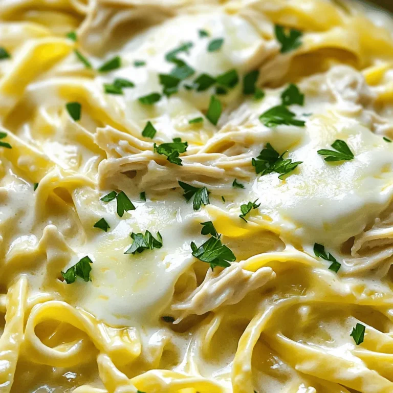 For this rich and creamy meal, you'll need: - 4 boneless, skinless chicken breasts - 8 ounces fettuccine pasta - 2 cups chicken broth - 1 cup heavy cream - 1 cup grated Parmesan cheese - 1 cup mozzarella cheese, shredded - 3 cloves garlic, minced - 1 teaspoon Italian seasoning - Salt and pepper to taste These ingredients bring together a balance of flavors. The chicken gives protein, while the cheeses add creaminess. The garlic and Italian seasoning bring the dish to life. To make your dish even better, consider these garnishes: - Fresh parsley, chopped - Extra Parmesan cheese - Cracked black pepper These garnishes add color and extra flavor. Fresh parsley brightens the dish, while more cheese adds richness. Use these tools for a smooth cooking process: - Slow cooker - Measuring cups - Mixing spoon - Two forks (for shredding chicken) - Cutting board These tools make it easy to prepare and serve your meal. A slow cooker is key for that tender chicken and creamy sauce. Start by placing the chicken breasts at the bottom of your slow cooker. Season each piece with salt, pepper, and Italian seasoning. This makes the chicken flavorful. Pour the chicken broth over the chicken. Add the minced garlic into the broth. The garlic will give a nice taste. Cover the slow cooker and cook on low for 4 to 5 hours. Check the chicken to make sure it is cooked through and tender. When done, remove the chicken. Use two forks to shred it into bite-sized pieces. Set the shredded chicken aside for later. Next, add the fettuccine pasta to the slow cooker. Pour in the heavy cream and grated Parmesan cheese. Stir well to mix everything together. Cook on high for 30 minutes. Make sure to stir occasionally. This prevents the pasta from sticking together. Check the pasta to see if it is cooked al dente. It should be firm but not hard. Once the pasta is done, return the shredded chicken to the slow cooker. Stir everything until well mixed. This helps the flavors blend together. Now, add the mozzarella cheese. Stir until it melts and makes the dish creamy. Taste and adjust the seasoning with salt and pepper if needed. Your dish is now ready to serve. You can garnish it with fresh parsley for a nice touch. Enjoy your rich and creamy meal! To get a rich and creamy Alfredo sauce, use heavy cream. This cream gives your sauce a thick texture. Stir in the grated Parmesan cheese slowly. It helps to melt the cheese evenly. Always mix well to avoid lumps. If it feels too thick, add a bit more chicken broth. This will help keep it smooth. To stop the pasta from sticking together, stir it often. Add the fettuccine to the slow cooker after the chicken is done. Mix it with the sauce right away. If you notice some sticking, add a bit more cream or broth. This will help separate the noodles and keep them creamy. For shredding chicken, wait until it cools a bit. Use two forks to pull apart the chicken easily. Start from the middle and pull outwards. This method helps to shred it nicely. If you like smaller pieces, chop the chicken after shredding. This gives you control over the size. {{image_2}} You can make your Slow Cooker Chicken Alfredo Pasta even better by adding vegetables. Good choices are broccoli, spinach, or bell peppers. When you add these, chop them into small pieces. Add them to the slow cooker during the last hour of cooking. This way, they stay bright and tasty. You get more colors on your plate, and it adds nutrients too. Feel free to change the chicken for other proteins. You can use shrimp, turkey, or even tofu if you want a vegetarian option. If you use shrimp, add it in the last 30 minutes of cooking. For turkey, use ground turkey and brown it first. With tofu, you can cube it and add it with the pasta. Each protein gives a different taste and texture. If you need a gluten-free meal, the pasta is the main item to change. Use gluten-free fettuccine or any gluten-free pasta you like. Follow the same cooking steps but keep an eye on the pasta. It may cook faster than regular pasta. Another option is to serve the creamy sauce over zucchini noodles. This gives you a fresh twist and keeps it light. After you enjoy your Slow Cooker Chicken Alfredo Pasta, store any leftovers in an airtight container. Make sure to let the dish cool completely before sealing it. This helps keep the flavors fresh. The pasta will stay good in the fridge for up to three days. Remember to label the container with the date. This way, you can keep track of how long it has been stored. To reheat your leftovers, you can use the microwave or the stovetop. If using the microwave, place the pasta in a microwave-safe bowl. Add a splash of chicken broth or cream to keep it moist. Heat in short bursts, stirring often. If you prefer the stovetop, warm the pasta in a pan over low heat. Stir gently and add a splash of liquid as needed. This will help bring back the creamy texture. If you want to freeze your Chicken Alfredo Pasta, it’s best to do so without the cheese. Cooked pasta can become mushy when frozen. Allow the dish to cool before transferring it to a freezer-safe container. You can freeze it for up to two months. When ready to eat, thaw it in the fridge overnight. Reheat it gently on the stove, adding cheese and cream to restore its rich taste. Yes, you can cook this recipe on high. If you choose high, cook for about 2-3 hours. This will make the chicken tender and juicy. Just make sure to check the chicken before you shred it. You want it fully cooked but not dry. If you need a substitute for heavy cream, use half-and-half or whole milk. You can also mix milk with a little butter. This will help you get that creamy texture. Another option is using a plant-based cream if you prefer dairy-free. To check if the chicken is done, use a meat thermometer. The internal temperature should reach 165°F (75°C). If you do not have a thermometer, cut the chicken; it should be white inside, not pink. If it looks cooked, but you are unsure, cook it a bit longer. It's better to be safe! This blog post covered how to make slow cooker chicken Alfredo pasta. We discussed key ingredients, step-by-step cooking methods, and useful tips for great results. I shared variations, storage tips, and answered common questions. In short, this dish is easy, tasty, and adaptable. You can create a meal that fits your needs and preferences. Enjoy your cooking and savor your delicious chicken Alfredo!
