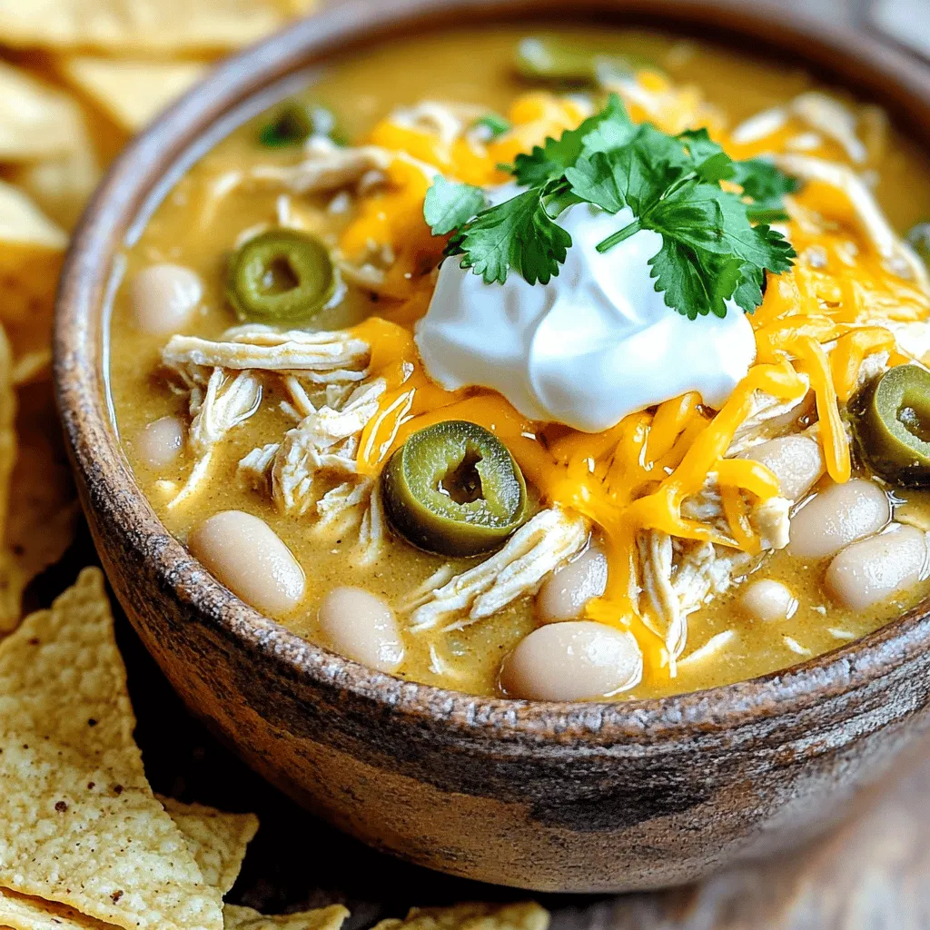 - 2 pounds boneless, skinless chicken breasts - 1 can (15 oz) white beans (like cannellini or great northern), drained and rinsed - 1 can (4 oz) diced green chilies - 1 medium onion, diced - 3 cloves garlic, minced - 2 cups low-sodium chicken broth - 1 teaspoon ground cumin - 1 teaspoon smoked paprika - 1 teaspoon onion powder - 1 teaspoon garlic powder - ½ teaspoon cayenne pepper (adjust to taste) - Salt and pepper, to taste - 1 cup frozen corn - ½ cup sour cream (or Greek yogurt for a healthier option) - 1 cup shredded Monterey Jack cheese (plus more for serving) - Chopped fresh cilantro, for garnish - Cheese: Add more shredded Monterey Jack cheese for a cheesy finish. - Garnishes: Top with cilantro, avocado slices, or tortilla chips for extra crunch. - Spice level: To make it spicier, add more cayenne pepper or jalapeños. - Healthy alternatives: Substitute sour cream with Greek yogurt to cut calories. Use less cheese for a lighter dish. Each ingredient plays a big role in creating flavor. The chicken gives protein and richness, while beans add creaminess. Broth and spices bring it all together. Start by placing the chicken breasts at the bottom of your slow cooker. This helps them cook evenly and soak up all the flavors. I usually use boneless, skinless chicken breasts for tenderness. You can season the chicken lightly with salt and pepper for a good base flavor. Next, it’s time to layer your ingredients. Add the drained white beans, diced green chilies, diced onion, and minced garlic on top of the chicken. The order matters. This layering keeps the flavors bright. Rinsing the beans is important too. It removes extra salt and any canning liquid. This way, your chili won’t be too salty. For cooking, you have two options: low or high settings. If you set it on low, let it cook for 6 to 8 hours. If you’re short on time, high is great for 4 hours. To know when the chicken is done, just check that it’s tender and easily shreds with a fork. Once the chicken is cooked, remove it from the slow cooker. Shred it using two forks and mix it back into the chili. Then, stir in the frozen corn and creamy ingredients like sour cream and Monterey Jack cheese. This adds a rich texture. Let the chili cook on low for an extra 30 minutes to meld the flavors. Make sure to taste and adjust seasonings as needed. For a great taste in your slow cooker white chicken chili, spice is key. I love using: - 1 teaspoon ground cumin for warmth - 1 teaspoon smoked paprika for depth - 1 teaspoon onion powder for sweetness - 1 teaspoon garlic powder for richness - ½ teaspoon cayenne pepper for heat (adjust to your liking) These spices work well together. For cooking, I suggest starting with the spices at the bottom. This allows them to bloom and release their full flavor. Do you prefer thick or thin chili? If you want a thicker chili, you can mash some of the beans. This gives it a creamy texture. For a thinner chili, add more broth or water. You can also toss in extra frozen corn or beans. These additions can help balance the consistency without losing flavor. Presentation makes a difference! Serve your chili in deep bowls. Top each bowl with: - Extra shredded Monterey Jack cheese - Fresh cilantro for color - A dollop of sour cream for creaminess You can also add tortilla chips on the side. They add a nice crunch. If you're feeling fancy, consider a fresh salad to go along with it. It pairs well and adds freshness to each bite. {{image_2}} You can easily switch the protein in this chili. Instead of chicken, try turkey. It gives a nice twist without losing flavor. If you want a vegetarian option, use chickpeas or lentils. These options add protein while keeping it hearty. Want a kick? Add more cayenne or some jalapeños. Fresh peppers bring heat and depth. For extra color and nutrition, toss in bell peppers or zucchini. These veggies blend well and boost the chili's texture. Add some Southwestern flair by mixing in corn tortillas or black beans. These ingredients enhance the flavor and add a fun twist. If you want a Mexican-style chili, include more spices like oregano or cumin. Top with fresh avocado or lime juice for a refreshing touch. To store leftovers, let the chili cool first. Then, place it in an airtight container. This keeps it fresh. You can store the chili in the fridge for up to four days. Make sure to label your container with the date. This way, you know when to eat it. For freezing, let the chili cool completely. Use freezer-safe containers or bags. Leave some space at the top to allow for expansion. White chicken chili can last for up to three months in the freezer. To thaw, move it to the fridge overnight. For a delicious second round, heat the chili on the stove. Use low heat to avoid burning. Stir it often and add a splash of broth if it seems thick. You can also microwave it in a safe dish. Cover it with a lid or plastic wrap, leaving a small gap for steam. This prevents loss of flavor and keeps it creamy. Enjoy your warm bowl of comfort! Yes, you can use frozen chicken breasts. Just place them in the slow cooker without thawing. This saves time and keeps the chicken juicy. You will need to increase the cooking time by about one hour. Make sure to check that the chicken reaches 165°F before shredding. To add heat, use cayenne pepper. Start with half a teaspoon and taste. If you want more kick, add a little more. You can also toss in sliced jalapeños or a dash of hot sauce. These options add flavor without taking over the dish. White chicken chili pairs well with several sides. Try serving it with tortilla chips for crunch. You can also add a fresh salad for a bright touch. Cornbread is another great option that complements the chili’s creaminess. Cooking white chicken chili takes about 7 hours on low or 4 hours on high. This fits well into a busy day. You can set it in the morning and enjoy it by dinner. Just ensure the chicken is tender and the flavors meld nicely. This blog details how to create a delicious white chicken chili. You learned about key ingredients like chicken, beans, and seasonings. You also saw how to adjust flavors and textures. Each step helps you make a tasty dish in a slow cooker. Remember, cooking is about making it your own. So, feel free to swap ingredients and add spices. Enjoy making your chili and share it with family or friends!