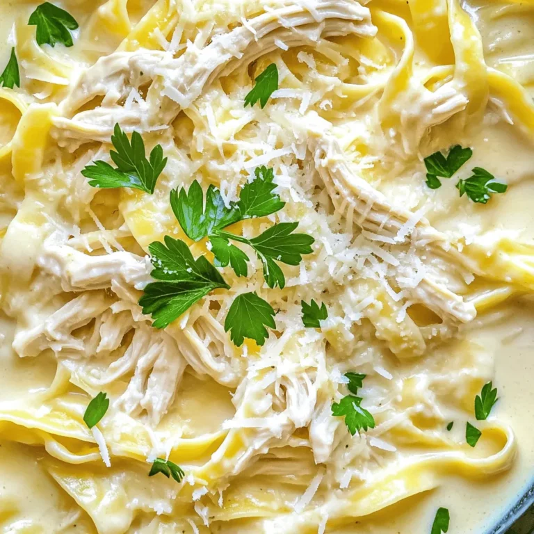 For this creamy chicken Alfredo, you will need: - 2 boneless, skinless chicken breasts - 1 teaspoon garlic powder - 1 teaspoon onion powder - 1 teaspoon Italian seasoning - Salt and pepper to taste - 3 cups heavy cream - 1 cup chicken broth - 1 cup grated Parmesan cheese - 1 cup fettuccine pasta (uncooked) - Fresh parsley, chopped (for garnish) Want to add more flavor? Try these options: - A pinch of red pepper flakes for heat. - Fresh basil or thyme for a herbal note. - A squeeze of lemon juice for brightness. You can make this dish work for many diets: - Use zucchini noodles instead of fettuccine for a low-carb option. - Swap heavy cream for coconut cream if you want a dairy-free version. - Use nutritional yeast instead of Parmesan for a vegan twist. Start by seasoning the chicken breasts. Use garlic powder, onion powder, Italian seasoning, salt, and pepper. Make sure all sides are covered. Place the seasoned chicken in your slow cooker. This step builds flavor from the start. In a separate bowl, mix the heavy cream and chicken broth. This creamy base is key to a rich sauce. Pour this mixture over the chicken in the slow cooker. It will meld together as it cooks, creating a luscious sauce. Cover the slow cooker. Cook on low for 4 hours or on high for 2 hours. The chicken should be tender and fully cooked. After cooking, shred the chicken with two forks. This makes it easy to mix back into the sauce. Stir in the grated Parmesan cheese until it melts into the creamy sauce. Add the uncooked fettuccine pasta, making sure it's submerged. Cover and cook for an extra 30 to 40 minutes on low. The pasta will absorb all the flavors and become tender. Stir well before serving. Adjust seasoning to your taste if needed. To make the best Alfredo sauce, use heavy cream. The fat content gives a rich taste. Mix it well with chicken broth before adding it to the slow cooker. This blend makes the sauce smooth. Adding grated Parmesan cheese helps too. Stir it in at the end for a creamy finish. If you want a thicker sauce, let it cook a bit longer. Once your chicken is cooked, let it cool for a few minutes. Use two forks to shred the chicken. This method is easy and quick. Shred it right in the slow cooker for less mess. Make sure to mix it well with the sauce. You want every bite to have flavor. Taste your dish before serving. If it needs more flavor, add salt or pepper. Don’t forget the Italian seasoning! You can also add more garlic powder for a bolder taste. If you like it spicy, try adding red pepper flakes. Adjusting seasoning to your liking makes the dish perfect for you. {{image_2}} You can boost flavor and nutrition by adding veggies. Try adding broccoli, peas, or spinach. Chop them into small pieces. Add them to the slow cooker about 30 minutes before the dish is done. This method keeps the vegetables fresh and bright. They will soak up the creamy sauce, making every bite better. Fettuccine is a classic choice for this dish, but you can switch it up. Try penne, rotini, or even gluten-free pasta if you need. Each type of pasta has a unique texture. This change can give your Alfredo a new taste. Just ensure the pasta cooks well in the sauce. Chicken is great, but you can use other proteins. Shrimp, turkey, or even tofu work well. For shrimp, add them in the last 30 minutes of cooking. If you use turkey, cook it the same way as chicken. Tofu should be cubed and added at the start. Each protein brings a new flavor to your creamy sauce. To store your creamy chicken Alfredo, let it cool first. Place it in an airtight container. Make sure to cover it well. You can keep it in the fridge for up to three days. It’s best to eat it fresh, but leftovers can still taste good. When you're ready to eat leftovers, you have a few options. The best way is to use the stove. Heat it in a pan over low heat. Stir often until it warms up. You can also use the microwave. Just cover it to keep moisture in. Heat in short bursts, stirring in between. If you want to save the dish for later, freezing works well. Cool it completely before freezing. Place it in a safe freezer bag or container. It can stay in the freezer for up to two months. When you’re ready to eat, thaw it overnight in the fridge. Reheat it on the stove for best results. Yes, you can use frozen chicken. Just add an extra hour to cook time. The slow cooker will thaw and cook the chicken perfectly. Always check to make sure the chicken reaches 165°F for safety. Using frozen chicken may make it easier for you on busy days. If the sauce is too thick, you can add more chicken broth or cream. Stir in a little at a time until you reach your desired consistency. You can also add a splash of water if needed. Mixing well helps the sauce become smooth again. Yes, you can make this dish gluten-free. Swap regular fettuccine for gluten-free pasta. Just ensure the pasta cooks until tender. You can also check that your chicken broth is gluten-free. This way, everyone can enjoy this creamy delight! This blog post covered key steps to make a flavorful dish. We explored important ingredients, cooking methods, and tips for crafting the creamiest Alfredo sauce. We also discussed how to vary the recipe with veggies and protein choices. Storing leftovers and reheating them was made easy too. In closing, cooking is about fun and creativity. Don’t hesitate to try new flavors, and enjoy every bite. Your kitchen can be a great place for new tastes and happy meals.