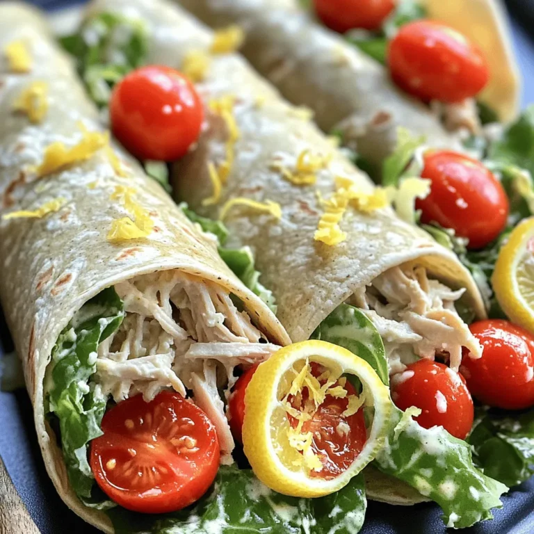 - 2 cups cooked chicken breast, shredded - 4 large whole wheat tortillas - 1 cup romaine lettuce, chopped - 1/2 cup cherry tomatoes, halved - 1/4 cup grated Parmesan cheese - 1/2 cup Caesar dressing (store-bought or homemade) - 1 tsp lemon zest - 1/2 tsp garlic powder - Salt and pepper to taste These ingredients create a tasty and easy meal. Using whole wheat tortillas boosts the fiber content. The chicken gives protein, while romaine and tomatoes add crunch and fresh flavor. Parmesan cheese adds a rich taste. Caesar dressing ties it all together with its creamy goodness. - Sliced avocado - Cooked bacon bits - Red onion, thinly sliced - Fresh herbs like basil or parsley Adding sliced avocado brings creaminess. Bacon bits add a delightful crunch. Red onion gives a sharp bite, while fresh herbs add brightness. Feel free to mix and match these options! - Chicken breast: A great source of lean protein, low in fat. - Romaine lettuce: Full of vitamins A and K, it helps your bones. - Cherry tomatoes: Packed with antioxidants and vitamin C. - Parmesan cheese: Offers calcium and protein but is high in sodium. - Caesar dressing: Adds flavor but watch for calories and fat. Understanding these ingredients helps you make healthy choices. You can adjust portions based on your needs. Enjoy preparing your Chicken Caesar Wraps! To start, gather your ingredients. You will need: - 2 cups cooked chicken breast, shredded - 4 large whole wheat tortillas - 1 cup romaine lettuce, chopped - 1/2 cup cherry tomatoes, halved - 1/4 cup grated Parmesan cheese - 1/2 cup Caesar dressing (store-bought or homemade) - 1 tsp lemon zest - 1/2 tsp garlic powder - Salt and pepper to taste Begin by placing the shredded chicken in a large bowl. Add the chopped romaine lettuce, halved cherry tomatoes, and grated Parmesan cheese. Mix well to combine all the flavors. Next, grab a small bowl. In there, mix the Caesar dressing with lemon zest, garlic powder, salt, and pepper. Stir until it blends nicely. This will add extra flavor to your wraps. Now, drizzle the dressing mixture over the chicken and veggie mix. Use a spatula to gently toss everything together. Make sure all the pieces get coated in the dressing. Lay one tortilla flat on a clean surface. Use a spoon to scoop an even amount of the chicken Caesar mixture. Place it in the center of the tortilla. Fold the sides of the tortilla over the filling. Start rolling from the bottom up. Keep it tight to secure the filling inside. This will help prevent spills when you eat. Repeat this process with the remaining tortillas and filling. If you like, slice each wrap in half at a diagonal. This makes them easier to eat and look nice on the plate. To serve, place the wraps on a platter. For a colorful touch, garnish with extra cherry tomato halves. You can sprinkle more Parmesan on top too. This adds a nice look and taste. If you want to take it up a notch, serve the wraps with fresh lemon wedges. This will give a nice zest to every bite. Enjoy your Chicken Caesar Wraps! To make your Chicken Caesar Wraps burst with flavor, start with fresh ingredients. Use bright romaine lettuce and ripe cherry tomatoes. For extra zing, add lemon zest and garlic powder to your dressing. Mixing those into your Caesar dressing enhances the taste. You can also sprinkle some extra Parmesan on top when serving. This adds a nice touch and makes the wraps look appetizing. When meal prepping, keep the ingredients separate until you're ready to eat. This keeps your tortillas from getting soggy. Store the chicken, veggies, and dressing in separate containers. This way, you can assemble the wraps fresh each time. Lay out your tortilla, add the filling in the center, and roll tightly. Make sure to tuck in the sides as you roll. This keeps everything snug and prevents spills. For making Chicken Caesar Wraps, you need a few basic tools. A sharp knife is key for chopping your veggies. A large bowl helps mix your filling well. If you have a cutting board, it makes assembly easier. I recommend keeping a spatula handy for mixing too. Using these tools will make your wrap-making process smooth and fun! {{image_2}} You can change the protein in your wrap. Try shrimp for a seafood twist. Cook shrimp in garlic and lemon for extra flavor. Tofu is another great option. Use firm tofu and pan-fry it until golden. Marinate it in soy sauce or a spicy sauce for more taste. These proteins work well with the Caesar flavor. While Caesar dressing is classic, there are many other options. Try ranch dressing for a creamy touch. Or use a tangy vinaigrette for a fresh flavor. A yogurt-based dressing gives a lighter option. You can also add spices like sriracha or chili powder for heat. These different dressings can change the whole taste of your wrap. Mixing up the veggies can add fun to your wraps. Swap romaine for spinach or kale for a twist. Add sliced bell peppers for crunch and color. You can also include cucumbers for a refreshing bite. Try adding shredded carrots or avocado for creaminess. These simple swaps keep your wraps exciting and tasty. To keep your Chicken Caesar Wraps fresh, wrap each one tightly in plastic wrap. This helps keep air out and moisture in. You can also place them in a sealed container. Make sure to remove any excess air. This method will help prevent sogginess. Use airtight containers for the wraps. Glass or BPA-free plastic containers work well. If you want to save space, consider using a flat container. You can stack the wraps without squishing them. Another option is to use freezer bags, but lay them flat in the fridge. You can keep Chicken Caesar Wraps in the fridge for about three days. After that, they may lose their taste and texture. If you want to store them longer, consider freezing. Frozen wraps can last up to three months. Just remember to thaw them in the fridge before eating. You can use ranch dressing if you want a milder taste. Greek yogurt adds creaminess too. Try a homemade dressing with yogurt, lemon, and garlic for a fresh twist. If you like a kick, add a bit of hot sauce. You can mix and match until you find what you love! Yes, you can make these wraps ahead. Prepare the chicken and veggies and store them in the fridge. Keep the tortillas and dressing separate until you are ready to eat. This keeps the wraps fresh and crunchy. You can assemble them in about five minutes when you are ready. Pair these wraps with a side salad for a fresh crunch. Chips or sweet potato fries add a nice touch too. You can also serve fruit for a sweet note. For drinks, try iced tea or lemonade. Check the full recipe for more ideas on how to make your meal complete! In this post, I covered how to make Chicken Caesar Wraps. You learned about key ingredients, preparation steps, and tips for flavor. I also shared storage info and answered common questions. Embrace the chance to try new variations or ingredients. Don't hesitate to get creative. With these wraps, you can enjoy a simple meal any day. Happy cooking!