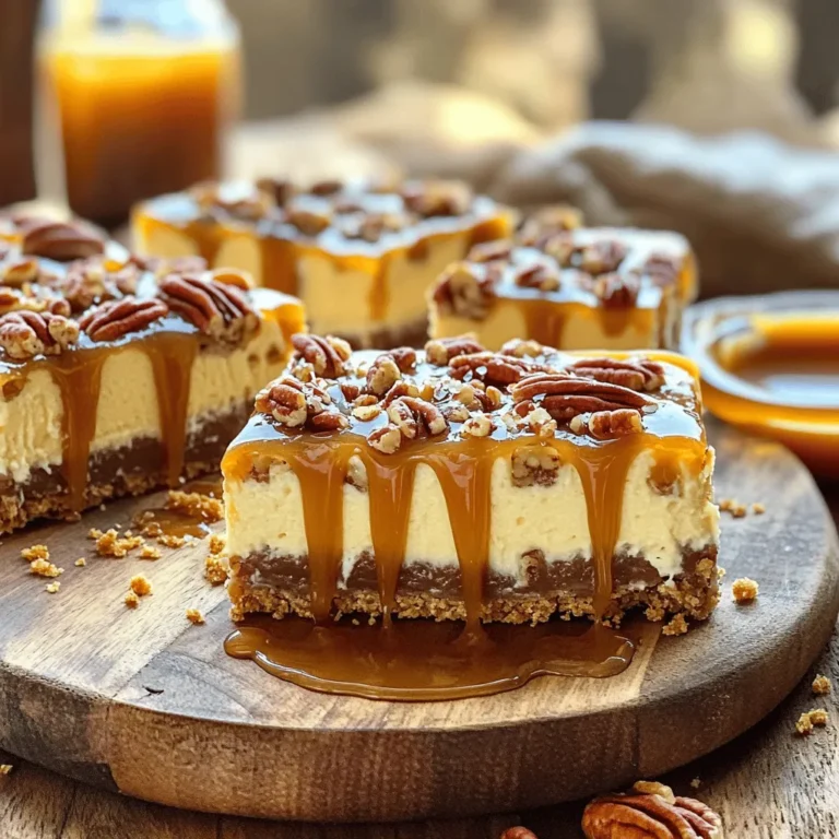 - 1 cup graham cracker crumbs - 1/4 cup unsalted butter, melted - 2 tablespoons brown sugar - 2 packages (8 oz each) cream cheese, softened - 1/2 cup granulated sugar - 1 teaspoon vanilla extract - 2 large eggs - 1 cup chopped pecans - 1 cup caramel sauce (store-bought or homemade) - 1 teaspoon sea salt (for garnish) - For a different crust, use crushed cookies or nuts instead of graham crackers. You can try almond flour for a gluten-free option. - If you want a dairy-free choice, look for vegan cream cheese. Brands like Tofutti or Kite Hill work well. - For a healthier sweetener, use honey or maple syrup instead of granulated sugar. Adjust the amount to suit your taste. First, preheat your oven to 350°F (175°C). This step is key for getting even heat. While your oven warms up, grab a 9x9 inch baking dish. Grease it with cooking spray or butter. This helps the bars come out easily after baking. In a medium bowl, mix 1 cup of graham cracker crumbs, 1/4 cup of melted unsalted butter, and 2 tablespoons of brown sugar. Stir until it looks like wet sand. Next, press this mixture firmly into the bottom of your greased baking dish. This creates a sturdy base for your cheesecake bars. In a large bowl, beat together 2 packages of softened cream cheese and 1/2 cup of granulated sugar. Mix until smooth, about 2-3 minutes. Add in 1 teaspoon of vanilla extract and blend it well. Now, add 2 large eggs one at a time. Mix just until combined, so you don’t overmix. Gently fold in 1 cup of chopped pecans. This adds a nice crunch to your filling. Pour the cheesecake batter over the crust in the baking dish. Bake it for about 30-35 minutes. Look for the edges to set while the center is still a bit jiggly. It will firm up as it cools. After baking, let it cool at room temperature for 30 minutes. Then, refrigerate it for at least 2 hours. This chilling time helps it set perfectly. Once chilled, drizzle 1 cup of caramel sauce over the top. If your caramel is thick, warm it slightly for easier drizzling. To serve, cut the cheesecake into bars. A pinch of sea salt on each bar enhances the flavors. For a beautiful presentation, place the bars on a platter and add a whole pecan on each one. To avoid cracks in your cheesecake, make sure to mix gently. Overmixing can introduce air and cause cracks. Mix until just combined. Also, bake in a water bath if you can. This helps keep the cheesecake moist and reduces the chance of cracks. For even baking, check your oven temperature with an oven thermometer. An incorrect temperature can lead to uneven results. Rotate the baking dish halfway through the baking time. This ensures all sides bake evenly. Cheesecake bars are great on their own but pair well with fresh fruits. Berries add a nice tartness that balances the sweetness. You can also serve them with whipped cream for extra richness. For presentations, use a decorative platter. Drizzle extra caramel sauce on the side for guests to enjoy. Garnish each bar with a whole pecan. This adds a touch of elegance to your dessert. One common mistake is overmixing the filling. This can make the cheesecake dense. Mix just until combined for a light texture. Another mistake is using the wrong oven temperature. Always preheat your oven correctly. A too-hot oven can burn the edges while leaving the center undercooked. Keep an eye on your bars as they bake for the best results. {{image_2}} You can change the flavors of these cheesecake bars. Adding chocolate chips gives a rich taste. You can also add other nuts, like walnuts or almonds, for different textures. If you want a seasonal twist, try pumpkin pecan bars in the fall. Just mix in pumpkin puree and spices for a festive touch. If you need to make these bars gluten-free, use gluten-free graham crackers for the crust. You can also use almond flour or ground oats as an alternative. For those who follow a vegan diet, you can replace cream cheese with a vegan cream cheese option. Use flax eggs instead of regular eggs to keep the texture smooth. Consider other sauces to drizzle on top. Chocolate sauce or a berry compote can add a fruity or indulgent flavor. You can also add fun mix-ins, like crushed cookies or candy pieces. These swaps create a unique twist on the classic recipe. You can store your caramel pecan pie cheesecake bars in the fridge for up to five days. Use an airtight container to keep them fresh. If you plan to serve them over a few days, cutting them into bars first makes it easy to grab and enjoy. To freeze the cheesecake bars, first, let them cool completely. Then, wrap them tightly in plastic wrap and place them in a freezer-safe container. They can last for up to three months in the freezer. When you want to enjoy them, move the bars to the fridge for about six hours to thaw. For reheating, you can warm them in the microwave for about 10-15 seconds if you like them slightly warm. Watch for signs of spoilage, like an off smell or a change in texture. If the bars feel dry or crumbly, they may not taste as good. To maintain freshness, keep the bars tightly sealed and avoid leaving them out at room temperature for long. Enjoy your delicious dessert while it's still fresh! You will see some signs when the cheesecake bars are done. First, the edges will look set. The center should still be a bit jiggly, but not too much. It will firm up as it cools. You can also gently shake the pan. If the center wobbles slightly, they are ready. Let them cool before serving. Yes, you can make these bars ahead of time. Prepare the cheesecake bars and let them cool completely. After cooling, cover them tightly with plastic wrap. Store them in the fridge for up to three days. This makes them great for parties or special meals. You can also freeze them for longer storage. Just thaw them in the fridge before serving. Cutting cheesecake bars can be tricky. Use a sharp knife for best results. Dip the knife in hot water, then wipe it dry before each cut. This helps make clean cuts. You can also use a ruler to measure even pieces. This way, every piece looks great on the plate. You can use store-bought caramel sauce. It saves time and is easy to find. However, homemade caramel has a richer taste. Store-bought sauces can be thinner. If you prefer, heat it slightly to make it drizzle better. Try both and see which you like best! This blog post covered how to make delicious caramel pecan pie cheesecake bars. We explored key ingredients, step-by-step instructions, and helpful baking tips. Remember to watch out for common mistakes and explore fun variations. Whether you want a classic or a unique twist, there’s a version for everyone. Finally, knowing how to store them properly helps keep your bars fresh and tasty. Enjoy creating and sharing these tasty treats with family and friends!
