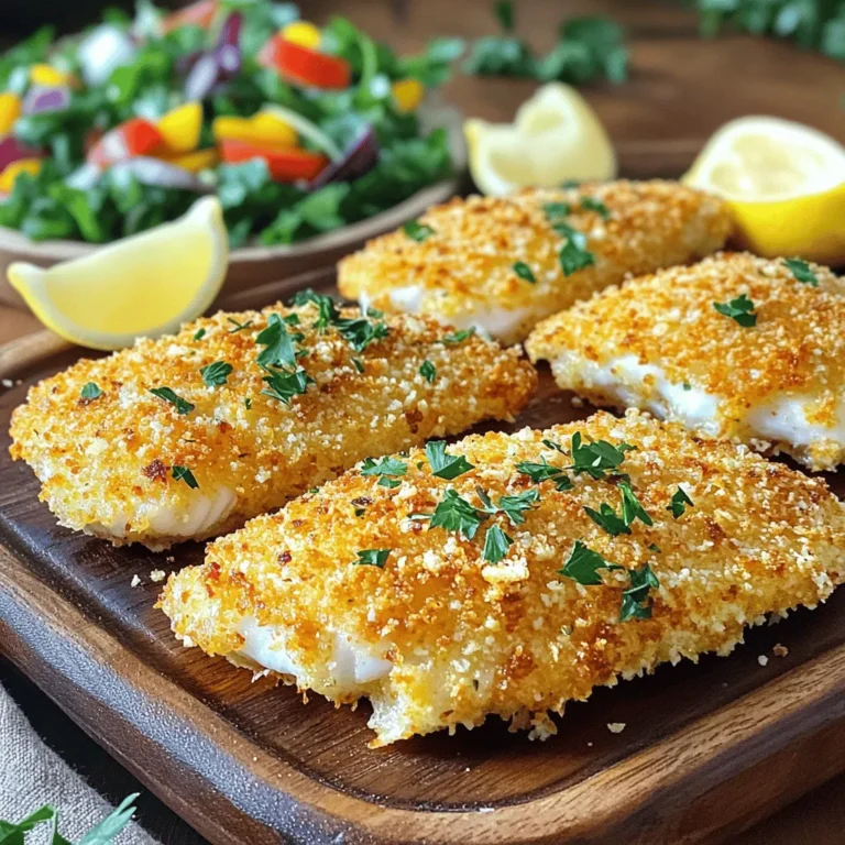 - 4 tilapia fillets - 1 cup panko breadcrumbs - ½ cup grated Parmesan cheese - 1 teaspoon garlic powder - 1 teaspoon onion powder - ½ teaspoon paprika - ½ teaspoon black pepper - 1 teaspoon salt - 2 large eggs - 2 tablespoons Dijon mustard - Cooking spray (or olive oil spray) Gathering the right ingredients is key to making this dish shine. Start with fresh tilapia fillets. They should be firm and bright. Panko breadcrumbs add that crispy texture we all love. Use finely grated Parmesan cheese for a rich, savory flavor that melts beautifully. For seasoning, garlic and onion powders are must-haves. They add depth to the dish without overpowering the fish. Paprika gives a touch of color and a slight smokiness. Salt and black pepper balance all the flavors. You will need two large eggs and Dijon mustard to bind everything together. This mix helps the breadcrumbs stick well to the tilapia. A light spray of cooking oil keeps the fish from sticking to the air fryer, ensuring a perfect finish. With these ingredients, you are set for a crispy delight that will impress everyone at the table! First, I whisk two large eggs with two tablespoons of Dijon mustard in a bowl. This mixture will help the breadcrumbs stick to the fish. In another bowl, I mix one cup of panko breadcrumbs with half a cup of grated Parmesan cheese, one teaspoon of garlic powder, one teaspoon of onion powder, half a teaspoon of paprika, half a teaspoon of black pepper, and one teaspoon of salt. This blend gives the tilapia a tasty crust. Next, I take each tilapia fillet and dip it in the egg mixture. I let any extra egg drip off. After that, I coat both sides of the fillet with the breadcrumb mixture. I gently press to ensure the coating sticks well. This step is key for a crunchy texture. I preheat my air fryer to 400°F (200°C) for about five minutes. After preheating, I lightly spray the air fryer basket with cooking spray. I then arrange the coated tilapia fillets in a single layer in the basket. I make sure not to overcrowd it. A little extra spray on top helps create a crispy finish. I air fry the tilapia for 10 to 12 minutes. To ensure even cooking, I check the fillets halfway through. The fish is done when it turns golden brown and crispy. I also check if the internal temperature reaches 145°F (63°C) to confirm it is safe to eat. - Use fresh ingredients for optimal flavor. Fresh fish and new breadcrumbs make a big difference. - Don’t overcrowd the air fryer. Give each fillet space for hot air to circulate. This helps achieve that perfect crunch. - Adjust time based on thickness of fillets. Thin fillets cook faster, maybe around 10 minutes. Thicker ones may need up to 12 minutes. - Flip fillets halfway for even cooking. This step ensures both sides get golden and crispy. - Pairing with lemon wedges and sides is a great idea. The zest of the lemon brightens the dish and balances the richness. - Garnishing ideas for visual appeal include fresh herbs. Chopped parsley or dill adds color and freshness to your plate. {{image_2}} You can switch tilapia for other fish. Cod and haddock work well. Both fish have a mild taste and will soak up flavors nicely. They also fry up crispy, just like tilapia. Feel free to try salmon for a richer flavor. It has good fat and pairs well with the Parmesan crust. If you need a gluten-free version, use gluten-free breadcrumbs. They provide the same crunch. Many brands offer tasty options that work great in this recipe. Check your local store or try making your own. Just pulse gluten-free bread in a blender until crumbly. For a kick, add cayenne pepper or hot sauce to the breadcrumb mix. This gives a nice heat. Start with a small amount, about 1/4 teaspoon, and adjust to your taste. You can also drizzle hot sauce on the cooked fish before serving. This spicy twist adds fun and flavor to your meal! After enjoying your Air Fryer Parmesan Crusted Tilapia, store any leftovers in an airtight container. This keeps the fish fresh and helps maintain its flavor. I recommend eating leftovers within 2 days for the best taste. To reheat, the air fryer is your best friend. Set it to 350°F (175°C). Place the fillets inside and cook for about 5 minutes. This method keeps the crust crispy. If you're in a hurry, you can use the microwave. Place the tilapia on a microwave-safe plate. Cover it with a paper towel to keep moisture in. Heat for about 30 seconds to 1 minute, checking often to avoid overcooking. Yes, you can. Use a regular oven instead. Preheat your oven to 425°F (220°C). Place the coated tilapia on a baking sheet lined with parchment paper. Bake for about 15-20 minutes. Check if the fish is golden and crispy. This method will still give you a tasty meal. Look for a few signs. The tilapia should be opaque and flake easily with a fork. The internal temperature should reach 145°F (63°C). If it looks shiny or raw, it needs more time. Always trust your eyes and a food thermometer. You have many options! Here are some great sides to pair with your dish: - Steamed broccoli or green beans - A fresh garden salad - Roasted sweet potatoes - Quinoa or rice - Lemon wedges for a zesty kick These sides add color and flavor to your meal. They also balance the richness of the tilapia nicely. Enjoy your cooking! This blog post shared a simple and tasty recipe for Air Fryer Parmesan Crusted Tilapia. We covered the main ingredients and detailed the steps to make your dish delicious. I provided tips for a crispy crust and ways to adapt the recipe. Remember, you can switch up the fish or make it gluten-free. With easy storage and reheating tips, you’ll enjoy this meal anytime. Try this recipe for a quick, healthy dinner that impresses. Happy cooking!