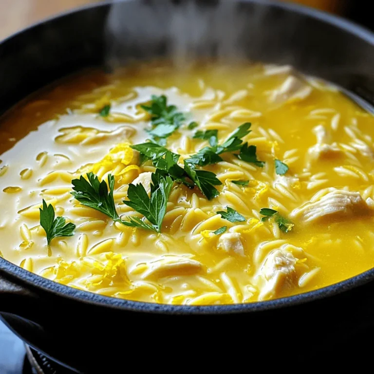 To make Creamy Lemon Chicken Orzo Soup, you need the following: - 2 tablespoons olive oil - 1 small onion, diced - 2 cloves garlic, minced - 2 medium carrots, sliced - 2 celery stalks, diced - 1 pound chicken breast, diced - 6 cups chicken broth - 1 cup orzo pasta - 1 cup heavy cream - Zest and juice of 1 large lemon - 1 teaspoon dried thyme - Salt and pepper to taste - Fresh parsley, chopped (for garnish) These ingredients create a rich and creamy base. The chicken adds protein, while the orzo gives it heartiness. You can enhance the soup with these optional ingredients: - A pinch of red pepper flakes for heat - Fresh lemon slices for garnish - Spinach or kale for extra greens These options can change the flavor profile. Feel free to mix and match based on what you enjoy. To prepare this soup, gather these cooking tools: - A large pot or Dutch oven for cooking - A cutting board and knife for chopping - A wooden spoon for stirring - Measuring cups and spoons for accuracy - Bowls for serving Having the right tools makes cooking easier. It helps you focus on what matters: creating a delicious meal. First, gather all your ingredients. You will need olive oil, onion, garlic, carrots, celery, chicken, chicken broth, orzo pasta, heavy cream, lemon, thyme, salt, pepper, and parsley. Dice the onion and chicken, mince the garlic, slice the carrots, and dice the celery. This setup makes cooking smooth and easy. In a large pot, heat 2 tablespoons of olive oil over medium heat. Add the diced onion and sauté it for 3-4 minutes. You want the onion to be soft and translucent. Next, stir in the minced garlic, sliced carrots, and diced celery. Cook these for about 5 minutes. Stir them occasionally until the vegetables soften. This step builds a great flavor base for the soup. Now, add the diced chicken breast to the pot. Cook it for 5-7 minutes, stirring often. You want the chicken to brown on all sides. Once browned, pour in 6 cups of chicken broth and bring this to a boil. When boiling, add 1 cup of orzo pasta, 1 teaspoon of dried thyme, and season with salt and pepper. Lower the heat to medium-low and let it simmer for about 10 minutes. You will know it’s done when the orzo is al dente. Then, stir in 1 cup of heavy cream, lemon zest, and lemon juice. Allow the soup to warm for 2-3 minutes before serving. Garnish with fresh parsley for a nice touch. To get the creamiest soup, use heavy cream. This thickens the soup and adds richness. Stir in the cream at the end of cooking. This keeps it fresh and smooth. You can also add a bit of lemon zest for extra flavor. Cook orzo separately to avoid mushiness. Add it to the soup when it is nearly done. This way, it stays firm. Cook it just until al dente, which means it is still slightly firm to bite. This ensures a nice texture in every spoonful. Taste your soup as you go. Start with salt and pepper, then adjust to your liking. Add more lemon juice for a brighter taste. If you want a herbal note, fresh thyme works great. Fresh parsley on top adds color and a fresh taste, too. {{image_2}} You can change the soup based on what you have. Swap chicken for shrimp or tofu. For veggies, add spinach, peas, or bell peppers. Each choice brings a new taste. If you like, try using sweet potatoes for a hint of sweetness. You can even add green beans for more crunch. This soup is flexible to fit your mood. If you need a gluten-free meal, use gluten-free orzo or rice. Both work well in this soup. For a dairy-free version, swap heavy cream with coconut milk. It adds a lovely flavor and keeps it creamy. You can also use almond milk for a lighter option. Just make sure it’s unsweetened to keep the soup savory. Want to spice things up? Add red pepper flakes or a dash of hot sauce. You can also mix in diced jalapeños for a fresh bite. If you love flavor, consider adding a pinch of smoked paprika. It gives a warm taste and pairs well with the lemon. Just be careful; a little spice goes a long way! To keep your creamy lemon chicken orzo soup fresh, store it in an airtight container. Make sure to let the soup cool down before sealing it. This helps prevent condensation, which can make the soup watery. You can keep it in the fridge for up to three days. If you want to enjoy it later, freezing is a great option. When it’s time to reheat, do it gently. Pour the soup into a pot over low heat. Stir often to avoid sticking. If the soup seems thick, add a splash of chicken broth to thin it out. Heat until warm, but don’t let it boil. This keeps the creamy texture smooth and tasty. To freeze the soup, use freezer-safe containers. Leave some space at the top for expansion. It’s best to freeze the soup without the cream added. When you’re ready to eat, thaw it overnight in the fridge. Then, reheat it on the stove and stir in the heavy cream. This way, your soup stays creamy and delicious! You can serve this soup with crusty bread. A warm baguette works great. You may also enjoy it with a fresh side salad. A simple mix of greens and lemon vinaigrette pairs well. Add some cheese on top for extra flavor. A sprinkle of Parmesan can make it even better. Yes, you can make this soup in a slow cooker. Start by sautéing the onion, garlic, carrots, and celery in a pan. This step adds great flavor. Then, transfer the veggies to your slow cooker. Add the chicken, broth, and thyme. Cook on low for 6-8 hours. Add the orzo during the last 30 minutes. Stir in the cream and lemon before serving. This soup can last about 3 to 4 days in the fridge. Store it in an airtight container to keep it fresh. If you notice any change in smell or color, toss it out. Reheat it on the stove or in the microwave. Adding a splash of broth can help restore its creaminess. This blog post covered making a creamy lemon chicken orzo soup. We discussed essential and optional ingredients, cooking tools, and step-by-step instructions. I shared tips for a creamy texture and flavor tweaks. We explored variations for dietary needs and storage best practices. In the end, enjoy your cooking and share this comforting dish with others. Your kitchen can be a place of joyful creativity.