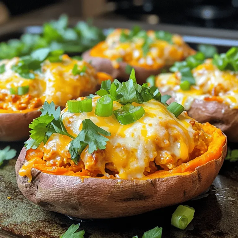 - 4 medium sweet potatoes - 2 cups cooked shredded chicken - 1/2 cup hot buffalo sauce - 1/4 cup cream cheese, softened - 1/4 cup Greek yogurt (or sour cream) - 1 cup shredded cheddar cheese - 1/4 cup chopped green onions - Salt and pepper to taste - Fresh parsley for garnish To create Buffalo Chicken Stuffed Sweet Potatoes, gather these tasty items. Sweet potatoes provide a sweet, soft base that pairs perfectly with spicy chicken. You need four medium sweet potatoes. The creaminess of the filling comes from cream cheese and Greek yogurt. The hot buffalo sauce gives it a punch of flavor. For the filling, use two cups of cooked shredded chicken. This is often leftover chicken or rotisserie chicken. The shredded chicken mixes well with the buffalo sauce. This combo makes each bite full of flavor. You’ll also use one cup of shredded cheddar cheese. This cheese melts nicely on top, creating a mouthwatering finish. Chopped green onions add a fresh crunch and bright color. Don’t forget to season with salt and pepper to taste. Lastly, sprinkle fresh parsley on top for a pop of color and flavor. These ingredients come together for a delightful meal that will please anyone. - Preheat the oven to 400°F (200°C). - Wash the sweet potatoes thoroughly. Poke a few holes in each one with a fork. This step keeps them from bursting while baking. - Place the sweet potatoes on a baking sheet lined with foil. - Bake them for 45-50 minutes, or until they are tender. You can check by squeezing them gently. - In a medium bowl, mix the shredded chicken with the hot buffalo sauce. Stir well, so the chicken gets fully coated. - Add the cream cheese, Greek yogurt, and half of the cheddar cheese to the bowl. Mix until everything is combined. Season with salt and pepper to taste. - Once the sweet potatoes are done, take them out of the oven and let them cool for a few minutes. - Carefully slice each sweet potato in half lengthwise. Gently fluff the insides with a fork to create a nice base for the filling. - Spoon the buffalo chicken mixture into each sweet potato half. - Top them with the remaining cheddar cheese. Put the stuffed sweet potatoes back in the oven for an extra 10 minutes, or until the cheese melts and bubbles. - When they are ready, take them out and sprinkle chopped green onions and parsley on top for garnish. To check if sweet potatoes are done, gently pierce them with a fork. If the fork slides in easily, they are ready. Another way to check is to squeeze them. If they feel soft, they are done. This simple test helps you avoid undercooked potatoes. Once you remove the sweet potatoes from the oven, let them cool for a minute. Then, slice them in half lengthwise. Use a fork to fluff the insides gently. This helps create a perfect base for your buffalo chicken mixture. Fluffing also adds air, making the sweet potatoes light and tasty. You can add fun flavors to your buffalo chicken filling. Try mixing in diced celery or shredded carrots for extra crunch. Both add a fresh taste and texture to the dish. For some creaminess, consider adding a bit more cream cheese or yogurt. Adjusting spice levels is easy. If you like heat, add more buffalo sauce. For a milder flavor, reduce the sauce and add more yogurt. You can also mix in a splash of honey. This will balance the heat with sweetness for a delightful twist. {{image_2}} Looking to switch up your buffalo chicken stuffed sweet potatoes? Here are some great ideas! - Alternatives to buffalo sauce: You can use barbecue sauce for a sweeter taste. Hot sauce mixed with honey gives a nice kick too. Try teriyaki sauce for a fun twist on flavor. - Vegetarian option suggestions: Swap the chicken for chickpeas or lentils. Use a plant-based buffalo sauce for that spicy kick. You can also try roasted cauliflower for a hearty filling. Toppings can elevate your dish. Here are some tasty options to consider! - Additional cheese options: Instead of cheddar, try blue cheese for a bold flavor. Monterey Jack adds a smooth touch, while pepper jack gives a spicy kick. - Other herbs and garnishes: Fresh cilantro or chives brighten the dish. Crumbled bacon adds crunch and saltiness. Don’t forget a squeeze of lime for a zesty finish! To store leftovers, let the stuffed sweet potatoes cool first. Place them in an airtight container. This helps keep moisture in and prevents them from drying out. You can store them in the fridge for up to four days. If you need to keep them longer, consider freezing. Wrap each sweet potato tightly in foil or plastic wrap before placing them in a freezer bag. They can last up to three months in the freezer. When it comes to reheating, the best method is using the oven. Preheat your oven to 350°F (175°C). Place the stuffed sweet potatoes on a baking sheet. Cover them with foil to keep them moist. Heat for about 15 to 20 minutes, or until warmed through. If you're in a hurry, you can use the microwave. Just be sure to heat them in short bursts. Check every 30 seconds to avoid overcooking. Enjoy your tasty Buffalo Chicken Stuffed Sweet Potatoes! Can I use raw chicken instead of cooked? No, using raw chicken is not safe. Cooked chicken is ready to mix. Use leftovers or rotisserie chicken for best flavor. This will save time and make it easier. What to serve with Buffalo Chicken Stuffed Sweet Potatoes? These stuffed potatoes go well with a fresh salad. A side of crunchy veggies also works. You can add ranch dressing or blue cheese for extra flavor. A light soup can round out the meal too. How to make it dairy-free? To make it dairy-free, swap cream cheese for vegan cream cheese. Use dairy-free yogurt instead of Greek yogurt. For cheese, try a dairy-free cheese blend. You can still enjoy great taste without dairy. You learned how to make Buffalo Chicken Stuffed Sweet Potatoes. We covered the key ingredients, steps for baking, and tips for perfecting the dish. You can customize flavors, swap ingredients, and know how to store leftovers well. These sweet potatoes are tasty and versatile. Feel free to get creative with your toppings and spices. Enjoy your cooking adventure and share your delicious results with others!