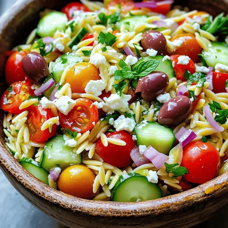 To make a tasty Mediterranean Orzo Salad, gather the following ingredients: - 1 cup orzo pasta - 1 ½ cups cherry tomatoes, halved - ½ cucumber, diced - ½ red onion, finely chopped - ½ cup feta cheese, crumbled - ¼ cup Kalamata olives, pitted and sliced - ¼ cup fresh parsley, chopped - ¼ cup fresh mint, chopped - 3 tablespoons olive oil - 2 tablespoons lemon juice - 1 teaspoon dried oregano - Salt and pepper to taste Using fresh ingredients is key to this salad's bright taste. Fresh veggies like cherry tomatoes and cucumbers add crunch and sweetness. Fresh herbs provide a burst of flavor that dried herbs cannot match. Fresh feta cheese gives a creamy texture that ties everything together. When you use fresh items, your salad will taste vibrant and delicious. Want to boost your salad even more? Consider these add-ins: - Chickpeas: They add protein and fiber. - Bell peppers: They add color and sweetness. - Artichoke hearts: They add a unique flavor. - Grilled chicken or shrimp: They make it heartier and satisfying. Feel free to mix and match based on what you like. Each extra ingredient brings its own taste, making the salad even more special. To cook orzo, start with a pot of salted water. Bring it to a boil. Add 1 cup of orzo pasta to the pot. Cook until it is al dente, as the package suggests. This usually takes about 8 to 10 minutes. When done, drain the orzo. Rinse it under cold water to stop the cooking. This keeps the orzo from getting mushy. Grab a large mixing bowl. In this bowl, combine your chopped veggies. Use 1 ½ cups of halved cherry tomatoes, ½ diced cucumber, and ½ finely chopped red onion. Also, add ¼ cup of sliced Kalamata olives. For a fresh touch, add ¼ cup of chopped parsley and ¼ cup of chopped mint. Mixing these bright veggies will bring life to your salad. Next, let’s make the dressing. In a small bowl, whisk together 3 tablespoons of olive oil, 2 tablespoons of lemon juice, and 1 teaspoon of dried oregano. Season with salt and pepper. This dressing adds zest to the salad. Pour the cooled orzo into the bowl with the veggies. Drizzle the dressing over the mixture. Don’t forget to add ½ cup of crumbled feta cheese for creaminess. Gently toss the salad to combine all the ingredients well. Taste it. If needed, adjust the seasoning with salt or pepper. For the best flavor, let the salad chill in the fridge for about 30 minutes. This helps the flavors mix. When ready to serve, place it in a large bowl. Garnish with extra herbs for a fresh look. Enjoy your vibrant Mediterranean orzo salad! When making Mediterranean Orzo Salad, watch out for overcooking the orzo. If you cook it too long, it becomes mushy. Always check the package for cooking time. Another mistake is not rinsing the orzo after cooking. Rinsing stops the cooking process and keeps it from sticking. Also, don’t forget to taste your salad before serving. You might need more salt or lemon juice. To boost the flavors in your salad, use high-quality olive oil. It adds richness and depth. Fresh herbs like parsley and mint are key for brightness. Chop them finely to release their oils. You can also add a pinch of red pepper flakes for some heat. If you like a tangy taste, try adding a splash of red wine vinegar. Making Mediterranean Orzo Salad ahead of time is easy and smart. Prepare the salad a few hours before your guests arrive. Just keep the dressing separate until serving. This way, the salad stays fresh and crunchy. If you want to prep even earlier, cook the orzo and chop the veggies a day ahead. Store them in the fridge in airtight containers. When it's time to serve, mix everything together and enjoy! {{image_2}} You can change the Mediterranean orzo salad to fit your taste. Try adding roasted red peppers for a sweet touch. Grilled zucchini gives a nice smoky flavor. You could even toss in artichoke hearts for a tangy bite. Each addition makes the salad your own. Want to add more protein? You can mix in grilled chicken or shrimp. These proteins pair well with the fresh flavors. For a different twist, try chickpeas. They add a hearty feel while keeping it light. Just remember to adjust the dressing to match your new ingredients. If you need a vegan option, skip the feta cheese. Use avocado for creaminess instead. For a gluten-free version, swap orzo pasta with quinoa or rice. Both options keep the salad fresh and tasty. These changes make it easy to share with everyone. To keep your Mediterranean Orzo Salad fresh, store it in an airtight container. Make sure to let it cool completely before sealing. This helps avoid moisture buildup. Place the container in the fridge. This will keep the salad crisp and tasty for later. When stored properly, Mediterranean Orzo Salad lasts about 3 to 5 days in the fridge. After that, the veggies may lose their crunch and flavor. Always check for any signs of spoilage before eating leftovers. If it looks or smells off, it’s best to toss it out. If your salad seems dry after a few days, don’t worry! You can easily revive it. Add a splash of olive oil and a squeeze of lemon juice. This will bring back the bright flavors. Toss the salad gently to mix in the dressing. This simple step can make your leftovers taste fresh again! You can use several different pastas. Try small shapes like ditalini, couscous, or even quinoa. These options keep the salad light and fresh. Just remember to adjust cooking times. Yes, you can! This salad tastes great when made a day early. Just store it in the fridge in a sealed container. The flavors blend well overnight. To make it heartier, add proteins like grilled chicken, chickpeas, or shrimp. You can also mix in nuts or seeds for crunch. These additions boost nutrition and flavor. Absolutely! It’s packed with fresh veggies, healthy fats from olive oil, and protein from feta cheese. The mix of ingredients provides vitamins and minerals. This salad is a tasty choice for a balanced meal. In this blog post, we explored how to create a delicious Mediterranean Orzo Salad. We discussed the key ingredients, emphasizing the need for fresh produce. You learned step-by-step instructions for cooking orzo and preparing vegetables. I shared tips to avoid common mistakes and enhance flavor. We also covered storage tips and variations to customize your salad. Now you can make an amazing orzo salad that fits your taste and needs. Enjoy your culinary adventure!