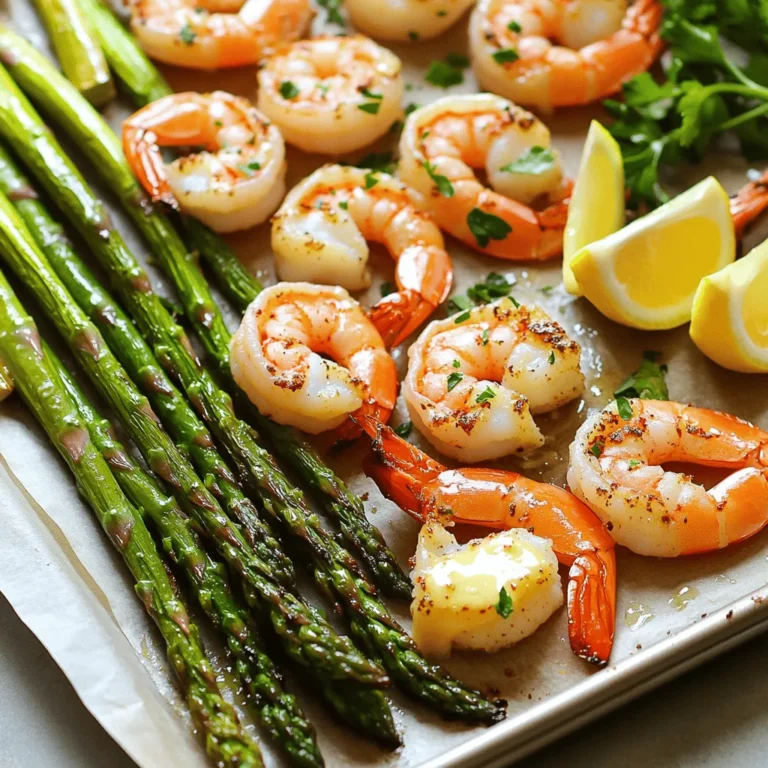 - 1 pound large shrimp, peeled and deveined - 1 bunch asparagus, trimmed and cut into 2-inch pieces - 4 tablespoons unsalted butter, melted - 4 cloves garlic, minced - 1 teaspoon smoked paprika - 1 teaspoon lemon zest - Salt and pepper to taste - 1 tablespoon fresh parsley, chopped (for garnish) - Lemon wedges (for serving) For this dish, the key ingredient is the shrimp. Choose large shrimp for a meaty texture. The asparagus adds a nice crunch. The garlic butter brings rich flavor that makes this dish shine. Smoked paprika gives a hint of warmth, while lemon zest adds brightness. I like to use fresh parsley for the garnish. It adds a pop of color and freshness. Don't forget the lemon wedges! They give a zesty kick when you squeeze them over the shrimp and asparagus. This simple list of ingredients creates a dish that feels fancy but is easy to make. 1. First, preheat your oven to 400°F (200°C). This step is key for even cooking. 2. Next, line a large sheet pan with parchment paper. This makes cleanup quick and easy. 3. In a small bowl, combine the melted butter, minced garlic, smoked paprika, lemon zest, salt, and pepper. Stir everything together until it blends well. 1. Now, place the cleaned shrimp and cut asparagus on your prepared sheet pan. 2. Drizzle half of the garlic butter mixture over the shrimp and asparagus. Toss gently to coat them evenly. 3. Spread the shrimp and asparagus out in a single layer. Avoid overcrowding to ensure they cook evenly. 4. Bake in the preheated oven for 10-12 minutes. The shrimp should turn pink and opaque, and the asparagus should be tender-crisp. 1. Once cooked, remove the pan from the oven. Drizzle the remaining garlic butter mixture over the top. Toss gently to combine. 2. Garnish the dish with freshly chopped parsley. Serve it right away with lemon wedges on the side for extra zest. To cook shrimp just right, look for a pink color. Shrimp should feel firm yet tender. Overcooking makes shrimp rubbery. Keep an eye on the clock; it cooks fast. Aim for 10-12 minutes in the oven. For asparagus, you want to keep that nice crunch. Trim the ends and cut into 2-inch pieces. Spread them out well on the pan. This helps them cook evenly. If you bake them too long, they turn mushy. You want them tender but still bright green. If you don’t have shrimp, try chicken or scallops. Cut them into bite-sized pieces. They cook well with the same garlic butter mix. For asparagus, green beans or broccoli work too. They add a nice crunch and flavor. Want to change the flavor? You can add spices like cayenne for heat or a dash of cumin for warmth. Fresh herbs like thyme or dill also bring new tastes. Play with flavors to find what you love! {{image_2}} You can switch the shrimp for chicken or scallops. Chicken breast works well when cut into cubes. Use the same garlic butter sauce for a tasty flavor. Cook chicken for about 20 minutes or until it's done. Scallops are another great choice. They cook fast and add a sweet taste. Just be careful not to overcook them. Bake scallops for 8 to 10 minutes. Feel free to add more veggies to your dish. Bell peppers, cherry tomatoes, or zucchini pair well with shrimp and asparagus. They add color and nutrients. Just make sure to cut them into similar sizes. This helps everything cook evenly. Toss the extra veggies with the garlic butter for even more flavor. Want to spice things up? Add red chili flakes for some heat. Start with a pinch and adjust to your taste. If you love cheese, sprinkle some grated Parmesan or feta on top. This adds a rich, creamy touch. Mix and match these options for your perfect dish. Store any leftovers in an airtight container. Keep them in the fridge. They stay good for up to three days. Make sure to let the dish cool down first. This helps keep the shrimp and asparagus fresh. To reheat, use your oven or a skillet. Preheat the oven to 350°F (175°C). Place the shrimp and asparagus on a baking sheet. Heat for about 10 minutes. If using a skillet, warm it on low heat. Stir often to avoid burning. This keeps the texture nice and juicy. You can freeze leftovers, but shrimp is best fresh. If you freeze it, use a freezer-safe bag. Remove as much air as possible. This helps prevent freezer burn. To thaw, place it in the fridge overnight. You can also use the microwave, but this may change the texture. How can I tell when shrimp is done? Shrimp cooks quickly. Look for pink color and opaque texture. They usually take 10-12 minutes in the oven. If the shrimp curls into a tight "C," they may be overcooked. Can I make this dish ahead of time? Yes, you can prep this dish in advance. Just keep the shrimp and asparagus in the fridge. Mix the garlic butter and store separately. Bake it all when you are ready to serve. Is this recipe gluten-free? Yes, this recipe is gluten-free. It uses shrimp and fresh veggies. Ensure your butter and spices are gluten-free too. Can I make this low-carb? This dish is low in carbs. Shrimp and asparagus keep it healthy. You can add more low-carb veggies if you like. Do I need to use parchment paper? Using parchment paper makes cleanup easy. It also helps prevent sticking. You can skip it, but I recommend using it for best results. What type of sheet pan is best for this recipe? A large, rimmed sheet pan works best. It allows for even cooking. Use one that can handle high heat without warping. You’ve learned how to cook a tasty shrimp and asparagus dish. We covered the key ingredients, step-by-step instructions, and helpful tips to make it perfect. You can customize this meal with different proteins and veggies, too. Remember, cooking is fun! Don't be afraid to experiment with flavors. Enjoy your meal, and share it with friends for a delightful experience.
