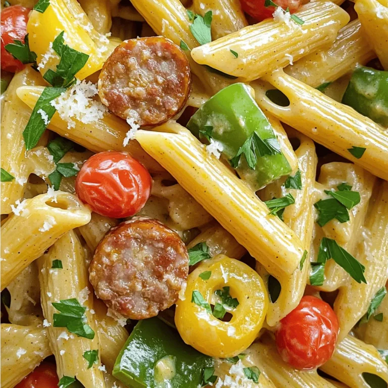 - 12 oz penne pasta - 1 lb smoked sausage (like andouille), sliced - 1 tablespoon olive oil - 1 medium onion, diced - 3 cloves garlic, minced - 1 bell pepper (red or green), diced - 1 cup heavy cream - 1 cup chicken broth - 2 teaspoons Cajun seasoning - 1 cup cherry tomatoes, halved - Salt and pepper to taste - Fresh parsley, chopped (for garnish) - Grated Parmesan cheese (optional) Creamy Cajun sausage pasta comes together with a few simple ingredients. Each one adds flavor and texture. First, we have the penne pasta, which is perfect for holding the sauce. The smoked sausage, like andouille, adds a savory kick. Olive oil is essential for sautéing and adds richness. Next, diced onion and bell pepper bring sweetness and color. Garlic gives a punch of aroma. Heavy cream makes the dish rich and creamy. Chicken broth adds depth. Cajun seasoning brings that unique spice blend, while cherry tomatoes add freshness. Lastly, don't forget salt and pepper to taste. Garnish with fresh parsley for a pop of color. If you like, add grated Parmesan cheese for extra creaminess. These ingredients all work together to make the meal hearty and flavorful. Start by bringing a large pot of salted water to a boil. This step is key to flavoring the pasta. Once the water bubbles, add 12 ounces of penne pasta. Cook it according to the package directions until it is al dente. This usually takes around 10-12 minutes. After that, drain the pasta and set it aside. Next, take a large skillet and heat 1 tablespoon of olive oil over medium heat. Once the oil is hot, add 1 pound of sliced smoked sausage, like andouille. Cook the sausage for about 5-7 minutes until it turns brown and is heated through. This step adds a rich flavor to your dish. Once browned, remove the sausage from the skillet and keep it aside. In the same skillet, add the diced onion and bell pepper. You can use either red or green bell pepper based on your taste. Sauté them for about 5 minutes until they soften. Then, add 3 cloves of minced garlic. Cook the garlic for another minute. This will give your dish a lovely aroma and flavor. Now, pour in 1 cup of chicken broth and stir it with the vegetables. Bring the mixture to a gentle simmer. Then, add 1 cup of heavy cream along with 2 teaspoons of Cajun seasoning. Stir everything until it blends well. Let this simmer for about 3-5 minutes. This thickens the sauce and enhances the flavors. Now it's time to bring everything together. Add the cooked sausage back into the skillet, along with 1 cup of halved cherry tomatoes. Stir until everything is coated with the creamy sauce. Let it bubble for another 2 minutes. Finally, add the cooked penne pasta to the skillet. Toss gently to mix everything well. Make sure the pasta is fully coated with the sauce. Season with salt and pepper to taste. To get the best sauce, you can adjust the thickness with cream. If you want it richer, add more cream. For a lighter sauce, use less cream. Taste the sauce as you go. You can also change the flavor with seasoning. If it’s too plain, add more Cajun seasoning, salt, or pepper. A squeeze of lemon can brighten it up too. Use salted water for boiling the pasta. This helps the pasta get more flavor. It makes a big difference. Add the penne only when the water is boiling. This keeps it from clumping together. Stir the pasta once in a while to keep it loose. Pair your pasta with a fresh salad or garlic bread. A crisp salad adds crunch. Garlic bread adds a nice touch. For drinks, try a light white wine or iced tea. They complement the flavors well. To make your dish look great, sprinkle fresh parsley on top. You can also add grated Parmesan cheese if you like it cheesy. {{image_2}} You can swap out smoked sausage for other meats. Chicken works well in this dish. It adds a nice flavor without overpowering the sauce. Shrimp is another great choice. It cooks quickly and gives a seafood twist to the meal. For a meat-free meal, use plant-based sausage. It provides the same great taste without animal products. You can also add extra vegetables. Try zucchini, spinach, or mushrooms. They enhance the dish and add more nutrients. Adjusting the Cajun seasoning lets you control the heat. Start with less if you are sensitive to spice. You can always add more later. If you like extra heat, chop up jalapeños. They bring a nice kick that pairs well with the creamy sauce. To keep your creamy Cajun sausage pasta fresh, follow these steps: - Refrigeration: Place the leftover pasta in an airtight container. It will stay good for about 3 to 4 days in the fridge. Make sure to let it cool down before sealing the container. - Freezing: If you want to freeze it, put the pasta in a freezer-safe bag. Squeeze out any extra air to prevent freezer burn. It can last up to 3 months. When you're ready to eat it, let it thaw overnight in the fridge. To enjoy your pasta again, reheating properly is key: - Creaminess: When reheating, add a splash of heavy cream or chicken broth. This helps keep the sauce creamy and prevents it from drying out. - Microwave vs Stovetop: The microwave is quick, but the stovetop gives better results. For the stovetop, heat on low. Stir often so it warms evenly. Use a lid to keep the moisture in. If you use the microwave, heat in 30-second intervals, stirring in between. These tips will help you savor every bite of your creamy Cajun sausage pasta! Cajun seasoning is a spice blend that packs a punch. It usually has paprika, cayenne pepper, garlic powder, onion powder, and black pepper. This mix brings warmth and a bit of heat. It gives your dishes that famous Louisiana flavor. You can buy it at stores or make your own at home. Just mix those spices for a tasty kick. Yes, you can easily make this dish gluten-free! Use gluten-free penne pasta instead of regular pasta. There are many great options made from rice, corn, or quinoa. Just cook them as you would regular pasta. This way, everyone can enjoy this creamy Cajun sausage pasta without worry. Creamy Cajun sausage pasta lasts about 3 to 4 days in the fridge. Store it in an airtight container to keep it fresh. If you want to save it longer, you can freeze it for up to 3 months. Just thaw it in the fridge before reheating. This blog post shared a simple recipe for Creamy Cajun Sausage Pasta. We covered ingredients, step-by-step cooking tips, and variations for your taste. Remember to adjust flavors to your liking and try different proteins for fun. Store leftovers well to enjoy later. With these easy steps, you can create a satisfying meal that impresses. Dive in confidently, experiment, and enjoy every bite!