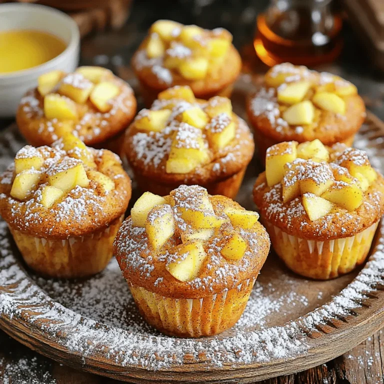 - 2 cups all-purpose flour - 1 cup granulated sugar - 1 tablespoon baking powder - 1 teaspoon baking soda - 1 teaspoon ground cinnamon - ½ teaspoon salt - 1 large egg - ½ cup unsweetened applesauce - ½ cup whole milk (or a non-dairy alternative) - ⅓ cup vegetable oil - 1 teaspoon vanilla extract - 2 cups apples, peeled and diced (preferably Granny Smith) - ¼ cup brown sugar (for topping) - 1 teaspoon ground cinnamon (for topping) Let’s break down each ingredient. First, all-purpose flour is the base. It gives the muffins structure. Granulated sugar adds sweetness. Baking powder and baking soda help the muffins rise. Ground cinnamon brings warmth and flavor. Salt enhances all the other tastes. The egg binds the mix. Applesauce adds moisture. It also gives a subtle apple flavor. Milk or a non-dairy option keeps the batter smooth. Vegetable oil makes muffins tender. Vanilla extract adds depth to the flavor. Diced apples give bursts of fresh taste. I love using Granny Smith apples. They balance the sweetness well. Finally, the brown sugar and cinnamon topping adds a sweet crunch. It’s the perfect finishing touch! This list ensures your muffins are tasty and satisfying. First, preheat your oven to 350°F (175°C). This step is key for even baking. Next, prepare your muffin tin. You can use paper liners or spray them with non-stick cooking spray. This helps the muffins release easily when they are done. In a large bowl, combine the dry ingredients. Whisk together the flour, granulated sugar, baking powder, baking soda, ground cinnamon, and salt. Mixing these well is important for the muffins to rise and taste great. In a separate bowl, beat one large egg. Then add the unsweetened applesauce, whole milk, vegetable oil, and vanilla extract. Mix these together until they are smooth. This blend adds moisture and flavor to your muffins. Now, pour the wet mixture into the bowl with the dry ingredients. Gently fold the mixture together. Be careful not to overmix. Overmixing can make your muffins tough. Once mixed, add in the diced apples and fold them in as well. Take your prepared muffin tin and divide the batter evenly among the cups. Fill each cup about two-thirds full. Then, in a small bowl, mix the brown sugar and additional cinnamon together for the topping. Sprinkle a pinch of this mixture on top of each muffin. Bake the muffins in your preheated oven for 18 to 20 minutes. To check for doneness, insert a toothpick into the center of a muffin. If it comes out clean, they are ready. Once baked, let the muffins cool in the pan for five minutes. Then move them to a wire rack to cool completely. To get the best texture in your muffins, avoid overmixing the batter. When you combine the wet and dry ingredients, stir just until you see no dry flour. Lumps are okay! This helps keep your muffins light and fluffy. If you want a gluten-free version, try using almond flour or a gluten-free blend. For a dairy-free option, switch the milk for almond or oat milk. You can boost the flavor by adding extra spices. Try nutmeg or ginger for a warm kick. You can also mix in some chopped nuts for crunch. When serving, think about fun toppings. A drizzle of honey or maple syrup can take your muffins to another level. You can serve them warm with a sprinkle of powdered sugar on top. Using the right tools makes baking easier. A good muffin tin and silicone liners can help prevent sticking. Always use quality ingredients, like fresh apples and pure vanilla extract. These small choices can make a big difference in taste. {{image_2}} You can easily swap out apples in this recipe. Use any type of apple you like, such as Fuji or Honeycrisp. They offer a sweeter taste. You can also try pears for a different flavor. Pears add a nice softness to the muffins and pair well with cinnamon. Want to make your muffins more exciting? Add nuts like walnuts or pecans. They add a nice crunch. You can also toss in chocolate chips for a sweet touch. Dried fruits like raisins or cranberries work well, too. They bring extra sweetness and a chewy texture. For a fall twist, consider using pumpkin spice. It adds warmth and a cozy flavor to your muffins. In the summer, you can brighten things up with lemon zest. This gives your muffins a fresh and zesty taste that is perfect for warm days. To keep your muffins fresh, store them at room temperature. Use an airtight container to avoid drying out. You can also wrap them in plastic wrap. Place them in a cool, dry spot. Enjoy them within three days for the best taste. For long-term storage, freeze your muffins. Let them cool completely first. Wrap each muffin in plastic wrap, then place them in a freezer bag. Remove as much air as possible from the bag. When ready to eat, reheat them in the oven at 350°F (175°C) for about 10 minutes. You can also use the microwave for quick warming. When stored properly, these muffins last about a week at room temperature. If frozen, they can keep for up to three months. Always check for any signs of spoilage before eating. Enjoy your Cinnamon Apple Muffins any time with these easy storage tips! Yes, you can use whole wheat flour. It will give the muffins a nutty flavor. The texture may change slightly, becoming denser. If you want lighter muffins, mix half whole wheat and half all-purpose flour. To make these muffins vegan, use a flax egg instead of a regular egg. Mix one tablespoon of ground flaxseed with three tablespoons of water. Let it sit for five minutes until it thickens. Swap the whole milk for a non-dairy option like almond or oat milk. If your apples are not ripe, place them in a paper bag. This traps the ethylene gas they emit, helping them ripen faster. Keep them at room temperature for a day or two. Check them daily to see if they are soft enough for baking. Yes, you can use mashed bananas or yogurt as a substitute. Both options keep the muffins moist and tasty. If you use yogurt, pick a plain, non-dairy kind for a vegan option. To check if your muffins are done, insert a toothpick in the center. If it comes out clean, they are ready. If it has wet batter, give them a few more minutes. Keep an eye on them to avoid overbaking. You now have a step-by-step guide to making delicious apple muffins. We covered the key ingredients, mixing techniques, and baking instructions. I shared tips for texture and flavor improvements, along with fun variations. You can even store these muffins easily to enjoy later. With these insights, you can bake tasty muffins that friends and family will love. Happy baking!