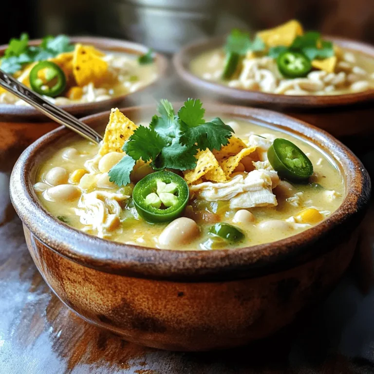 - 2 cups cooked chicken, shredded - 1 can (15 oz) white beans, drained and rinsed - 1 can (4 oz) diced green chiles - 1 medium onion, chopped - 3 cloves garlic, minced - 2 cups chicken broth - 1 cup heavy cream The main ingredients create a rich and creamy base for this chili. The cooked chicken adds protein, while white beans bring fiber. Diced green chiles give it a mild heat and flavor. Onion and garlic add depth, making every bite tasty. Chicken broth keeps it moist, and heavy cream gives it that creamy finish. - 1 teaspoon cumin - 1 teaspoon chili powder - ½ teaspoon oregano - 1 tablespoon olive oil - Salt and pepper to taste - Fresh cilantro, for garnish - Sliced jalapeños, for garnish (optional) - Crumbled tortilla chips, for garnish (optional) Seasonings elevate the dish. Cumin, chili powder, and oregano blend well, creating a warm taste. Olive oil helps sauté the onion and garlic. I always use salt and pepper to balance flavors. Fresh cilantro brightens the chili, while jalapeños and tortilla chips add fun textures. Sautéing the onion and garlic First, take a large pot and add olive oil. Heat it over medium heat. Once hot, toss in the chopped onion. Stir it for about 4-5 minutes until it turns translucent. Next, add the minced garlic. Cook for 1-2 minutes until it smells great. This step builds a strong base for your chili. Adding main ingredients to the pot Now, it’s time to add the fun stuff! Stir in the shredded chicken, drained white beans, and diced green chiles. Pour in the chicken broth. Sprinkle in the cumin, chili powder, and oregano. Mix it all well. Bringing ingredients to a simmer Turn up the heat and bring the mix to a simmer. This is where the flavors start to blend and grow. Let it simmer for 15-20 minutes. Stir occasionally to keep it from sticking to the pot. Incorporating heavy cream and final seasoning After simmering, lower the heat. Now add the heavy cream slowly. Stir it in gently. Let the chili warm through but don’t let it boil. Taste it and add salt and pepper as needed. Presentation tips with garnishes Once done, serve the chili in bowls. I love garnishing with fresh cilantro on top. You can also add sliced jalapeños for heat and crumbled tortilla chips for crunch. This makes your chili look and taste amazing. Enjoy it with warm cornbread on the side! - How to shred chicken efficiently: To shred chicken fast, use two forks. Hold one fork in each hand. Grab a piece of chicken with one fork and pull it apart. This will help you get nice, even shreds in no time. You can also use your hands if the chicken is cool enough to touch. - Importance of simmering time: Simmering is key to blending flavors. It allows all the spices to mix well and lets the chicken soak up the broth. Let your chili simmer for at least 15 minutes. This will give you a rich and hearty dish. - Adding more spices or ingredients: You can spice up your chili by adding more cumin or chili powder. If you like heat, try adding sliced jalapeños or some cayenne pepper. For a twist, add corn or diced bell peppers for extra flavor and texture. - Achieving the best creaminess: To get that rich creaminess, add the heavy cream at the end. Stir it in gently. This keeps the cream from curdling and gives you that smooth texture everyone loves. - Overcooking the cream: When you add cream, keep the heat low. If you boil it, the cream can separate. This changes the texture and look of your chili. Warm it through, then remove it from the heat. - Under-seasoning the chili: Taste your chili before serving. You may need to add more salt or spices. Under-seasoning can make your chili bland. A sprinkle of salt or a dash of pepper can make a big difference. {{image_2}} You can swap chicken for turkey or beans. Turkey gives a lighter taste. It works well if you want a leaner meal. Beans are great for a vegetarian option. They add protein and fiber. Use one can of white beans or two cans for more texture. This makes the chili hearty and filling. Adjust the spice to match your taste. Want more heat? Add extra diced green chiles. You can also try different spices. Smoked paprika or cayenne pepper can add depth. For a milder flavor, reduce the chili powder. Taste as you go to find your perfect mix. Making this chili gluten-free is easy. Ensure your chicken broth is gluten-free. If you want to go dairy-free, try coconut milk instead of heavy cream. It adds creaminess and a subtle sweetness. You can also use almond milk, but it may thin the chili slightly. Always check labels for hidden gluten or dairy. To store your creamy white chicken chili, let it cool first. Pour it into an airtight container. You can keep it in the fridge for up to three days. Make sure to label the container with the date. This helps you track how long it’s been stored. When you’re ready to eat, just scoop out the amount you want. Freezing chili is a great way to save it for later. Use freezer-safe containers or bags. Make sure to leave some space at the top, as the chili will expand when frozen. You can freeze it for up to three months. When you are ready to use it, move it to the fridge to thaw overnight. When you want to enjoy your stored chili, reheat it safely. You can use the stove or microwave. If using the stove, heat it over medium-low heat. Stir it often until hot. For the microwave, place the chili in a bowl and cover it. Heat it in 30-second bursts, stirring in between. Make sure it is hot all the way through before eating. You can use half-and-half or whole milk as a lighter choice. For a dairy-free option, try coconut cream or cashew cream. These alternatives will change the flavor slightly, but they will still give you a creamy texture. Yes, you can make this chili in a slow cooker! Just add all the ingredients except the cream. Cook on low for 6-8 hours or on high for 3-4 hours. Add the cream in the last 30 minutes to keep it rich and creamy. Creamy White Chicken Chili lasts about 3-4 days in the fridge. Store it in an airtight container to keep it fresh. If you want to enjoy it later, consider freezing it instead. This chili has a mild spice level. The diced green chiles add a bit of heat, but it's not overwhelming. If you want more spice, you can add extra jalapeños or chili powder to kick it up a notch. This blog post covered how to make a delicious creamy white chicken chili. We explored main ingredients like chicken, white beans, and spices. I shared tips for cooking and serving. You learned about variations, storage, and common mistakes to avoid. In my view, this chili is easy to make and very tasty. You can customize it to your taste. Enjoy impressing your friends and family with this dish!