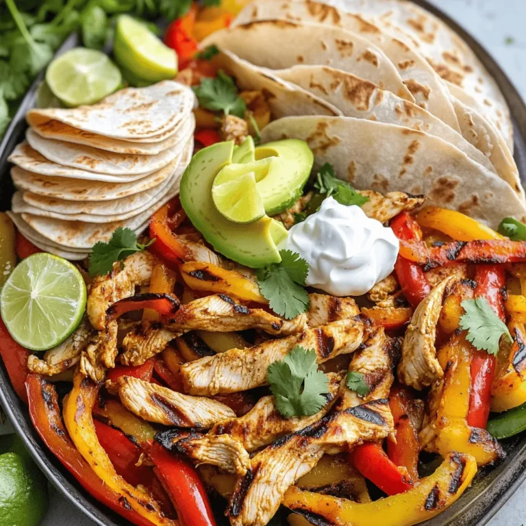 - 1.5 lbs boneless, skinless chicken breasts, sliced into thin strips - 2 red bell peppers, sliced - 2 yellow bell peppers, sliced - 1 large red onion, sliced - 3 tablespoons olive oil - 2 tablespoons fajita seasoning (store-bought or homemade) - Juice of 1 lime - Fresh cilantro, chopped, for garnish - Tortillas, for serving - Avocado, sliced, for serving - Sour cream or Greek yogurt, for serving When I make chicken fajitas, I love to focus on fresh ingredients. The chicken is key. I use boneless, skinless chicken breasts for a tender bite. I slice them into thin strips for even cooking. Bell peppers add vibrant colors and sweet flavors. I like a mix of red and yellow peppers. They not only look great but taste amazing. The red onion adds a nice sweetness and crunch. Olive oil is essential for roasting. It helps the chicken and vegetables get that golden-brown finish. Don't skimp on the seasoning! Fajita seasoning brings all the flavors together. You can buy it or make your own. For a zesty kick, I squeeze fresh lime juice over everything. It brightens the dish. Fresh cilantro is a must for garnish. It adds a fresh taste that balances the dish perfectly. When serving, I enjoy warm tortillas. They wrap around the filling nicely. Slices of avocado bring a creamy texture. A dollop of sour cream or Greek yogurt adds richness. Each bite is a fiesta of flavors! - Preheat your oven to 425°F (220°C). Line a large sheet pan with parchment paper. - In a large mixing bowl, add the sliced chicken, red bell peppers, yellow bell peppers, and red onion. - Drizzle the olive oil over the mixture. Add the fajita seasoning and lime juice. - Toss all the ingredients together. Make sure everything is well coated. - Spread the mixture evenly on the sheet pan. Avoid overcrowding the pan for even cooking. - Bake for 20-25 minutes. Stir halfway through to help with roasting. - Warm the tortillas in the oven or on a skillet. - Fill each tortilla with the chicken and pepper mix. - Top with avocado slices, sour cream or Greek yogurt, and fresh cilantro. To make sure your chicken fajitas cook evenly, space the chicken and veggies well on the sheet pan. If they are too close together, they will steam instead of roast. This can make them soggy. Aim for a single layer. Set your oven to 425°F (220°C) for the best results. Bake for 20 to 25 minutes. Stir the mixture halfway through cooking. This ensures that everything gets nice and golden. You can customize your fajita seasoning to match your taste. Add more chili powder for heat, or some cumin for warmth. You can even mix in garlic powder for a kick. Marinating the chicken can boost the flavor. A simple mix of lime juice and olive oil works great. Let it marinate for at least 30 minutes, or overnight for more flavor. This makes your fajitas even tastier! {{image_2}} You can change things up with different proteins. Instead of chicken, try shredded beef, shrimp, or tofu. Each option offers a new taste. If you want a lighter meal, shrimp cooks fast and has great flavor. Tofu is great for a vegan option and soaks up all the spices. For veggies, switch bell peppers with zucchini, mushrooms, or corn. Zucchini adds a nice crunch and cooks well with the chicken. Mushrooms bring a savory taste and pair nicely with spices. Corn adds sweetness, giving your fajitas a fun twist. If you need gluten-free options, use corn tortillas. They hold the filling well and taste great. You can also serve your fajitas as a salad. Just skip the tortillas and place the chicken and veggies on a bed of greens. Drizzle with lime juice and add avocado for a fresh bite. Both ideas keep your meal fun and tasty while meeting different needs. To store your chicken fajitas, place them in an airtight container. Make sure the chicken and vegetables cool down first. This step helps keep them fresh. Store the container in the refrigerator. Chicken fajitas last about 3 to 4 days in the fridge. If you won’t eat them within this time, freeze them instead. They can stay in the freezer for 2 to 3 months. To reheat your chicken fajitas, use the oven or a skillet. For the oven, preheat it to 350°F (175°C). Spread the fajitas on a baking sheet and cover with foil. Heat for about 10 to 15 minutes. This method keeps the chicken juicy. In a skillet, heat over medium heat. Stir often, and add a splash of water if needed. This helps keep the vegetables crisp. Avoid using the microwave, as it may make the fajitas soggy. How do I make homemade fajita seasoning? To make homemade fajita seasoning, mix these spices: - 1 tablespoon chili powder - 1 teaspoon cumin - 1 teaspoon garlic powder - 1 teaspoon onion powder - 1 teaspoon smoked paprika - ½ teaspoon salt - ½ teaspoon black pepper This blend gives your fajitas a great kick! Can I make this recipe in advance? Yes, you can! Prepare the chicken and veggies ahead of time. Store them in the fridge for up to 24 hours. When ready, just bake them. This saves time on busy nights! What sides pair well with chicken fajitas? Here are some tasty side options: - Mexican rice - Refried beans - Corn salad - Chips and salsa These sides complement the fajitas nicely. Can I use frozen chicken for this recipe? You can use frozen chicken, but it's best to thaw it first. Frozen chicken can cook unevenly. Thaw it overnight in the fridge for perfect results. How do I know when the chicken is fully cooked? The chicken is done when it reaches 165°F (75°C) inside. Use a meat thermometer to check. The chicken should also be white and no longer pink. This ensures it’s safe to eat. To make tasty chicken fajitas, I shared key ingredients and easy steps. You learned about preparation, cooking, and serving. Adding tips on flavor and storage can enhance your meal. Remember, you can use different proteins and veggies for fun variations. Feel free to get creative with your fajitas! Enjoy each bite and make it your own. Happy cooking!