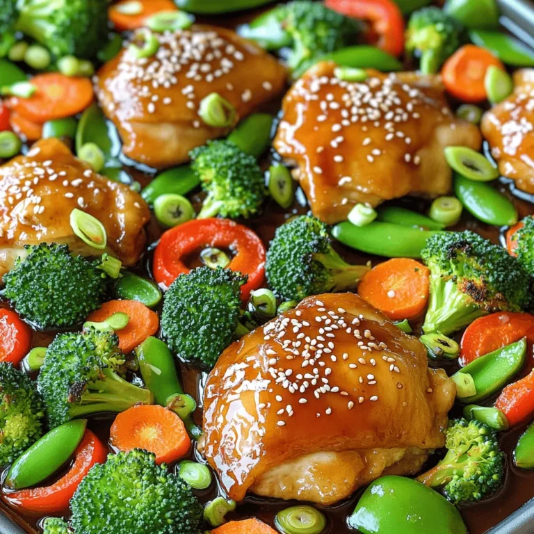- 1.5 lbs chicken thighs, boneless and skinless - 1 cup teriyaki sauce (store-bought or homemade) - 2 cups broccoli florets - 1 red bell pepper, sliced - 1 cup snap peas - 1 medium carrot, sliced thinly - 2 tablespoons olive oil - 1 teaspoon fresh ginger, minced - 3 cloves garlic, minced - 1 tablespoon sesame seeds, for garnish - Green onions, sliced, for garnish - Salt and pepper to taste - You can add mushrooms for extra flavor. - Try adding zucchini for a different texture. - Pineapple chunks can add a sweet touch. - A large mixing bowl for marinating. - A zip-top bag or shallow dish for marinating chicken. - A large baking sheet lined with parchment paper. - A sharp knife and cutting board for prepping veggies. - A measuring cup for the teriyaki sauce. First, gather your ingredients. You need chicken thighs, teriyaki sauce, and fresh veggies. For this recipe, I love using broccoli, red bell pepper, snap peas, and carrots. They add color and crunch! Next, you need to marinate the chicken. In a bowl, mix the teriyaki sauce, minced ginger, and minced garlic. This step brings out great flavors. Place the chicken thighs in a bag or dish. Pour half of the sauce over the chicken. Let it marinate for at least 30 minutes. You can even marinate overnight for more flavor. While the chicken marinates, prepare the veggies. In another bowl, toss the broccoli, bell pepper, snap peas, and carrots with olive oil. Add some salt and pepper to taste. This adds flavor to your veggies. Now, it’s time to bake! Preheat your oven to 425°F (220°C). Line a large baking sheet with parchment paper. This helps with easy cleanup later. Place the marinated chicken in the center of the sheet. Spread the veggies around the chicken. Drizzle the remaining teriyaki sauce over the chicken and veggies. This adds even more flavor. Bake in the preheated oven for 25 to 30 minutes. Stir everything halfway through to ensure even cooking. The chicken should be cooked through and the veggies tender. Once cooked, take the pan out of the oven. Let it rest for 5 minutes. This helps keep the chicken juicy. Before serving, sprinkle sesame seeds and sliced green onions on top. They make the dish look pretty and add a nice crunch. Serve this meal warm. It pairs well with rice or noodles if you want. Enjoy your delightful sheet-pan teriyaki chicken and veggies! For the best flavor, marinate the chicken for at least 30 minutes. If you can, let it sit overnight. This lets the teriyaki sauce soak into the meat. You can use a zip-top bag or a shallow dish. Make sure the chicken is well-coated. Add a pinch of salt and pepper for extra taste. You can change up the veggies based on what you like. Instead of broccoli, try Brussels sprouts or green beans. If you want more color, use yellow bell pepper instead of red. Zucchini or squash can work well, too. Just remember to cut them into similar sizes for even cooking. Cooking time can change based on your oven and the size of the chicken pieces. If you use chicken breasts, they may need a few extra minutes. Always check if the chicken is fully cooked. It should reach 165°F (74°C). For softer veggies, cook them a bit longer. Just stir halfway through to ensure even cooking. {{image_2}} You can switch the chicken thighs for other proteins. Chicken breast is a leaner choice. It cooks well and stays juicy with teriyaki sauce. Salmon is another great option. It adds a rich flavor and cooks quickly. If you prefer plant-based proteins, try tofu. Firm tofu absorbs the sauce nicely and gives a satisfying bite. Just be sure to press out extra moisture before marinating. While teriyaki is a classic, you can explore other sauces. Hoisin sauce adds a sweet and savory twist. You can also use a sweet chili sauce for a spicy kick. For a tangy flavor, try orange or sesame sauce. This keeps the dish fresh and exciting. Feel free to mix sauces for a unique blend. Just remember to adjust the seasoning as needed. Using seasonal vegetables makes your meal more vibrant. In spring, add asparagus or peas for a fresh taste. Summer veggies like zucchini and corn bring a sweet crunch. In fall, try Brussels sprouts or butternut squash for a hearty feel. Winter can include root vegetables like sweet potatoes and parsnips. Each season offers unique flavors to enhance your dish. Always pick what’s fresh for the best taste. To keep your sheet-pan teriyaki chicken and veggies fresh, let them cool first. Place the leftovers in an airtight container. You can store this meal in the fridge for up to four days. If you want to save it longer, consider freezing it. When you’re ready to eat, reheat the dish in the oven. Preheat it to 350°F (175°C). Place the chicken and veggies on a baking sheet. Cover with foil to keep moisture in. Heat for about 15-20 minutes, or until warm. You can also use the microwave. Heat for 1-2 minutes, stirring halfway through. Freezing is a great option for this dish. Use a freezer-safe container or a heavy-duty zip-top bag. Make sure to remove as much air as possible. Label the bag with the date so you remember when you made it. It will keep well for up to three months. When you’re ready, thaw it overnight in the fridge before reheating. Yes, you can use chicken breast instead of thighs. Chicken breast is leaner and cooks faster. It may not be as juicy, but it will still taste great. Just watch the cooking time. Cook until the chicken reaches 165°F to ensure it is safe to eat. You can make teriyaki sauce with simple ingredients. Mix soy sauce, honey, ginger, and garlic in a bowl. Combine: - 1 cup soy sauce - 1/2 cup honey - 2 tablespoons minced ginger - 2 cloves minced garlic - 1 tablespoon cornstarch mixed with 2 tablespoons water for thickening Heat the mix in a saucepan until it simmers. Stir until it thickens, then cool before use. Teriyaki chicken pairs well with many sides. Here are some tasty options: - Steamed rice or jasmine rice - Quinoa for a healthy twist - Fried rice for extra flavor - A simple salad with a light dressing - Roasted sweet potatoes for sweetness These sides balance the savory flavor of the chicken and veggies. Enjoy experimenting to find your favorite! This post covered essential ingredients for teriyaki chicken and optional additions for flavor. It included clear steps for preparation, baking, and serving suggestions. I shared tips for marinade and cooking times, along with variations using different proteins and sauces. Lastly, I explained how to store and reheat leftovers. With this knowledge, you can create a delicious meal at home. Enjoy experimenting with flavors and serving it your way!