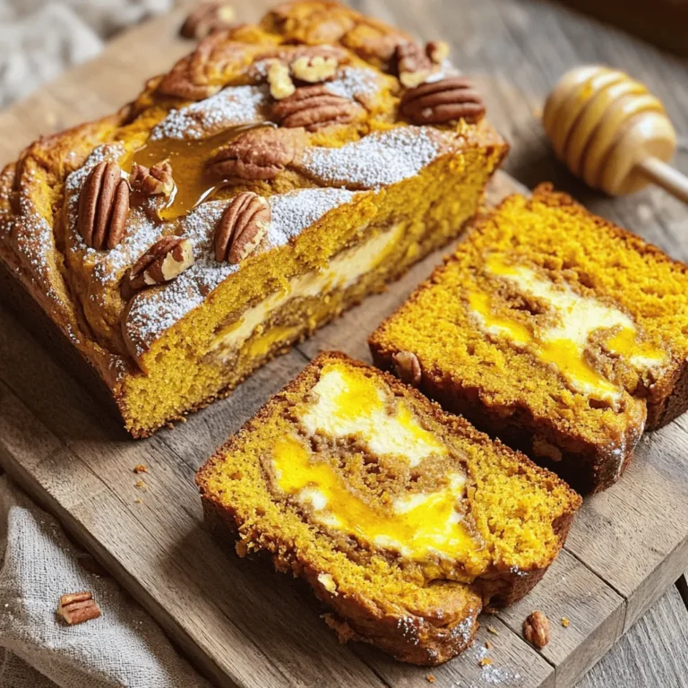 To make this tasty Pumpkin Cream Cheese Swirl Bread, gather these ingredients: - 1 ½ cups all-purpose flour - 1 tsp baking soda - ½ tsp baking powder - ½ tsp salt - 1 tsp ground cinnamon - ½ tsp ground nutmeg - ¼ tsp ground ginger - ½ cup granulated sugar - ½ cup packed brown sugar - ½ cup vegetable oil - 2 large eggs - 1 cup canned pumpkin puree - 1 tsp vanilla extract - 8 oz cream cheese, softened - ¼ cup powdered sugar - 1 tsp vanilla extract (for cream cheese mixture) - ½ cup chopped pecans or walnuts (optional) You can change some ingredients to fit your needs: - Use whole wheat flour for a healthier choice. - Swap vegetable oil for melted coconut oil. - Replace granulated sugar with coconut sugar for a lower glycemic index. - For a dairy-free option, try vegan cream cheese. - If you don't like nuts, leave them out or use chocolate chips instead. Always pick fresh, high-quality ingredients for the best flavor: - Use pure pumpkin puree, not pumpkin pie filling. - Check the dates on spices; fresh spices give better taste. - Choose organic eggs for richer flavor and better texture. - When buying cream cheese, look for brands with minimal additives. - Fresh nuts should smell nutty and not stale; choose wisely! 1. Start by preheating your oven to 350°F (175°C). Grease a 9x5 inch loaf pan. This step helps your bread come out easily. 2. In a medium bowl, whisk together: - 1 ½ cups all-purpose flour - 1 tsp baking soda - ½ tsp baking powder - ½ tsp salt - 1 tsp ground cinnamon - ½ tsp ground nutmeg - ¼ tsp ground ginger Set this bowl aside. 3. In a large bowl, mix: - ½ cup granulated sugar - ½ cup packed brown sugar - ½ cup vegetable oil Stir these together well. 4. Add to the large bowl: - 2 large eggs - 1 cup canned pumpkin puree - 1 tsp vanilla extract Mix until everything is smooth. 5. Slowly add the dry mix to the wet one. Stir gently. Do not overmix, or your bread may be tough. 6. In another bowl, beat together: - 8 oz cream cheese, softened - ¼ cup powdered sugar - 1 tsp vanilla extract Keep mixing until it is creamy and smooth. 7. Pour half of the pumpkin batter into the loaf pan. 8. Dollop half of the cream cheese mix on top. 9. Use a knife to swirl the two together gently. This creates a nice marbled look. 10. Add the rest of the pumpkin batter on top. 11. Spoon the remaining cream cheese mixture on top. Swirl gently again. 12. If you want, sprinkle with: - ½ cup chopped pecans or walnuts This adds crunch and flavor. To get that perfect swirl, use a knife. Dip it into the batter and cream cheese mix. Move it gently back and forth. Avoid stirring too much. You want to see both the pumpkin and cream cheese. This way, each slice will have a beautiful pattern. The swirls should look like waves, not just mixed. This adds both beauty and flavor to your bread. Enjoy your baking journey! To make your pumpkin cream cheese swirl bread moist, use fresh ingredients. Make sure your canned pumpkin is not expired. It should be smooth and thick. When mixing, avoid overmixing. This helps keep the air in the batter. The air gives your bread a light texture. Adding oil also helps keep it moist. You can use vegetable oil or melted coconut oil. One common mistake is not measuring ingredients correctly. Use measuring cups and spoons for accuracy. Another mistake is skipping the cream cheese mixture. This gives your bread a rich flavor. Also, remember to swirl gently. If you mix too hard, the layers will blend too much. Lastly, always check your oven temperature. An oven that is too hot can burn the bread. Serve your pumpkin cream cheese swirl bread warm. It tastes great with butter or cream cheese spread. You can also drizzle honey or maple syrup on top. For a festive touch, dust with powdered sugar. Pair it with a hot drink like coffee or tea for a cozy treat. This bread is great for breakfast or dessert! {{image_2}} You can mix up the flavors in your pumpkin cream cheese swirl bread. Try adding chocolate for a tasty twist. Just fold in half a cup of mini chocolate chips into the batter. You can also add more spices. A dash of allspice or cloves can give it a warm kick. If you like the taste of vanilla, add an extra splash to the cream cheese mix. This bread can be a fun way to explore different flavors! If you need gluten-free bread, swap the all-purpose flour for a gluten-free mix. Many brands work well in this recipe. For a vegan option, replace the eggs with flax eggs. To make a flax egg, mix 1 tablespoon of ground flaxseed with 2.5 tablespoons of water, and let it sit for a few minutes. You can also use a plant-based cream cheese. These simple swaps can help everyone enjoy this treat! Adding ingredients can make the bread even better. Chopped nuts like pecans or walnuts give a nice crunch. If you love chocolate, mix in some dark or white chocolate chips. You can also add dried fruit, like cranberries, for a sweet surprise. Just be sure to adjust the sugar if you add sweet items. These add-ins can make your bread unique and fun to share! To keep your pumpkin cream cheese swirl bread fresh, wrap it tightly in plastic wrap. This helps keep moisture in and prevents it from drying out. You can also use a resealable plastic bag. Store it at room temperature for up to three days. If you want to keep it longer, the fridge is a good option. Just remember to wrap it well. Freezing is a great way to save your bread for later. First, let the bread cool completely. Then, wrap it in plastic wrap, followed by aluminum foil. This double wrap helps prevent freezer burn. You can freeze it for up to three months. When you are ready to eat it, just thaw it in the fridge overnight. To reheat your pumpkin cream cheese swirl bread, slice it into pieces. Place the slices in a toaster or toaster oven for a few minutes. This will warm the bread and make it tasty again. If you prefer, you can also use a microwave. Heat the slices for about 15 to 20 seconds. Just be careful not to overheat it, or it may get tough. Enjoy your delicious bread warm! Yes, you can use fresh pumpkin. You need to cook and mash it first. Cut the pumpkin into small pieces. Boil or steam them until soft. Once cool, mash them well. Make sure it's smooth and not too watery. This gives your bread a fresh taste. Check the bread at about 55 minutes. Insert a toothpick in the center. If it comes out clean, the bread is ready. If it has batter on it, bake for a few more minutes. Keep an eye on it to avoid overbaking. If your bread is too dense, it may be from overmixing. Mix the wet and dry ingredients just until combined. Also, check your baking soda and baking powder. Make sure they are fresh. If they are old, they might not rise well. Adding a bit more liquid can also help. This blog shared key details for baking delicious bread. We covered ingredients, substitutions, and tips for quality. The step-by-step instructions guide you through preparation and baking. You learned tricks for moist bread and common mistakes to avoid. Variations let you explore new flavors and dietary needs. Finally, storage tips help you keep bread fresh. I hope you feel ready to bake your best bread yet. Enjoy your kitchen adventures!