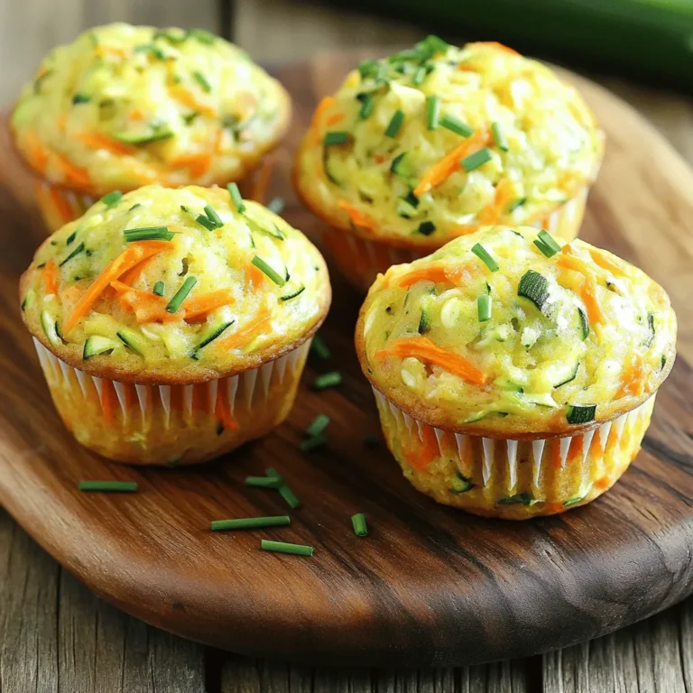 - 1 cup whole wheat flour - 1/2 cup rolled oats - 1 teaspoon baking powder - 1/2 teaspoon baking soda These ingredients form the base of our muffins. Whole wheat flour adds fiber and nutrients. Rolled oats provide a hearty texture. Baking powder and soda help the muffins rise, making them fluffy. - 1/2 cup grated zucchini - 1/2 cup shredded carrots - 1/4 cup finely chopped red bell pepper - 1/4 cup finely chopped spinach Adding veggies boosts flavor and nutrition. Grated zucchini keeps muffins moist. Shredded carrots add sweetness. Red bell pepper brings a nice crunch, while spinach adds color and iron. - 2 large eggs - 1/2 cup Greek yogurt - 1/4 cup milk (dairy or plant-based) - 1/4 cup olive oil - 1 teaspoon garlic powder - 1/4 cup grated cheese (optional) Eggs bind the mixture together. Greek yogurt makes the muffins creamy. Milk adds moisture, and olive oil keeps them tender. Garlic powder gives a savory kick. If you want, sprinkle in cheese for extra flavor. - Preheat oven to 350°F (175°C). - Prepare muffin tin with liners or cooking spray. - In a large bowl, combine 1 cup whole wheat flour, 1/2 cup rolled oats, 1 teaspoon baking powder, 1/2 teaspoon baking soda, 1/2 teaspoon salt, 1/4 teaspoon black pepper, and 1 teaspoon garlic powder. Mix well until everything blends. - In another bowl, beat 2 large eggs. - Mix in 1/2 cup Greek yogurt, 1/4 cup milk, and 1/4 cup olive oil. Stir until smooth. - Gently fold in 1/2 cup grated zucchini, 1/2 cup shredded carrots, 1/4 cup finely chopped red bell pepper, and 1/4 cup finely chopped spinach into the wet mixture. - Pour the wet mixture into the dry mixture. Stir gently until just combined. Avoid over-mixing. - Divide the batter evenly among the muffin cups, filling them about 3/4 full. - Bake in the preheated oven for 20-25 minutes. Use a toothpick to check doneness. It should come out clean. - Let the muffins cool in the pan for 5 minutes. - Transfer them to a wire rack to cool completely. For an appealing look, serve warm or at room temperature on a platter. Garnish with fresh herbs for color. Enjoy them with cream cheese or hummus. To make great muffins, avoid over-mixing the batter. When you mix too much, muffins can become tough. Stir just until the wet and dry ingredients combine. Measuring ingredients properly is key. Use dry measuring cups for flour and oats. Spoon the flour into the cup and level it off with a knife. This way, you get the right amount. Add herbs or spices to boost flavor. Try mixing in some chopped fresh basil or a pinch of paprika. These small changes can make a big difference. You can also add different cheeses. Cheddar or feta can add richness. Just fold in the cheese after mixing the wet and dry ingredients. Balancing wet and dry ingredients is vital. The right ratio keeps your muffins from being dry or soggy. Make sure you measure your yogurt, milk, and oil carefully. Using different oils can impact flavor and texture too. Olive oil is a great choice for a fruity taste. You can also try avocado oil for a lighter flavor. {{image_2}} You can switch up the veggies for fun! Using kale instead of spinach adds a nice twist. Kale has a strong taste and packs in nutrients. You can also try sweet potatoes or butternut squash. Both add a sweet flavor and extra fiber. Just grate or mash them before adding. If you need a gluten-free option, it’s easy! Simply swap the whole wheat flour with gluten-free flour. This change keeps your muffins soft while making them safe for those with gluten allergies. Just make sure the gluten-free flour blends well with the other ingredients. Want to make your muffins a bit sweeter? You can add fruits like bananas or blueberries. They bring natural sweetness and moisture. You can also use maple syrup or honey to sweeten the muffins. These options are great for adding flavor without refined sugar. Just adjust the other liquids to balance it out. To keep your veggie packed breakfast muffins fresh, place them in the fridge. Use an airtight container to prevent moisture loss. Wrap each muffin in plastic wrap first for extra protection. This method will keep them tasty for up to a week. To freeze muffins, let them cool completely. Then, wrap each muffin in plastic wrap. Place them in a freezer-safe bag or container. This keeps them fresh for about three months. To thaw, simply take one out and leave it on the counter. For a warm muffin, microwave it for 15-20 seconds. These muffins stay fresh for about five days in the fridge. If you freeze them, they last about three months. Always check for signs of spoilage, like a change in smell or texture, before eating. Enjoy your muffins while they are at their best! Yes, you can make these muffins ahead of time. Store them in an airtight container. They stay fresh for about 3-4 days. For longer storage, freeze them. Wrap each muffin in plastic wrap. Place them in a freezer-safe bag. To reheat, simply microwave for 20-30 seconds. You can also warm them in the oven at 350°F (175°C) for about 10 minutes. Absolutely! If you don’t have Greek yogurt, you can use regular yogurt or sour cream. Applesauce is another great choice. It adds moisture and a bit of sweetness. You could also use silken tofu for a dairy-free option. Just blend it until smooth. Each of these options will keep your muffins moist and tasty. To keep your muffins from getting soggy, make sure to squeeze out excess moisture from the veggies. Grated zucchini and spinach can hold water. Use a clean kitchen towel to help with this. Also, don’t over-mix the batter. Mix just until combined. Finally, bake your muffins until golden brown. This will help them stay fluffy and light. You can tell if your muffins are done by checking the tops. They should be golden brown and spring back when touched. For a more precise test, insert a toothpick into the center of a muffin. If it comes out clean or with just a few crumbs, they are ready. If it has wet batter, bake a few more minutes. These veggie-packed breakfast muffins are simple and full of flavor. You learned how to mix essential dry and wet ingredients, fold in fresh vegetables, and bake them to perfection. I shared tips to avoid common mistakes and enhance taste. You also explored tasty variations and got smart storage tips. Making these muffins can support your health and offer quick breakfasts. With a little practice, they can become a family favorite. Enjoy your baking adventure!