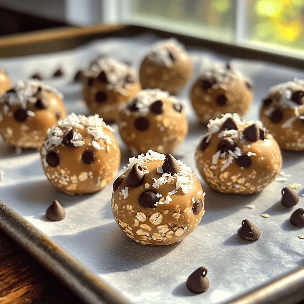 - 1 cup creamy peanut butter - 1 cup rolled oats - 1/2 cup honey (or maple syrup for a vegan option) - 1/2 cup mini chocolate chips - 1 teaspoon vanilla extract - 1/4 teaspoon salt - 1/4 cup shredded coconut or chopped nuts - Mixing bowl - Baking sheet - Parchment paper The main ingredients in these No-Bake Peanut Butter Chocolate Chip Bites are simple and easy to find. Creamy peanut butter gives a rich flavor and smooth texture. Rolled oats add healthy fiber and help bind the bites together. Honey or maple syrup brings sweetness and moisture, making each bite delightful. Mini chocolate chips add a pop of chocolatey goodness that everyone loves. You can also add optional ingredients to boost flavor or texture. A teaspoon of vanilla extract gives a warm note. A pinch of salt balances the sweetness perfectly. Shredded coconut or chopped nuts can introduce crunch and extra flavor. Feel free to mix and match based on what you have available! For equipment, a large mixing bowl makes combining easy. A baking sheet lined with parchment paper helps with cleanup. You can use any flat surface for chilling the bites, as long as it's clean and flat. These ingredients and tools make the whole process quick and fun! Start by taking a large mixing bowl. Combine 1 cup of creamy peanut butter and 1/2 cup of honey. If you prefer, you can use maple syrup instead of honey for a vegan option. Mix these together until the blend is smooth. Next, add 1 teaspoon of vanilla extract and 1/4 teaspoon of salt. Stir well until everything is mixed and well combined. Now, it's time to add 1 cup of rolled oats to the peanut butter mix. Gradually stir in the oats until they are fully incorporated. This step is key to achieving the right texture. Once the oats are mixed in, fold in 1/2 cup of mini chocolate chips. If you'd like to add more texture, include 1/4 cup of shredded coconut or chopped nuts at this stage. These optional ingredients can really enhance the flavor. After mixing, it’s time to shape the bites. Use your hands to form small balls about 1 inch in diameter. Place these on a parchment-lined baking sheet. Once all the mixture is shaped into bites, put the baking sheet in the refrigerator. Chill for at least 30 minutes. This step helps the bites firm up, making them easier to handle and eat. Enjoy your tasty creation! To make your No-Bake Peanut Butter Chocolate Chip Bites just right, focus on sweetness. You can adjust it by changing the amount of honey or maple syrup. If you want a sweeter treat, add a bit more. If you prefer less, reduce it. This small change can really impact the taste. Make sure the mixture is firm enough to hold its shape. If it feels too soft, it might not form well into bites. You can add a bit more oats to thicken it. This way, you get that perfect, bite-sized ball. When it’s time to serve, think about how you present these bites. Use decorative jars for a fun look. You can also arrange them on a platter for a nice display. For an extra touch, drizzle some melted chocolate on top. It adds a rich flavor and a pretty look. You might even sprinkle more mini chocolate chips or shredded coconut on top for decoration. This makes them even more tempting. Feel free to get creative with your bites! You can try different add-ins like nuts, seeds, or dried fruit. Chopped almonds or sunflower seeds can add a nice crunch. Want to change the flavor? Use flavored peanut butter, like chocolate or honey. This gives your bites a fun twist that everyone will enjoy. {{image_2}} If you need a nut-free option, simply swap out the peanut butter for sunflower seed butter. This change keeps the bites creamy and delicious without any nuts. Sunflower seed butter has a mild flavor that blends well with chocolate. Plus, it still provides healthy fats and protein. For those following a vegan diet, you can easily modify the recipe. Replace the honey with maple syrup. This swap adds a lovely sweetness without any animal products. Also, choose dairy-free chocolate chips to keep the bites fully vegan. You won’t miss the dairy at all! Want to spice things up? Consider adding cinnamon or nutmeg to your mix. A teaspoon of cinnamon adds warmth and depth. Nutmeg gives a cozy, holiday feel. Both spices enhance the flavor and make your bites unique. You can also get creative with other spices you love! To keep your No-Bake Peanut Butter Chocolate Chip Bites fresh, place them in an airtight container. This will help preserve their taste and texture. Storing them in the refrigerator is key for optimal freshness. You can enjoy these bites for up to one week. After that, they may lose their delightful flavor and texture. I recommend making smaller batches if you worry about them lasting too long. To freeze the bites, first, prepare them as per the recipe. Next, lay them out in a single layer on a baking sheet. Once frozen, transfer them to a container. This method helps keep them from sticking together. It takes 15 minutes to prep and 30 minutes to chill. You can whip these up quickly. The chilling time helps the bites firm up nicely. Yes, you can use crunchy peanut butter! It gives a fun texture. Just make sure it binds well with the oats and other ingredients. Absolutely! These bites are a healthy snack option for kids. They are fun to eat and packed with good ingredients. Kids love the chocolate chips, too! You learned how to make simple, no-bake peanut butter bites. With just a few easy steps, you can whip up a tasty snack. Feel free to customize with your favorite add-ins. Remember to store them in an airtight container for freshness. These bites are not just easy—they’re fun for everyone. Whether for kids or adults, they make a great treat. Get creative and enjoy making these bites your own!