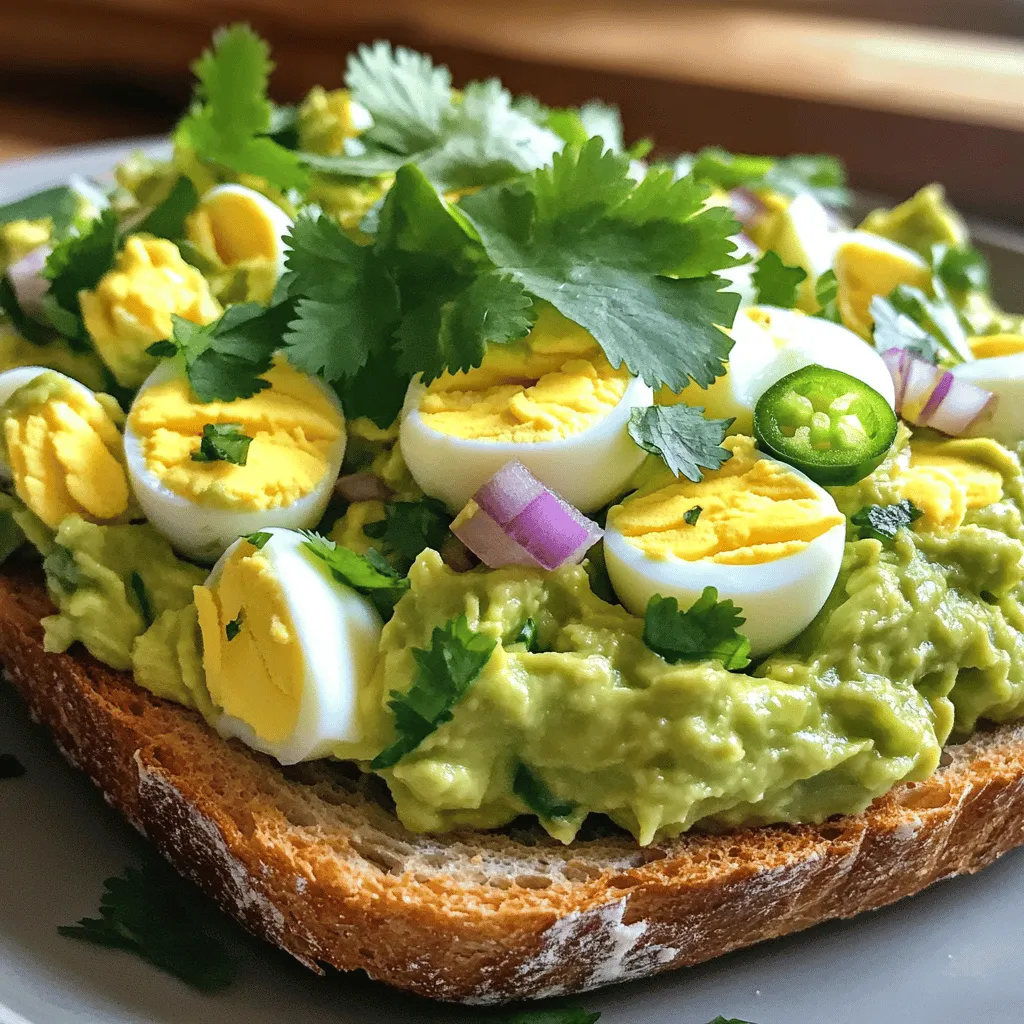- 4 large eggs - 1 ripe avocado - 1 tablespoon Dijon mustard - 1 tablespoon plain Greek yogurt - 1 tablespoon lime juice - 1 small red onion, finely chopped - 1 small jalapeño, deseeded and minced - Salt and pepper to taste - Fresh cilantro leaves, chopped - Whole grain bread or lettuce leaves for serving This zesty avocado egg salad combines rich flavors and bright colors. Each ingredient plays a key role in creating depth and freshness. The eggs bring protein and creaminess, while the avocado adds a buttery texture. Dijon mustard offers a tangy bite, and the Greek yogurt keeps it light and smooth. Lime juice brightens the dish, adding a splash of freshness. Red onion brings a mild sweetness and crunch. The jalapeño adds a hint of heat, which you can adjust based on your taste. Lastly, fresh cilantro gives a herbaceous note that ties everything together. Use whole grain bread for a filling sandwich or serve it on crisp lettuce leaves for a lighter option. Each bite delivers a burst of flavor that you will love! - Place 4 large eggs in a pot and cover with cold water. - Bring the water to a boil, then reduce heat and simmer for 9-10 minutes. - After boiling, cool the eggs in an ice bath for easy peeling. - Once cool, chop the eggs into small pieces. - In a bowl, mash 1 ripe avocado until creamy. - Mix in 1 tablespoon of Dijon mustard, 1 tablespoon of plain Greek yogurt, and 1 tablespoon of lime juice. - Gently fold the chopped eggs into the avocado mixture. - Add 1 small finely chopped red onion and 1 small minced jalapeño. - Season with salt and pepper to taste. Adjust lime juice for more zest if you like. To get perfect hard-boiled eggs, start with fresh eggs. Place them in a pot and cover with cold water. Bring the water to a boil. When it boils, reduce the heat and let them simmer for 9-10 minutes. After cooking, move the eggs to an ice bath. This cools them quickly and makes peeling easier. Let them sit in the ice bath for at least 5 minutes. If you like heat, use jalapeño. For a milder flavor, use a sweet bell pepper instead. You can also try other peppers like poblano or banana peppers. Just remember to remove the seeds if you want less spice. Start with a small amount and taste as you go. This way, you can find your perfect spice level. Want to take your egg salad up a notch? Add fresh herbs like dill or parsley. Chives also work well for a light onion flavor. A pinch of smoked paprika can add a nice depth too. If you like tang, try adding a splash of apple cider vinegar. These small changes make a big difference in flavor! {{image_2}} You can switch up the protein in this dish. Try adding cooked chicken for a heartier meal. Chickpeas can add a nice texture and boost plant-based protein. If you want a vegan option, tofu works well too. Just crumble it before mixing. Each choice gives you a new flavor experience. To make this salad vegan, swap the eggs and dairy. Use mashed chickpeas instead of eggs. For creaminess, try avocado or a vegan yogurt. Lime juice adds the needed tang. Be sure to season well, as flavor is key in this vegan version. Want to mix it up? Add different dressings or spices. Smoked paprika offers a warm, rich flavor. You can also use garlic powder for a savory kick. Experiment with fresh herbs like dill or parsley for added freshness. Each tweak creates a unique twist on the classic salad. To store your Zesty Avocado Egg Salad, place it in an airtight container. This keeps it fresh and prevents odors from other foods. Try to finish it within three days for the best taste. If you have leftovers, always remember to cover the salad with plastic wrap or a lid. This helps keep it from browning, especially the avocado. Freezing avocado egg salad isn't the best option, but it can work. If you choose to freeze it, use a freezer-safe container. Leave some space at the top because it may expand. When you're ready to eat it, thaw the salad in the fridge overnight. After thawing, mix it well before serving. You might want to add a bit more lime juice to freshen the taste. In the fridge, the salad lasts about three days. After that, the flavors change, and the avocado may brown. If you notice any off smells or colors, it's best to toss it out. Enjoy your salad when it's fresh for the brightest flavors. Yes, you can make Zesty Avocado Egg Salad ahead of time. First, prepare it as directed. After mixing, store it in an airtight container. This keeps it fresh in the fridge for up to two days. If you want it extra fresh, add the avocado just before serving. This prevents browning. Zesty Avocado Egg Salad pairs well with many sides. Here are some great options: - Whole grain bread for sandwiches - Lettuce leaves for a lighter option - Fresh veggies like carrots and cucumbers - Chips for a crunchy contrast - A green salad for more color and crunch To make more servings, simply scale the ingredients up. For example, double the eggs and avocado for eight servings. Keep the same ratio for the other ingredients. This ensures the taste stays balanced. If you are unsure, start with small increments. Taste as you go for the best outcome. This blog post shared how to make a tasty Zesty Avocado Egg Salad. You learned the key ingredients, simple steps, and helpful tips to perfect your dish. We also discussed fun variations and storage tips to keep your salad fresh. In conclusion, this recipe is easy to customize and great for meals. Try it today and enjoy a delicious, healthy treat!