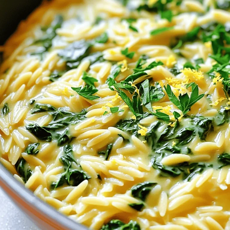 - 1 cup orzo pasta - 2 cups vegetable broth - 1 cup fresh spinach, chopped - 1 cup heavy cream - 1 cup grated Parmesan cheese - 2 tablespoons olive oil - 1 tablespoon butter - 1 garlic clove, minced - Salt and pepper to taste - Zest of 1 lemon - Fresh parsley for garnish The ingredients for Creamy Spinach Parmesan Orzo make this dish rich and tasty. First, the orzo pasta is small and cooks quickly. It gives a nice texture to the meal. The vegetable broth adds flavor to the orzo as it cooks. Fresh spinach brings in color and nutrients. Heavy cream makes the dish creamy and smooth. Grated Parmesan cheese provides a salty kick that blends well with the cream. In this recipe, olive oil and butter help sauté the garlic. Garlic gives a warm and inviting aroma. The zest of the lemon adds a fresh, bright note. Seasoning with salt and pepper enhances all the flavors. Finally, fresh parsley is a great touch for garnish, making the dish look pretty and fresh. These ingredients work together to create a dreamy comfort dish. Each bite is creamy, savory, and satisfying. You can feel good knowing you made a delicious meal with wholesome ingredients. - Bring vegetable broth to a boil. - Add orzo pasta and cook until al dente. - Drain and set aside. To start, I heat the vegetable broth in a medium saucepan. It takes just a few minutes for it to reach a boil. Once the broth bubbles, I toss in the orzo pasta. I cook the orzo for about 8 to 10 minutes. It should be slightly firm, or al dente. After cooking, I drain the pasta and set it aside. This step is key. It ensures the orzo stays separate and doesn’t get mushy. - Heat olive oil and butter. - Sauté minced garlic. - Add chopped spinach until wilted. Next, I grab a large skillet and add olive oil and butter over medium heat. I let the butter melt, mixing it with the oil. Then, I add the minced garlic. The smell fills the kitchen as I sauté it for about 1 to 2 minutes. Once the garlic is fragrant, I stir in the chopped spinach. I cook it until it wilts, which takes about 2 to 3 minutes. The spinach adds a fresh taste that blends well with the creamy sauce. - Pour in heavy cream. - Stir in grated Parmesan cheese. - Combine with cooked orzo and season. Now comes the magic! I reduce the heat to low and pour in the heavy cream. As I stir, the cream mixes with the garlic and spinach. The dish gets rich and smooth. Next, I add the grated Parmesan cheese. I keep stirring until it melts fully into the sauce. Once creamy, I combine the cooked orzo with the sauce. I toss everything together to coat the orzo well. Finally, I season it with salt, pepper, and the zest of a lemon. This brightens the flavors beautifully! Now, I let the dish simmer for a few minutes. This helps all the flavors meld together. Then, I serve it hot, garnished with chopped fresh parsley. It’s a warm, creamy hug in a bowl! To cook orzo just right, bring the vegetable broth to a boil. Add the orzo pasta and cook for about 8-10 minutes. This time gives you that perfect al dente texture. You want it firm but not hard. Remember to salt the water before boiling the orzo. This step adds essential flavor to the pasta, making each bite taste great. If you want to replace heavy cream, consider using half-and-half or coconut milk. Both options will still keep the dish rich. For cheese, if you don’t have Parmesan, try using Pecorino Romano or even a sharp cheddar. Each cheese brings its own unique flavor and can change the dish's character. To make your orzo even tastier, add seasonings like garlic powder, onion powder, or a pinch of nutmeg. Fresh herbs such as basil or thyme can also enhance the dish. If you want to add protein, consider cooked chicken, shrimp, or even canned chickpeas. These options will make the dish heartier and more filling. {{image_2}} You can make this dish even better with more veggies. Try adding mushrooms, bell peppers, or zucchini. Each vegetable adds its unique taste and texture. You can also use different greens. Kale or Swiss chard work well. These greens add vitamins and a lovely color. If you want more protein, chicken or shrimp are great choices. Cook them in the skillet before adding the garlic. This way, they soak up all the flavors. For a vegan option, try chickpeas or lentils. They add protein and keep the meal hearty. To make this dish gluten-free, swap the orzo with gluten-free pasta. Many types are available, so pick your favorite. Also, make sure your broth and cheese are gluten-free. Check labels to avoid any gluten. This way, everyone can enjoy this creamy delight! To keep your creamy spinach Parmesan orzo fresh, store it in an airtight container. This helps keep moisture in and prevents drying out. You can refrigerate it for up to three days. When reheating, add a splash of vegetable broth or cream. This keeps the orzo creamy and prevents it from becoming too thick. Heat it gently on the stove or microwave until warm. You can freeze this dish for longer storage. Allow it to cool completely before freezing. Place the orzo in a freezer-safe container or bag. Make sure to remove as much air as possible before sealing. It can stay in the freezer for up to three months. To thaw, move it to the fridge overnight or use the microwave. Reheat slowly, adding a bit of cream or broth for the best texture. In the fridge, your creamy spinach Parmesan orzo lasts about three days. If you freeze it, it can last for about three months. Always check for signs of spoilage, like an off smell or changes in texture. When in doubt, throw it out! It takes about 25 minutes to make this dish. You will spend 10 minutes prepping and 15 minutes cooking. Cooking the orzo takes around 8-10 minutes. The creamy sauce takes another 5-7 minutes to prepare. Yes, you can prepare this dish ahead of time. Cook the orzo and creamy sauce separately. Store them in airtight containers. When you're ready to eat, just combine them and heat gently. This will keep the orzo from getting mushy. If you don’t have orzo, you can use other pasta types. Here are some good options: - Farfalle (bowtie pasta) - Penne - Fusilli - Quinoa for a gluten-free choice These alternatives work well and will still taste great with the creamy sauce. This blog post covered a delightful recipe for Creamy Spinach Parmesan Orzo. We walked through the ingredients, cooking steps, and tips for perfecting your dish. You learned about variations, storage, and answers to common questions. Embrace your creativity by trying different veggies or proteins. Enjoy experimenting with this easy recipe and share it with friends. You’ll impress everyone with your cooking skills!