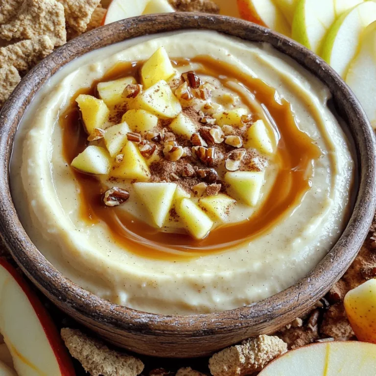- 8 oz cream cheese, softened - 1/2 cup powdered sugar - 1 tsp vanilla extract - 1/2 cup caramel sauce - 1 large apple (e.g., Granny Smith or Honeycrisp), diced - 1/2 tsp cinnamon - 1/4 cup chopped nuts (optional) - Sliced apples or graham crackers for serving To make this creamy and delicious treat, you need a few simple ingredients. First, grab 8 oz of softened cream cheese. This gives the dip its rich and smooth texture. Next, use 1/2 cup of powdered sugar to sweeten the mix. The sugar balances the cream cheese's tanginess. You’ll also need 1 tsp of vanilla extract for a warm flavor. Caramel is key to this recipe, so get 1/2 cup of caramel sauce. You can use store-bought or homemade, depending on your time. For the fruity twist, choose 1 large apple, like a Granny Smith or Honeycrisp. Dice it into small pieces. A hint of spice helps, so add 1/2 tsp of cinnamon. If you want extra crunch, 1/4 cup of chopped nuts is a great option. Walnuts or pecans work well here. Finally, have sliced apples or graham crackers ready for dipping. This combination will make your dip a hit! - Step 1: Beat cream cheese until smooth Start by putting the softened cream cheese in a medium bowl. Use an electric mixer to beat it until smooth and creamy. This step is key for a fluffy dip. - Step 2: Mix in powdered sugar Gradually add the powdered sugar to the cream cheese. Keep mixing until it is fully combined. This sugar adds sweetness and helps the dip become thicker. - Step 3: Add vanilla extract Next, pour in 1 teaspoon of vanilla extract. Mix it in well. The vanilla gives the dip a lovely flavor that pairs with the caramel and apples. - Step 4: Marble in caramel sauce Take about one-third of your caramel sauce and gently fold it into the cream cheese mixture. Aim for a marbled look. You want some swirls of caramel, not a fully mixed color. - Step 5: Fold in apples and cinnamon Dice your large apple and add it to the bowl. Sprinkle in the cinnamon, too. Stir gently to combine. The apple adds crunch, and the cinnamon gives a warm spice. - Step 6: Incorporate optional chopped nuts If you like, you can fold in 1/4 cup of chopped nuts. Walnuts or pecans work great. These add a nice crunch and extra flavor. - Step 7: Transfer and garnish with caramel Now, transfer your dip to a serving bowl. Drizzle the remaining caramel sauce on top. Let it cascade down the sides for a beautiful finish. Serve with sliced apples or graham crackers for dipping. Enjoy your tasty treat! - Ensure cream cheese is at room temperature: This step makes mixing easy. Cold cream cheese clumps and won’t blend well. Leave it out for about 30 minutes before you start. - How to create the perfect marbled effect: When adding the caramel, don’t mix it in completely. Use a spatula to gently fold it in. This keeps swirls of caramel visible. It looks pretty and adds flavor. - Substitutions for caramel sauce: If you don’t have caramel sauce, you can use honey or maple syrup. Both add sweetness, but the taste will change slightly. You can also make your own caramel sauce for a fun cooking project. - Best dippers for the cheesecake dip: Sliced apples are the best choice. They add a nice crunch and balance the sweet dip. Graham crackers also work great. They’re a classic option that kids love. You can even try pretzels for a salty contrast. - Presentation ideas for parties: Use a large bowl for the dip. Drizzle extra caramel on top for a stunning look. Surround the bowl with your dippers. This makes it easy for guests to grab their favorites. Add some fresh apple slices on the side for color and freshness. {{image_2}} You can get creative with flavors. Adding pumpkin spice gives your dip a warm, cozy feel for fall. Just mix in one teaspoon of pumpkin spice when you add the cinnamon. It will smell amazing and taste even better! Incorporating chocolate chips makes this dip richer. Use mini chocolate chips for a fun texture. Mix in about half a cup of chips after you fold in the apples. This twist makes the dip even more indulgent. If you need a gluten-free option, choose gluten-free graham crackers or fresh fruit for dipping. Apples and pears are great choices. They add freshness and crunch. For a vegan version, swap out the cream cheese with a plant-based alternative. You can also use maple syrup instead of powdered sugar. This keeps the taste sweet and creamy without dairy. To keep your caramel apple cheesecake dip fresh, store it in an airtight container. This helps maintain its creamy texture and flavor. You can also cover the bowl tightly with plastic wrap. This dip stays good in the fridge for about 3 to 5 days. After this time, the apples may brown and lose their crunch. You can enjoy this dip cold or at room temperature. If you prefer it warm, gently heat it in the microwave. Use short bursts of heat, around 15 seconds. Stir between each burst to get an even temperature. Be careful not to overheat it, as this can change the dip's texture. Warm or cold, it tastes great with sliced apples or graham crackers! Can I make this ahead of time? Yes, you can prepare this dip a day in advance. Store it in the fridge. This allows the flavors to meld nicely. Just remember to cover it well to keep it fresh. Is it possible to freeze the dip? I do not recommend freezing this dip. The cream cheese may change texture when thawed. It is best enjoyed fresh for that creamy taste. What types of apples work best in this recipe? I love using Granny Smith or Honeycrisp apples. They add a nice tartness that balances the sweet caramel and cream cheese. You can also try Fuji or Gala for a sweeter option. Can I use homemade caramel sauce? Absolutely! Homemade caramel sauce works great in this dip. It adds a personal touch and often tastes better than store-bought. Just make sure it cools before mixing it in. In this post, we covered how to make a delicious caramel apple cheesecake dip. We discussed the needed ingredients, simple steps, and helpful tips to get it just right. I also shared ideas for variations and how to store any leftovers. This dip is easy to make and perfect for parties. I hope you find joy in creating this tasty treat and sharing it with friends and family. Enjoy every creamy, sweet bite!