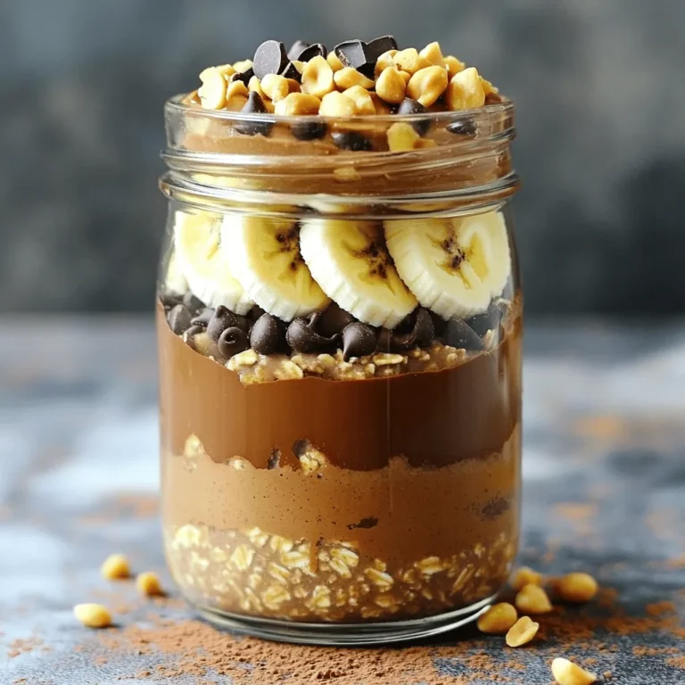 To make Chocolate Peanut Butter Overnight Oats, you'll need these main ingredients: - 1 cup rolled oats - 2 cups almond milk (or any milk of choice) - 2 tablespoons unsweetened cocoa powder - 2 tablespoons peanut butter (creamy or crunchy) - 2 tablespoons maple syrup (or honey) - 1 tablespoon chia seeds - 1 teaspoon vanilla extract - Pinch of salt These ingredients work together to create a rich, creamy, and satisfying breakfast. The rolled oats provide the base, while cocoa powder adds chocolate flavor. Peanut butter gives it a nutty taste and creaminess. Maple syrup or honey sweetens the mix, and chia seeds add a nice texture. You can make your oats even tastier with these optional toppings: - Banana slices - Crushed peanuts - Chocolate chips - Shredded coconut These toppings not only add flavor but also make your dish look beautiful. You can mix and match to suit your taste. If you love crunch, go for crushed peanuts. For a sweet touch, add chocolate chips. While almond milk is great, you can use other milks too. Here are some suggestions: - Soy milk - Oat milk - Coconut milk - Regular cow’s milk Each milk gives a unique taste and texture. If you're looking for creaminess, try coconut milk. For a protein boost, soy milk is a good choice. Use what you love! Start by gathering your ingredients. You will need: - 1 cup rolled oats - 2 cups almond milk (or any milk of choice) - 2 tablespoons unsweetened cocoa powder - 2 tablespoons peanut butter (creamy or crunchy) - 2 tablespoons maple syrup (or honey) - 1 tablespoon chia seeds - 1 teaspoon vanilla extract - Pinch of salt In a mixing bowl or a large jar, combine all these ingredients. Mix well until everything blends together. Make sure the peanut butter spreads evenly through the oats. This will ensure every bite has that rich flavor. The chia seeds will help thicken the oats as they sit overnight. If you want your oats to look nice, consider layering them. You can alternate layers of oats with your toppings. Try adding some banana slices or crushed peanuts between layers. This makes for a pretty presentation. It also adds texture. You can use a clear jar to show off those layers. After mixing, seal the container tightly. Place it in the fridge overnight. Let it chill for at least 4-6 hours for the best texture. In the morning, give the oats a good stir. If you want them thinner, add a splash of milk. Then, top them with your favorite extras. You can use chocolate chips, shredded coconut, or more banana slices. Enjoy your delicious and healthy breakfast! To make your oats creamy, always use rolled oats. They soak up the liquid well. Mix your oats with milk and let them rest overnight. This helps them soften. Using chia seeds also adds creaminess. They swell and create a nice texture. Stir well before serving to break up any clumps. If you want it even creamier, add more milk in the morning. You can easily scale this recipe for meal prep. Just double or triple the ingredients. Use a larger jar or bowl to mix everything. Divide the mixture into individual jars for easy grab-and-go breakfasts. You can store these jars in the fridge for up to five days. This way, you always have a quick, healthy meal ready. Adjust the sweetness to fit your taste. If you like it sweeter, add more maple syrup or honey. You can also try other sweeteners like agave or stevia. For different flavors, add spices like cinnamon or nutmeg. Mixing in a bit of vanilla extract enhances the overall taste, too. Don't hesitate to experiment with different toppings. Sliced bananas, crushed peanuts, or chocolate chips all make great choices. {{image_2}} Adding protein boosts your overnight oats. I like to mix in a scoop of protein powder. You can also use Greek yogurt for a creamy texture. It adds extra protein and a nice tang. If you prefer plant-based options, silken tofu works well too. Just blend it until smooth before mixing with other ingredients. For a fun twist, try adding spices. A pinch of cinnamon or nutmeg can elevate the flavor. You can also switch out the cocoa powder for carob powder for a different taste. If you want a fruity touch, add some berries or diced apples. These fruits pair nicely with chocolate and peanut butter. This recipe is easy to make vegan and gluten-free. Use almond milk or oat milk for dairy-free options. Make sure your oats are labeled gluten-free. You can replace honey with agave syrup for a plant-based sweetener. These swaps keep the oats tasty while meeting dietary needs. After you enjoy your Chocolate Peanut Butter Overnight Oats, store any leftovers in the fridge. Use an airtight container to keep them fresh. This will prevent odors from mixing with your oats. If you made extra servings, separate them into individual jars. This makes it easy to grab a delicious breakfast on busy mornings. You can enjoy your overnight oats cold or warm them up. To reheat, simply add a splash of milk. Then, microwave in short bursts of 30 seconds. Stir between each burst until they reach your desired warmth. Be careful not to overheat, or they may become dry. Your Chocolate Peanut Butter Overnight Oats can last in the fridge for about 3 to 5 days. The oats will soak up the liquid and soften over time. If they look dry, stir in more milk. However, if you notice any strange smells or colors, it's best to toss them. Enjoy your tasty, easy breakfast without worry! Rolled oats are the best choice for overnight oats. They soak up liquid well. This gives them a creamy texture. Quick oats can work too, but they may become mushy. Steel-cut oats are not ideal since they need more time to soften. Yes, you can use other nut butters! Almond butter, cashew butter, or sunflower seed butter are great options. Each nut butter adds a unique flavor. Just keep the amount the same as peanut butter. These oats last about 3 to 5 days in the fridge. Store them in an airtight container. This keeps them fresh and tasty. If you add toppings, do so right before serving for the best crunch. Yes, this recipe is perfect for meal prep! You can make a batch ahead of time. Simply divide the mixture into jars. This way, you have a quick breakfast ready all week. This blog post covered the key ingredients to make delicious overnight oats. We explored main components, optional toppings, and plant-based milk choices. I shared step-by-step instructions for preparation and serving, plus tips for creamy textures and meal prep. We discussed tasty variations, storage methods, and common questions, ensuring you feel ready to create your own oats. Remember, customizing your overnight oats can make this dish truly yours. Enjoy experimenting and discovering new flavors with each batch. Your journey to perfect overnight oats starts now!