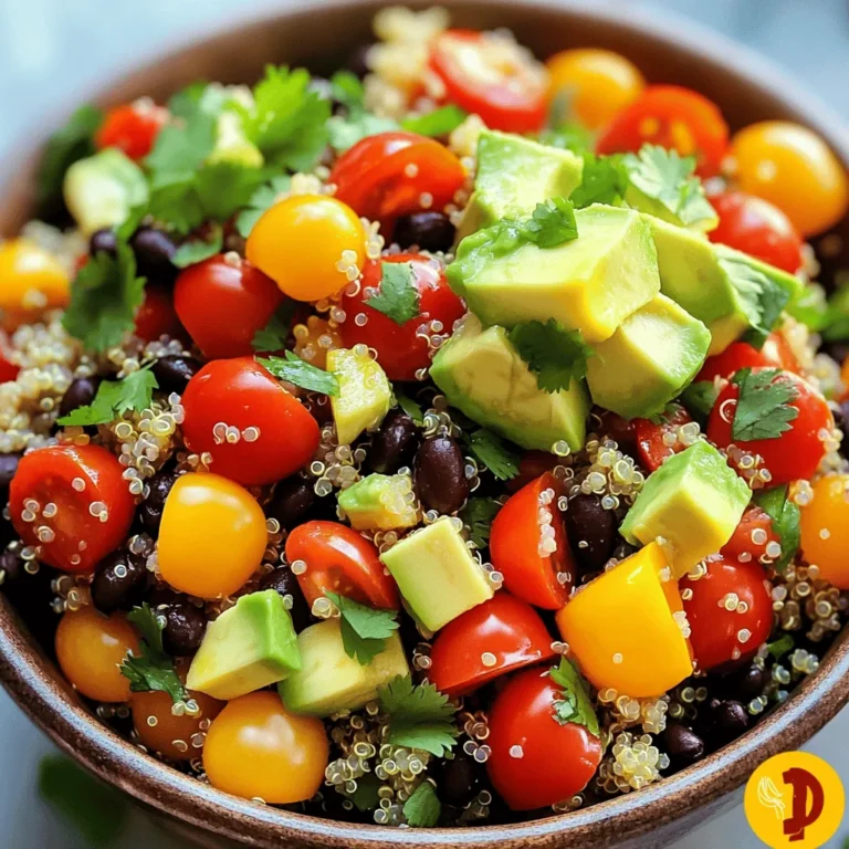 - 1 cup quinoa, rinsed - 2 cups vegetable broth - 1 cup cherry tomatoes, halved - 1 cup black beans, drained and rinsed - 1 red bell pepper, diced - 1 cup corn (fresh or frozen) - 1 avocado, diced - 1/4 cup red onion, finely chopped - 1/4 cup fresh cilantro, chopped - Juice of 2 limes - 3 tablespoons olive oil - 1 teaspoon cumin - Salt and pepper to taste When picking ingredients, focus on color and smell. For tomatoes, choose plump ones with vibrant color. They should smell sweet and earthy. Look for bell peppers that are firm and smooth. Avoid any with wrinkles or soft spots. For avocados, press gently. If it gives slightly, it is ripe. Fresh cilantro should be bright green, with no brown edges. For corn, fresh is best, but frozen works too. Always check the expiration date on canned beans for quality. For quinoa, I suggest brands like Bob's Red Mill or Ancient Harvest. Both offer high-quality grains that cook well. For canned beans, look for Eden Foods or Goya. They provide great taste and use fewer preservatives. Always rinse canned beans to reduce sodium. This ensures your salad is not only tasty but also healthy. To cook quinoa, start by rinsing one cup of quinoa under cold water. This helps remove any bitter taste. Next, pour two cups of vegetable broth into a medium saucepan. Bring it to a boil. Once boiling, add the rinsed quinoa. Reduce the heat to a simmer and cover the pot. Let it cook for about 15 minutes. The quinoa should be fluffy, and the liquid will be absorbed. Once done, take it off the heat and let it cool. In a small bowl, gather your dressing ingredients. You need the juice of two limes, three tablespoons of olive oil, one teaspoon of cumin, and salt and pepper to taste. Whisk these together until they blend well. Taste it and adjust the seasoning if needed. This dressing adds a bright and zesty flavor to the salad. In a large mixing bowl, combine the cooled quinoa with one cup of halved cherry tomatoes, one cup of drained and rinsed black beans, one diced red bell pepper, one cup of corn, one diced avocado, one-fourth cup of finely chopped red onion, and one-fourth cup of chopped fresh cilantro. Pour the dressing over the mixture. Gently toss everything together. Be careful not to mash the avocado. This way, you keep the salad looking fresh and colorful. For best taste, chill the salad in the fridge for at least 30 minutes before serving. To make quinoa fluffy, rinse it well before cooking. This removes bitter saponins. Use vegetable broth for great flavor. Bring the broth to a boil, then add the rinsed quinoa. Lower the heat and cover the pot. Cook it for about 15 minutes. When done, let it sit covered for 5 more minutes. This helps it get even fluffier. Fluff it gently with a fork before using. This salad is naturally vegan and gluten-free. Quinoa is a great grain for all diets. If you want to swap the black beans, try chickpeas or kidney beans. For a nutty taste, add toasted nuts or seeds. You can also use lime juice or vinegar in the dressing for a twist. Just check the labels on canned goods to ensure they are gluten-free. Add more flavor with herbs and spices. Fresh cilantro adds a nice touch. You can also add jalapeños for some heat. If you want more crunch, try adding diced cucumber or radishes. For a richer texture, mix in some roasted corn or bell peppers. These small changes can take your Fiesta Quinoa Salad to the next level! {{image_2}} You can boost protein in your Fiesta Quinoa Salad easily. Try adding cooked chicken or shrimp for a meat option. If you prefer plant-based protein, add edamame or chickpeas. Tofu is another great choice. Simply cube it and toss it in. This not only makes your salad heartier but also keeps it filling. You can change ingredients based on the seasons. In summer, add diced cucumber or fresh mango for a refreshing touch. In fall, roasted sweet potatoes or butternut squash work well. You can also swap out black beans for kidney beans in winter. These swaps keep your salad exciting all year long. While the lime dressing is tasty, you can experiment with other flavors. A balsamic vinaigrette can add a sweet touch. You might also try a spicy peanut dressing for a kick. For a creamier option, mix in some Greek yogurt with the lime juice. Each dressing can change the whole vibe of your salad. To keep your Fiesta Quinoa Salad fresh, store it in an airtight container. This helps lock in moisture and flavor. If you have leftover dressing, keep it separate. This way, the salad stays crisp and tasty. Make sure to use clean utensils when serving to avoid contamination. The salad stays good in the fridge for about 3 to 5 days. After this time, the veggies may lose crunch. The avocado can brown and change the taste. Always check for freshness before serving leftovers. If it smells or looks off, it’s best to toss it. You can freeze Fiesta Quinoa Salad, but avoid freezing the avocado. This can change its texture. To freeze, place the quinoa and veggies in a freezer-safe bag. Squeeze out the air before sealing. Thaw it in the fridge overnight when you want to eat it again. Reheat gently on the stove or microwave. This keeps flavors intact and ensures a delightful meal. Yes, you can make Fiesta Quinoa Salad ahead of time. The flavors blend better when it sits. I recommend making it a few hours in advance. You can even prepare it the day before. Just store it in the fridge in an airtight container. Before serving, give it a gentle stir to mix the flavors. Fiesta Quinoa Salad pairs well with many dishes. You can serve it with grilled chicken or fish for protein. It also tastes great alongside tacos or burritos. For a light meal, enjoy it with a side of fresh fruit. This salad is versatile and complements many types of cuisine. Yes, quinoa salad is healthy and nutritious. Quinoa is a complete protein, meaning it has all the essential amino acids. It is also high in fiber, which aids digestion. The salad includes colorful veggies like bell peppers and tomatoes. These add vitamins, minerals, and antioxidants. This salad is a great choice for a balanced meal. Fiesta Quinoa Salad is a vibrant mix of fresh flavors and healthy ingredients. We’ve detailed the best ingredients to use, how to cook quinoa perfectly, and some great tips for making the dish just right. You can customize it with different proteins and dressings or store it wisely for later meals. Enjoy this salad any time of year, knowing it fits various diets. Whipping up this salad will impress your friends and family with its taste and nutrition.