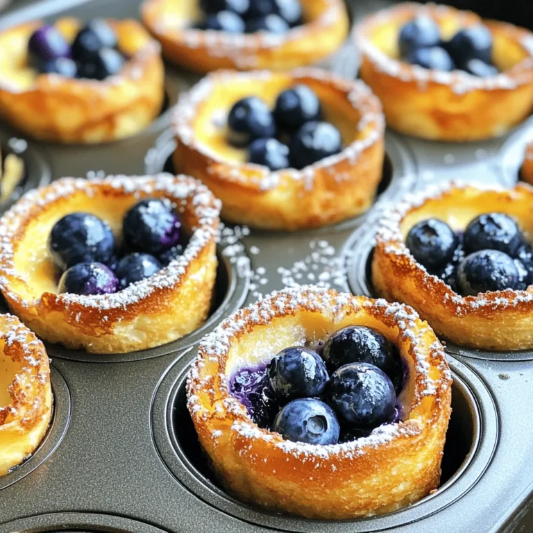 Baked Blueberry French Toast Cups are a sweet and easy breakfast. They are perfect for a lazy weekend or a special brunch. You can prepare them quickly and bake them in just 25-30 minutes. This recipe makes 12 tasty cups that everyone will love. Here are the main ingredients you need for this recipe: - 8 slices of bread (preferably brioche or challah), cut into small cubes - 2 cups fresh blueberries - 4 large eggs - 1 cup milk (dairy or non-dairy) - 1/4 cup maple syrup - 1 teaspoon vanilla extract - 1 teaspoon cinnamon - 1/4 teaspoon nutmeg - 1 tablespoon butter (for greasing) Each ingredient adds flavor and texture. The bread forms the base. Blueberries add a burst of sweetness. Eggs and milk create a creamy mixture. You can also add these optional ingredients for extra flavor: - Powdered sugar (for dusting, optional) Dusting with powdered sugar gives a nice touch. It adds sweetness and makes the cups look pretty. Feel free to skip this if you prefer a less sweet dish. Using these ingredients, you can create a delightful breakfast treat that is fun to eat. First, you need to preheat your oven to 350°F (175°C). While it heats, grab your muffin tin and lightly grease it with butter. This step helps your French toast cups release easily after baking. In a large mixing bowl, whisk together the eggs, milk, maple syrup, vanilla extract, cinnamon, and nutmeg. Mix until everything is well blended. Next, add the cubed bread to the egg mixture. Gently fold the bread until all pieces soak up the mixture. This soaking is key to a soft and tasty cup. Then, carefully add the fresh blueberries. Fold them in gently to keep them whole. Now, it’s time to fill the muffin tin. Spoon the mixture evenly into each cup, filling them about 3/4 full. This allows room for the cups to rise during baking. Place the muffin tin in the preheated oven. Bake for 25-30 minutes. You want the tops to turn a golden brown and the centers to set. Keep an eye on them as they bake. It’s hard to resist the warm, sweet smell! Once baked, let the French toast cups cool for a few minutes. This makes them easier to remove from the tin. Use a butter knife to gently loosen each cup from the sides. Carefully lift them out and place them on a serving plate. For a fun touch, you can dust the tops with powdered sugar. This adds a sweet finish and makes them look even more inviting. Enjoy these delightful bites warm! To get the best texture, let the bread soak well. This step is key. It helps the bread absorb the egg mixture. If you rush this, your cups may be dry. Aim for a soft, custardy inside. Bake them just until the tops are golden brown. This keeps the centers moist and fluffy. For these cups, use brioche or challah. Both are soft and sweet, which adds to the flavor. You can use day-old bread too. It soaks up the mixture better. Avoid using bread that is too crusty. Crusty bread can lead to tough cups that are hard to eat. Use fresh blueberries for the best taste. If you want more flavor, add a splash of lemon juice. This gives a bright taste that pairs well with blueberries. Consider adding a pinch of salt to the egg mixture. Salt brings out the sweetness of the maple syrup. You can also sprinkle some nuts on top before baking for extra crunch! {{image_2}} You can switch up the berries in these cups. Try raspberries, strawberries, or blackberries. Each berry gives a new taste. Use 2 cups of any berry you like. Mix them in just like you do with blueberries. You can even combine different berries for a fun twist. Each option brings a unique flavor that makes breakfast special. Want a gluten-free version? You can use gluten-free bread. Look for options made from rice or almond flour. Cut the bread into small cubes, just like the recipe says. The rest of the steps remain the same. You will still enjoy those fluffy, delicious French toast cups without the gluten. Add toppings to make your French toast cups even better. Here are some ideas: - Chopped nuts like walnuts or pecans for crunch. - Chocolate chips for a sweet surprise. - Coconut flakes for a tropical touch. - Cream cheese for a rich, creamy layer. Feel free to mix in your favorites. These options let you get creative and make each batch unique. Enjoy exploring these variations! To keep your baked blueberry French toast cups fresh, store them in an airtight container. Place parchment paper between layers to avoid sticking. They will last for up to three days in the fridge. If you want to keep them longer, freezing is a great option. Reheat your French toast cups in the oven for the best results. Set your oven to 350°F (175°C). Place the cups on a baking sheet and cover them with foil. Heat for about 10-15 minutes, or until warmed through. You can also use the microwave, but they may become a bit soggy. Heat them in 30-second bursts until warm. To freeze, let the cups cool completely. Place them in a single layer on a baking sheet. Once frozen, transfer them to a freezer-safe bag. They can stay in the freezer for up to two months. When you're ready to enjoy, thaw them overnight in the fridge before reheating. Yes, you can prepare the Baked Blueberry French Toast Cups ahead. Just follow these steps: - Mix the egg mixture and bread as usual. - Place the mixture in the muffin tin but do not bake it yet. - Cover the tin with plastic wrap and store it in the fridge overnight. - The next morning, simply bake them as directed. This saves time for busy mornings. You will know the French toast cups are done when they look golden brown. A toothpick inserted in the center should come out clean. If it has wet batter, give them a few more minutes. The edges may puff up a bit, and the tops should not jiggle. These cups pair well with many tasty sides. Here are some ideas: - A drizzle of more maple syrup for extra sweetness. - Whipped cream for a creamy topping. - Fresh fruit like strawberries or bananas for added flavor. - A dollop of yogurt to balance the sweetness. These sides can make your meal even better! You now have a complete guide to making delicious Baked Blueberry French Toast Cups. We covered the needed ingredients and step-by-step instructions. Tips for texture and flavor help perfect your dish. We explored variations for everyone, including gluten-free options. You can store and reheat these cups easily. Try these cups for a tasty breakfast treat. Enjoy sharing them with friends and family! You’ll love the fun of making and serving them. Everyone will ask for the recipe.